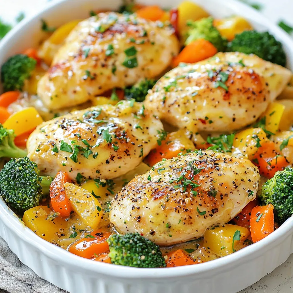 For this recipe, you need 4 boneless, skinless chicken breasts. The chicken is the main part of the dish. It soaks up the garlic butter flavor well. Choose fresh chicken for the best taste. You'll use a mix of vegetables to add color and nutrients: - 2 cups broccoli florets - 1 cup baby carrots, sliced - 1 cup bell peppers, diced (red or yellow) These veggies bring crunch and sweetness. They also cook well with the chicken. You can swap in your favorites if you like. The seasonings elevate the dish. You will need: - 4 tablespoons unsalted butter - 6 cloves garlic, minced - 1 teaspoon paprika - 1 teaspoon dried thyme - Salt and pepper to taste - Fresh parsley, chopped (for garnish) The garlic and butter create a rich sauce. Paprika adds a nice warmth. Thyme gives an earthy note. Remember to taste and adjust salt and pepper. You want a balanced flavor. {{ingredient_image_1}} First, preheat your oven to 400°F (200°C). This step is key for even cooking. Next, gather your ingredients. You need four boneless, skinless chicken breasts, butter, garlic, broccoli, carrots, and bell peppers. Don't forget your seasonings like paprika and thyme. They add great flavor! In a large, oven-safe skillet, melt two tablespoons of butter over medium heat. While it melts, season both sides of the chicken breasts. Use salt, pepper, paprika, and dried thyme. These spices will make your chicken tasty. Once the skillet is hot, add the chicken. Sear each side for about 4-5 minutes until golden brown. Remove the chicken and set it aside on a plate. In the same skillet, add the remaining butter and minced garlic. Let it melt and become fragrant. Then, toss in the broccoli florets, sliced carrots, and diced bell peppers. Sauté these veggies for about 3-4 minutes. They should start to soften but still be crisp. This adds great texture to your dish! Now, return the chicken to the skillet. Place it on top of the sautéed vegetables. Spoon some of the veggies over the chicken. This helps the flavors blend. Transfer the skillet to your preheated oven. Bake for 20-25 minutes. Check that the chicken reaches an internal temperature of 165°F (75°C). Once cooked, remove the skillet and let it rest for a few minutes. Finally, garnish with fresh parsley before serving. Enjoy this delicious garlic butter chicken with your crisp-tender veggies! To make the garlic butter sauce shine, use fresh garlic. Fresh garlic gives a stronger taste than jarred. When you cook the garlic, do not let it brown. Brown garlic can taste bitter. Add the garlic to the pan just after you melt the butter. This keeps the flavor bright. Stir it often so it does not burn. A squeeze of lemon juice at the end adds a nice touch. It balances the richness of the butter. You can change the veggies to suit your taste. Green beans, zucchini, or asparagus work well. They cook fast and taste great with garlic. For a sweeter touch, try using corn. Just remember to adjust the cooking time. Some veggies take longer than others. Always add harder veggies first. For example, carrots need more time than bell peppers. The cooking time may vary based on your oven. Always check the chicken with a meat thermometer. The safe internal temperature is 165°F (75°C). If your chicken is thicker, it may need more time. For smaller pieces, reduce the time by a few minutes. Keep an eye on the veggies, too. You want them tender but not mushy. If you like them crisp, check them often. Pro Tips Rest the Chicken: Allow the chicken to rest for a few minutes after baking. This helps the juices redistribute, ensuring a moist and flavorful bite. Use Fresh Herbs: While parsley makes a great garnish, consider adding fresh thyme or rosemary for an extra layer of flavor. Customize Your Veggies: Feel free to swap in or add your favorite vegetables. Zucchini, asparagus, or green beans can work wonderfully in this dish. Check Doneness: Always use a meat thermometer to check for doneness. Chicken should reach an internal temperature of 165°F (75°C) to ensure it's fully cooked. {{image_2}} You can switch up the protein in this dish. Try using shrimp, pork, or even tofu. Each option gives a new taste while keeping the same garlic butter flavor. If you use shrimp, cook it for less time. Shrimp cooks quickly, so just sauté it for 2-3 minutes. For pork, use tenderloins or chops. Adjust the cooking time to ensure it reaches 145°F (63°C). Tofu is a great option for a meat-free meal. Just press and cube it before adding. Feel free to mix different veggies in this recipe. Asparagus, zucchini, or snap peas work great. You can also try using green beans or cauliflower. Each veggie brings its own taste and texture. Just remember to cut the vegetables into similar sizes. This helps them cook evenly. You can also change the amount of vegetables. Add more or less based on your taste and what you have at home. Herbs can change the flavor of this dish. Try using rosemary or oregano for a different twist. Fresh herbs bring bright flavors, while dried herbs work well too. You can also add a pinch of red pepper flakes for some heat. This adds a nice kick without overpowering the dish. Experiment with different herb blends to find what you love. Each herb offers a unique taste that can make your meal special. After cooking, let your garlic butter chicken and veggies cool down first. Place leftovers in a shallow, airtight container. Store in the fridge for up to three days. When you are ready to eat, just check for any signs of spoilage before reheating. You can freeze this dish for up to three months. To do this, let it cool completely. Then, pack the chicken and veggies in a freezer-safe bag or container. Remove as much air as possible to prevent freezer burn. When ready to eat, thaw it overnight in the fridge. You can reheat your garlic butter chicken and veggies in several ways. For the best flavor, use an oven. Preheat it to 350°F (175°C). Place the dish in a safe baking dish and cover it with foil. Bake for about 15-20 minutes until hot. You can also use a microwave. Heat in short intervals, stirring between each, until warm. You can serve Garlic Butter Chicken and Veggies with many sides. Here are some ideas: - Rice: White or brown rice soaks up the sauce well. - Quinoa: This grain adds protein and fiber. - Mashed Potatoes: Creamy potatoes complement the chicken's flavor. - Crusty Bread: Use it to mop up the garlic butter sauce. - Salad: A fresh green salad adds crunch and balance. Each side brings its own charm and works great with this dish. Yes, you can use frozen vegetables! They are convenient and save time. Just note that frozen veggies may release more water. - Cooking Time: You might need to cook them a bit longer. - Flavor: Frozen veggies have great taste and nutrition. - Variety: You can mix different frozen veggies for more color. Simply add them to the skillet and sauté until heated through. Making Garlic Butter Chicken and Veggies healthier is easy. Here are some tips: - Use less butter: You can cut the butter in half. - Add more vegetables: Increase the veggie amount for more fiber. - Choose leaner chicken: Use chicken thighs instead of breasts for extra flavor. - Reduce salt: Use herbs and spices for flavor without extra salt. These small changes keep the dish tasty and nourishing. This blog post covered garlic butter chicken and veggies in detail. I shared the key ingredients, step-by-step instructions, and helpful tips. You learned about different variations to try and how to store your dish. Remember, cooking is fun and flexible. Feel free to make this dish your own. Enjoy the process, and make every meal special!
