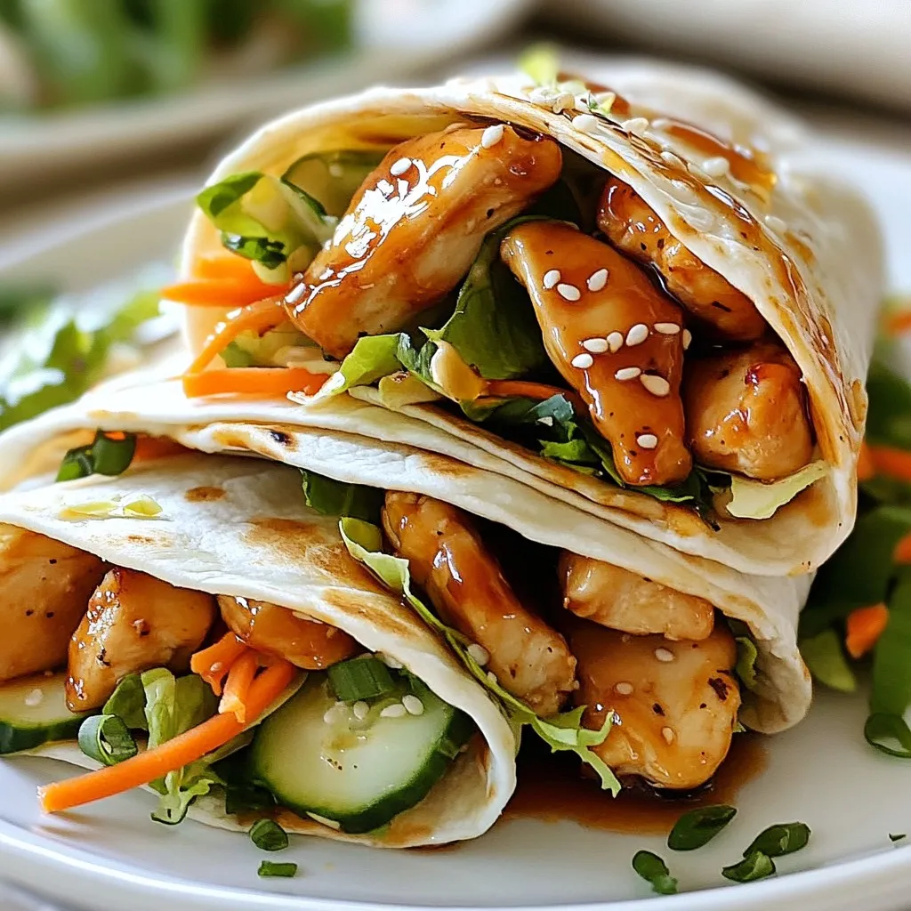 - Chicken and Marinade Components - 2 boneless chicken breasts, thinly sliced - 1/4 cup homemade teriyaki sauce (mix 2 tbsp soy sauce, 1 tbsp honey, 1 tbsp rice vinegar, and 1 tsp grated ginger) The chicken is the star here. Thin slices cook fast and soak up the sauce well. The teriyaki sauce adds a sweet and savory kick. You can make it at home with easy ingredients. - Tortillas and Fresh Vegetables - 4 large tortillas or wraps - 1 cup shredded carrots - 1 cup mixed greens (spinach, arugula, or lettuce) - 1/2 cucumber, julienned - 1/4 cup green onions, chopped The tortillas hold everything together. Fresh vegetables add crunch and color. Carrots give sweetness, while cucumber adds freshness. Mixed greens offer a healthy touch. - Optional Garnishes - Sesame seeds for garnish - Olive oil for cooking - Salt and pepper to taste Garnishes make the wraps look pretty. Sesame seeds add a nutty flavor. Olive oil helps cook the chicken just right. Don't forget to season with salt and pepper! {{ingredient_image_1}} Marination is key for flavor. Letting the chicken sit in the teriyaki sauce adds depth. Aim for at least 15 minutes. If you have more time, longer marination works even better. You can use other sauces too. Try BBQ sauce or a sweet chili sauce for a twist. For perfectly cooked chicken, heat your skillet before adding the chicken. This helps it sear nicely. Cook the chicken for 5-7 minutes. You want it golden and cooked through. To check for doneness, cut a piece and look inside. The meat should be white, not pink. Lay your tortillas flat on a clean surface. Start with mixed greens for a fresh base. Next, add shredded carrots for crunch and color. Then, pile on the cooked chicken. Finally, add julienned cucumber for a cool bite. To wrap, fold the sides inward. Then, roll from the bottom to the top. This keeps everything inside. After wrapping, sprinkle sesame seeds and green onions on top. Slice the wraps in half for easy eating. Enjoy the burst of flavors in every bite! Enhancing Flavor Profiles Marinating is key to making your teriyaki chicken wraps burst with flavor. Use a homemade teriyaki sauce for the best taste. Combine soy sauce, honey, rice vinegar, and grated ginger. This mix adds sweetness and depth. Coat your chicken slices well in the sauce. Time Considerations Let the chicken marinate for at least 15 minutes. This time is enough for the flavors to soak in. For even better results, you can marinate it for up to two hours. This longer time will make each bite more delicious. Skillet vs. Grill Cooking You can cook the chicken in a skillet or on the grill. A skillet gives you more control over cooking. Heat olive oil in the skillet until it's hot. Then add the marinated chicken. If you grill, make sure to preheat the grill well. Both methods yield tasty results. Avoiding Dry Chicken To keep your chicken juicy, cook it over medium heat. Cook until it turns golden brown and is no longer pink inside. Avoid cooking it too long, as it will dry out. Use a meat thermometer to check that it reaches 165°F for safety. Ideal Pairings for Teriyaki Chicken Wraps These wraps pair well with fresh veggies and dips. Serve with a side of edamame or a light salad. You can also add extra sauces like sriracha for a spicy kick. Plating Tips When presenting your wraps, slice them diagonally. This makes them easier to eat and looks nice. Arrange them on a platter, and sprinkle sesame seeds and green onions on top. This adds color and texture to your dish. Pro Tips Marinate for Flavor: The longer you marinate the chicken, the more flavorful it will be. For best results, consider marinating for at least 30 minutes or even overnight. Use Fresh Ingredients: Fresh veggies not only enhance the taste but also add vibrant colors to your wraps. Always opt for crisp, seasonal produce. Customize Your Wrap: Feel free to modify the wrap ingredients based on your preference. Add avocado or bell peppers for an extra crunch and flavor. Perfect Your Wrap Technique: For a tighter wrap, ensure you don’t overfill the tortillas. A well-wrapped tortilla is easier to eat and holds together better. {{image_2}} You can swap chicken for tofu, shrimp, or beef. Tofu is a great choice for vegans. It soaks up the teriyaki sauce and adds flavor. For a hearty option, use thinly sliced beef. Cook it just like chicken for a tasty twist. Try different wraps for a new taste. Flour tortillas are soft and easy to find. Whole wheat wraps add fiber and a nutty flavor. If you need gluten-free options, choose rice paper or corn tortillas. You can also use lettuce leaves for a fresh, low-carb wrap. Add extra crunch or flavor with toppings. Sliced bell peppers or radishes give a nice bite. You can also try avocado or pickled veggies for a unique taste. Use seasonal ingredients like fresh herbs or ripe tomatoes to keep it fresh and exciting. After making your teriyaki chicken wraps, you might have some left. To keep them fresh, wrap them tightly in plastic wrap or foil. Place them in an airtight container. This helps prevent air from drying them out. Store them in the fridge for up to three days. If you want to save wraps for later, you can freeze them. First, wrap each one in plastic wrap. Then, put them in a freezer bag. Remove as much air as possible to avoid freezer burn. They can stay frozen for up to three months. To thaw, take the wraps out of the freezer. Place them in the fridge overnight. This way, they will have the best texture when you reheat them. You can reheat your wraps in several ways. Here are three great options: - Oven: Preheat the oven to 350°F (175°C). Place wraps on a baking sheet. Heat for about 10-15 minutes until warm. - Microwave: Place a wrap on a microwave-safe plate. Heat for 30 seconds to one minute. Check if it's warm enough, then enjoy! - Skillet: Heat a skillet over medium heat. Add a little olive oil. Place the wrap in the skillet and cook for about 2-3 minutes per side until hot. These methods will help you enjoy your teriyaki chicken wraps again! Teriyaki sauce is simple to make. You need soy sauce, honey, rice vinegar, and ginger. This mix gives the sauce a sweet and salty flavor. If you don’t have these items, you can try these substitutes: - Soy Sauce: Use tamari or coconut aminos for gluten-free options. - Honey: Maple syrup works well for a vegan choice. - Rice Vinegar: Apple cider vinegar can replace rice vinegar. - Ginger: Ground ginger is a quick option if fresh isn't available. Creating your own teriyaki sauce lets you control the taste. It's fun to experiment with these ingredients! Yes, you can prep Teriyaki Chicken Wraps in advance. This can save time during busy days. Here are some meal prep tips: - Marinate the Chicken: You can marinate the chicken a day before. Keep it in the fridge until you’re ready to cook. - Assemble Wraps: If you want to prepare wraps, keep the veggies and chicken separate. Wrap them just before serving. This keeps the tortillas fresh. - Storage: Place everything in airtight containers. This helps keep your food fresh and tasty. You can change the spice level to fit your taste. Here’s how: - Add Heat: Mix in red pepper flakes or a dash of hot sauce to the teriyaki sauce. - Mild Options: Skip the spicy additions. Just stick to the sweet and savory flavors of the sauce. - Taste and Adjust: Always taste your sauce as you mix. Adjust until it’s perfect for you. These tips let you enjoy your Teriyaki Chicken Wraps just the way you like them! In this article, we explored the key ingredients and steps to make delicious Teriyaki Chicken Wraps. I shared tips on marinating chicken, cooking it perfectly, and assembling tasty wraps. We also discussed various adaptations for dietary needs and storage methods for leftovers. With these tools, you can enjoy flavorful, homemade Teriyaki Chicken Wraps anytime. Don't hesitate to experiment with ingredients and make it your own! Enjoy your cooking journey!