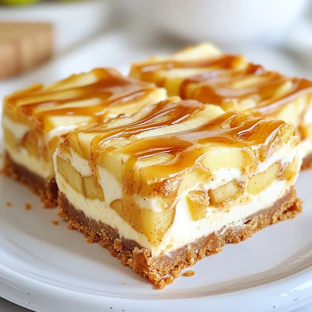 To make these delicious caramel apple cheesecake bars, gather these key ingredients: - 2 cups graham cracker crumbs - 1/2 cup unsalted butter, melted - 1/4 cup granulated sugar - 2 (8-ounce) packages cream cheese, softened - 1 cup powdered sugar - 1 teaspoon vanilla extract - 2 large eggs - 2 cups apples, peeled, cored, and diced (preferably Granny Smith) - 1 teaspoon cinnamon - 1/2 cup caramel sauce (store-bought or homemade) Garnishing can add a nice touch. Consider these optional ingredients: - Chopped nuts for topping You will need some basic tools for this recipe: - 9x13 inch baking dish - Parchment paper - Mixing bowls - Electric mixer - Spatula - Toothpick or knife for swirling These simple tools will help you create the best caramel apple cheesecake bars. Enjoy the process! {{ingredient_image_1}} First, set your oven to 350°F (175°C). This step is key for baking. Next, grab a 9x13 inch baking dish. Line it with parchment paper and let some hang over the edges. This helps you lift the bars out later. In a medium bowl, mix 2 cups of graham cracker crumbs, 1/2 cup of melted unsalted butter, and 1/4 cup of granulated sugar. Use a fork to combine them well. Press this mixture into the bottom of your baking dish. Make sure it is even and packed down. In a large mixing bowl, beat 2 packages of softened cream cheese with an electric mixer. Keep mixing until it is smooth. Add 1 cup of powdered sugar and 1 teaspoon of vanilla extract. Mix until everything is well combined. Now, beat in 2 large eggs one at a time, mixing well after each one. In a separate bowl, take 2 cups of peeled and diced apples, preferably Granny Smith. Toss them with 1 teaspoon of cinnamon until they are covered. Gently fold this apple mixture into your cheesecake batter. Pour the mixture over your cooled crust, spreading it evenly. Drizzle 1/2 cup of caramel sauce on top. Use a toothpick or knife to create pretty swirls. Slide the baking dish into your preheated oven. Bake for 30-35 minutes. The cheesecake should be set but still jiggle a bit in the center. Once done, take it out and let it cool completely in the pan. Put it in the fridge for at least 3 hours, or overnight, before cutting it into bars. Enjoy your sweet treat! To make a great crust, use fresh graham cracker crumbs. You can crush whole crackers in a bag. Combine them well with melted butter and sugar. Press the mixture into the baking dish firmly. This helps it hold together. Bake it just until golden, about 8-10 minutes. For a smooth cheesecake filling, start with softened cream cheese. Beat it well until fluffy. Add powdered sugar and vanilla next, mixing until fully combined. Beat in each egg one at a time. This step is key for a creamy texture. Avoid over-mixing after adding eggs to keep it light. When choosing apples, use Granny Smith for best flavor. Peel, core, and dice them evenly. Toss the apple pieces in cinnamon to add warmth. This mix enhances the cheesecake’s taste. Fold them gently into the batter to keep chunks intact. This way, each bite is packed with apple goodness. Pro Tips Choose the Right Apples: For a perfect balance of tartness and sweetness, opt for Granny Smith apples. Their firm texture holds up well in baking. Soften Cream Cheese Properly: Ensure your cream cheese is at room temperature for a smooth and creamy cheesecake filling. This prevents lumps and helps it blend seamlessly. Cool Before Refrigerating: Allow the cheesecake bars to cool completely at room temperature before refrigerating. This helps set the texture perfectly. Add a Touch of Salt: A pinch of salt in the caramel sauce enhances the flavors and balances the sweetness, making the dessert even more delightful. {{image_2}} You can easily change the taste of your caramel apple cheesecake bars. Adding spices like nutmeg or allspice gives a warm flavor. You can also mix in some ginger for a hint of zest. If you love chocolate, try adding cocoa powder to the crust. This twist makes it richer and more exciting. The toppings can really change your bars. Chopped nuts like walnuts or pecans add a nice crunch. You could also use crushed toffee bits for a sweet surprise. If you want more fruit flavor, add raisins or dried cranberries to the apple mix. They blend well and add a chewy texture. Making these bars gluten-free is simple. Just use gluten-free graham crackers for the crust. For a dairy-free version, substitute cream cheese with vegan cream cheese. You can also use a plant-based butter for the crust. These swaps let everyone enjoy the treat without worry. To keep your caramel apple cheesecake bars fresh, store them in an airtight container. I recommend using a glass or plastic container with a tight lid. This helps prevent drying out and keeps the bars tasty. You can also cover the dish with plastic wrap if you don’t have a container. These cheesecake bars last about 5 days in the fridge. For longer storage, you can freeze them. Wrap each bar in plastic wrap and then place them in a freezer-safe bag. They will stay good for up to 2 months. Remember to label the bag with the date you made them. When you want to enjoy your cheesecake bars again, simply take them out of the fridge. You can serve them cold straight from the fridge, which is how I like them. If you prefer them warm, microwave each bar for about 10-15 seconds. Enjoy the creamy, sweet flavors! Yes, you can use different types of apples. I recommend using tart apples like Granny Smith. Their tartness balances the sweet caramel and creamy cheesecake. Other good choices include Honeycrisp or Fuji apples. These apples add sweetness and crunch. Just make sure to peel and core them first. If your cheesecake is runny, it may be undercooked. Make sure to bake it until it jiggles slightly in the center. If it still seems runny after cooling, try chilling it longer. A proper chill can help it set up. You may also add an extra egg next time for a firmer texture. To cut cheesecake bars, use a sharp knife. Warm the knife in hot water, then dry it off. This helps create clean cuts. Cut straight down and avoid sawing back and forth. Wipe the knife clean after each cut for neat squares. This method keeps your slices looking great! We explored the key ingredients, preparation steps, and useful tips for a delicious cheesecake. I highlighted variations to keep things fresh and fun. Proper storage methods help extend its life, too. Remember, the right apples and a creamy filling are vital for a tasty treat. You can make it your own with many toppings and flavors. Now, you’re ready to bake and enjoy a delightful cheesecake, impressing yourself and others. Happy baking!