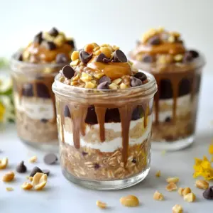 To make Peanut Butter Cup Overnight Oats, you will need: - 1 cup rolled oats - 2 cups almond milk (or your preferred milk) - 2 tablespoons natural peanut butter - 1 tablespoon cocoa powder - 2 tablespoons honey or maple syrup (adjust to taste) - 1 teaspoon vanilla extract - A pinch of salt - 1/4 cup mini chocolate chips (plus extra for topping) - Chopped peanuts (for garnish) These ingredients blend well together. They create a tasty and filling breakfast. You can swap ingredients to fit your needs. Here are some ideas: - Use oat milk or soy milk instead of almond milk for nut allergies. - Replace honey with agave syrup for a vegan option. - If you avoid gluten, choose gluten-free oats. - Swap mini chocolate chips with dark chocolate or carob chips. These substitutes still keep the dish delicious. Each ingredient has its own benefits. Here&rsquo;s a quick look: - Rolled oats: High in fiber, they help keep you full longer. - Almond milk: Low in calories and rich in vitamins like E. - Peanut butter: Packed with protein, it provides energy and flavor. - Cocoa powder: Offers antioxidants and adds a rich chocolate taste. - Honey or maple syrup: Natural sweeteners that provide quick energy. - Mini chocolate chips: Adds fun and a touch of sweetness. - Chopped peanuts: Gives a nice crunch and extra protein. With these ingredients, your overnight oats are not just tasty, but also good for you! {{ingredient_image_1}} To make Peanut Butter Cup Overnight Oats, first, gather your ingredients. You will need rolled oats, almond milk, peanut butter, cocoa powder, honey or maple syrup, vanilla extract, salt, mini chocolate chips, and chopped peanuts. 1. In a medium mixing bowl, add 1 cup of rolled oats and 2 cups of almond milk. Don&rsquo;t forget a pinch of salt! Stir until the oats soak up the milk. 2. In a separate bowl, take 2 tablespoons of natural peanut butter. Add 1 tablespoon of cocoa powder, 2 tablespoons of honey or maple syrup, and 1 teaspoon of vanilla extract. Whisk these together until they blend well. 3. Pour the peanut butter mixture into the oats. Stir everything together until it is fully mixed. 4. Now, fold in 1/4 cup of mini chocolate chips for that sweet touch. 5. Divide the mixture into jars or containers. Seal them tightly with lids. 6. Place the jars in the fridge overnight. If you can't wait, let them sit for at least 4 hours. 7. When you are ready to eat, stir the oats. You can add a splash of milk for a creamier texture. 8. Lastly, top with extra mini chocolate chips and chopped peanuts for extra crunch. Mixing is key to a great texture. Use a whisk for the peanut butter mixture. This helps to break down the peanut butter and blend it smoothly. When combining it with the oats, use a spatula or a spoon. This method helps keep the oats intact. For storage, use clear glass jars. They let you see the colorful layers. Mason jars work great, but any airtight container will do. Make sure the lids are sealed tightly. This keeps your oats fresh and tasty. To make perfect overnight oats, follow these tips: - Use rolled oats: They soak well and give a nice texture. - Choose your milk: Almond milk works great, but any milk is fine. - Mix ingredients well: Ensure all ingredients blend smoothly for the best taste. - Let them sit: Refrigerate for at least four hours. Overnight is best! You can easily adjust this recipe for different diets: - Vegan: Use maple syrup and plant-based milk. - Gluten-free: Make sure your oats are certified gluten-free. - Low-sugar: Cut back on honey or syrup and add more cocoa powder. - Protein boost: Stir in protein powder for an extra kick. Avoid these common pitfalls: - Too much liquid: If you add too much milk, your oats can become mushy. Stick to the measurements. - Skipping the salt: A pinch of salt enhances flavors. Don&rsquo;t skip it! - Not stirring enough: If you don&rsquo;t mix well, you may end up with dry spots. - Skipping toppings: Garnishes like chopped peanuts and chocolate chips make your oats pop! Pro Tips Use Old-Fashioned Rolled Oats: For the best texture, stick with old-fashioned rolled oats instead of quick oats, which can become mushy. Customize Your Sweetness: Adjust the amount of honey or maple syrup to your taste preference; you can also use a sugar substitute if desired. Experiment with Nut Butters: Try different nut butters like almond or cashew for a unique flavor twist on your overnight oats. Store in Air-Tight Containers: To maintain freshness, use air-tight jars or containers, and consume within 3-5 days for optimal taste. {{image_2}} You can mix and match flavors for your Peanut Butter Cup Overnight Oats. Try adding a spoonful of almond butter for a nutty twist. Or, swap cocoa powder with carob powder for a different taste. You can even add a splash of coffee for a mocha vibe. Experiment with spices like cinnamon or nutmeg to create warmth. Each change brings a new flavor to your breakfast. Boost the nutrition of your oats with simple add-ins. Chia seeds add fiber and omega-3s. A scoop of protein powder gives you energy throughout the day. You can also mix in Greek yogurt for creaminess and extra protein. Try adding sliced bananas or berries for natural sweetness and vitamins. These small changes make your oats even more filling. Use seasonal fruits and nuts to keep your oats fresh and exciting. In spring, try strawberries or cherries. Summer is perfect for peaches or blueberries. In fall, add apple slices or pumpkin puree with spices. Winter calls for hearty nuts like walnuts or pecans. These fruits and nuts not only add flavor but also offer vital nutrients. To store your peanut butter cup overnight oats, use airtight containers. I like using glass jars. They keep the oats fresh and make it easy to see what&rsquo;s inside. Make sure to seal the lids tightly after filling them. This will prevent any odors from your fridge affecting your oats. Prepared overnight oats can last for up to five days in the fridge. It&rsquo;s best to eat them within this time for the best taste and texture. If you notice any changes in smell or appearance, it&rsquo;s best to toss them. Fresh is always best! If you prefer your oats warm, you can easily reheat them. Transfer the oats to a bowl and add a splash of milk. Microwave in 30-second bursts, stirring in between, until heated through. This keeps the oats creamy. Enjoy your warm peanut butter cup oats just like a cozy treat! Yes, you can use quick oats. They will absorb liquid faster. This may change the texture a bit. Quick oats create a creamier mix. The taste will still be delicious, just different! Overnight oats can last up to five days in the fridge. Make sure you store them in an airtight container. This keeps them fresh and tasty. Just give them a stir before eating. You may want to add a splash of milk if they seem thick. Yes, you can freeze them! Just make sure to use freezer-safe jars. Leave some space at the top for expansion. When ready to eat, thaw them in the fridge overnight. They are great for meal prep and quick breakfasts! We covered the essential ingredients, instructions, tips, variations, and storage for overnight oats. You learned how to make them tasty and nutritious while avoiding common mistakes. Remember, customizing your oats can make them suit any diet. Keep experimenting with flavors and add-ins to keep it fun. Store them properly for the best taste and shelf life. With these tips, you can enjoy delicious and healthy breakfast options every day. Happy crafting your overnight oats!