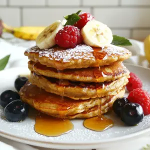 To make flourless banana oat pancakes, you need simple, wholesome ingredients. Here&rsquo;s what you&rsquo;ll need: - 2 ripe bananas - 1 cup rolled oats - 1/2 cup milk (or any dairy-free alternative) - 2 large eggs - 1 teaspoon baking powder - 1 teaspoon cinnamon - 1 teaspoon vanilla extract - A pinch of salt - Coconut oil or non-stick spray for cooking Ripe bananas not only add sweetness but also bind the pancakes. Rolled oats give them a hearty texture. Milk can be any type you like, even almond or oat milk. Eggs add protein and help with fluffiness. Baking powder makes them rise. Cinnamon and vanilla boost the flavor, while salt balances it all. Finally, use coconut oil or non-stick spray to prevent sticking during cooking. This mix creates a tasty and healthy breakfast that feels indulgent but is full of good nutrients. Enjoy these pancakes with your favorite toppings! {{ingredient_image_1}} 1. First, grab your blender. You will mix all the ingredients here. 2. Add 2 ripe bananas, 1 cup rolled oats, and 1/2 cup milk. You can use dairy-free milk if you prefer. 3. Crack in 2 large eggs, then sprinkle in 1 teaspoon baking powder, 1 teaspoon cinnamon, and 1 teaspoon vanilla extract. Don't forget a pinch of salt! 4. Blend everything until smooth. The mixture should be thick and creamy. 5. Now, let the batter sit for about 5 minutes. This helps the oats absorb some liquid and thicken. 6. While the batter rests, heat your non-stick skillet over medium heat. Lightly grease it with coconut oil or some non-stick spray. 1. Pour about 1/4 cup of the batter into the skillet for each pancake. 2. Cook until you see bubbles on the surface, which takes about 2-3 minutes. 3. Carefully flip each pancake over. Cook for another 2-3 minutes until golden brown. 4. Once done, remove the pancakes from the skillet and keep them warm. Repeat with the rest of the batter, greasing the skillet as needed. 1. Keep the pancakes warm on a plate while you finish cooking the rest. 2. For a great look, stack the pancakes high. Drizzle maple syrup or honey over the top. 3. Add fresh berries and a dusting of powdered sugar for a fun touch. You can even slice a banana and place it on top for extra flair! To get the best pancakes, adjust the batter thickness. If your batter is too thin, add more oats. If it's too thick, add a splash of milk. The right thickness helps your pancakes cook evenly. Keep your cooking temperature just right. Use medium heat for cooking. If it&rsquo;s too hot, the pancakes may burn on the outside and stay raw inside. You can add fun mix-ins like nuts or chocolate chips. This makes your pancakes more exciting. Try walnuts for crunch or dark chocolate for sweetness. You can also play with flavors. Adding spices like nutmeg or allspice can change the taste. A dash of vanilla or almond extract can brighten the flavor too. One common mistake is over-blending the batter. Blend just until smooth. If you blend too long, the pancakes may turn gummy. Another mistake is cooking at too high a temperature. If your skillet is too hot, the pancakes will not cook properly. Stick to medium heat for the best results. Pro Tips Use Overripe Bananas: The riper the bananas, the sweeter your pancakes will be. Look for bananas with brown spots for the best flavor. Adjust Consistency: If the batter is too thick, add a splash more milk. If it's too runny, add a bit more oats. Aim for a pancake batter-like consistency. Low and Slow Cooking: Cook the pancakes on medium-low heat. This ensures they cook through without burning, especially since they contain no flour. Experiment with Add-ins: Feel free to mix in chocolate chips, nuts, or shredded coconut into the batter for added flavor and texture. {{image_2}} To make these pancakes gluten-free, use certified gluten-free oats. These oats are processed in a way that prevents cross-contamination with gluten. If you want to try different textures, you can use alternative flour blends. You can mix almond flour or coconut flour with oats for a unique twist. If you want to make these pancakes vegan, you can replace the eggs. Use flaxseed meal or chia seeds mixed with water as a great egg substitute. For dairy, choose any dairy-free milk like almond, soy, or oat milk. These options give the same creamy texture. For a fun twist, add cocoa powder to the batter for chocolate pancakes. This rich flavor pairs well with the bananas. You can also spice things up by adding nutmeg or allspice. These spices bring warmth and depth to your pancakes, making them even more delightful. To store your leftover pancakes, first let them cool. Place them in an airtight container. You can keep them in the fridge for up to three days. If you want to store them longer, freezing is a great option. Just stack the pancakes with parchment paper in between. Then, wrap them tightly in plastic wrap and place them in a freezer bag. They can last up to two months in the freezer. When it comes to reheating, you have two great choices: the microwave or the skillet. For quick reheating, use the microwave. Heat them for about 30 seconds. Check if they are warm enough. If not, heat for another 15 seconds. If you prefer a crispy edge, use a skillet. Heat on medium for about one minute on each side. This option adds a nice texture. Flourless banana oat pancakes stay fresh for about three days in the fridge. In the freezer, they can last up to two months. Make sure to check for any signs of freezer burn if stored for a long time. Always smell and inspect pancakes before eating. If they look or smell off, it&rsquo;s best to toss them. Yes, you can make these pancakes ahead of time. After cooking, let them cool. Stack the pancakes between sheets of parchment paper. Place them in an airtight container. Store them in the fridge for up to three days. For longer storage, freeze them. Just layer them with parchment and put them in a freezer bag. When you want to eat them, reheat in the microwave or on a skillet. This keeps them warm and tasty. You can use other fruits like applesauce or pureed pumpkin. These options give a similar texture. You can also try mashed sweet potatoes for a unique twist. Each of these will change the taste a bit but still keep the pancakes moist. Experiment with flavors you enjoy! Dense pancakes can happen for a few reasons. First, check your batter. If it&rsquo;s too thick, add a bit more milk. Also, make sure you use fresh baking powder. Old baking powder can lose its power. Lastly, don&rsquo;t overmix your batter. This can make the pancakes tough. Just blend until combined! You now have a complete guide to making tasty pancakes. We covered key ingredients, simple steps, helpful tips, and exciting variations. Remember, practice makes perfect. Don&rsquo;t worry if your first batch doesn't turn out as you hoped. With these techniques, you'll create fluffy pancakes every time. Try adding your favorite flavors and serving them your way. Enjoy these pancakes for breakfast, lunch, or a snack. Happy cooking!