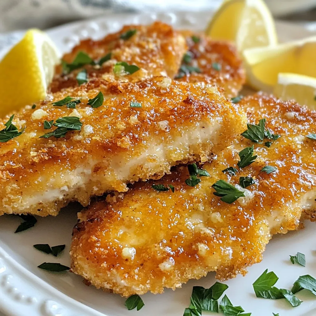 To make crispy oven baked chicken cutlets, you need these key ingredients: - 2 boneless, skinless chicken breasts - 1 cup all-purpose flour - 2 large eggs - 1 cup breadcrumbs (preferably panko) - ½ cup grated Parmesan cheese - 1 teaspoon garlic powder - 1 teaspoon onion powder - 1 teaspoon smoked paprika - Salt and pepper to taste - ½ teaspoon dried Italian herbs (like oregano, basil, and thyme) - Olive oil spray You can add some fun twists to your chicken cutlets with these optional ingredients: - Fresh herbs like parsley or cilantro for garnish - Lemon zest for a fresh pop of flavor - Hot sauce in the egg mixture for heat - Different cheeses like mozzarella or cheddar If you need to swap ingredients, try these ideas: - Use whole wheat flour instead of all-purpose flour for a healthier option. - Substitute almond flour or crushed cornflakes for gluten-free options. - Swap panko with regular breadcrumbs if that’s all you have. - Use nutritional yeast instead of Parmesan for a vegan choice. These ingredients will help you create a delicious and crispy meal that everyone will love! {{ingredient_image_1}} To start, take your two boneless, skinless chicken breasts. Place them between two sheets of plastic wrap. Gently pound them to a thickness of about ½ inch. This step makes sure the chicken cooks evenly and stays tender. It also helps the breading stick well. Now it’s time to set up your breading station. You will need three shallow dishes. In the first dish, add 1 cup of all-purpose flour. Season it with salt and pepper to taste. In the second dish, crack open two large eggs. Whisk them until they look smooth. In the third dish, mix 1 cup of breadcrumbs, ½ cup of grated Parmesan cheese, 1 teaspoon of garlic powder, 1 teaspoon of onion powder, 1 teaspoon of smoked paprika, and ½ teaspoon of dried Italian herbs. This mix gives your chicken great flavor and crunch. Now, let’s coat the chicken. Dip each chicken breast first in the flour. Make sure it gets an even coat and shake off any extra flour. Next, dip the chicken into the beaten eggs. Let any excess egg drip off. Finally, coat the chicken with the breadcrumb mix. Press the crumbs onto the chicken to help them stick well. Once all the chicken cutlets are coated, place them onto a baking sheet lined with parchment paper. Lightly spray the tops with olive oil. This helps them get nice and crispy. Preheat your oven to 400°F. Bake the chicken for 20-25 minutes. Flip them halfway through for even browning. When they are golden brown and cooked through, take them out and let them rest for a few minutes. This keeps the juices locked in, making each bite delicious. To get that perfect crunch, use panko breadcrumbs. They create a light, airy coating. Mix in grated Parmesan cheese for added flavor and texture. Lightly spray the cutlets with olive oil before baking. This helps them crisp up in the oven. Don't skip flipping the cutlets halfway through. This ensures even browning on both sides. Pound the chicken breasts to an even thickness. This helps them cook evenly and stay juicy. Use a meat thermometer to check for doneness. The chicken should reach an internal temperature of 165°F (75°C). Let the cutlets rest for a few minutes after baking. This locks in the juices, keeping your chicken moist. Serve your chicken cutlets on a nice platter. Add fresh parsley on top for color and flavor. Lemon wedges add a bright touch and enhance taste. For dipping, try garlic aioli or spicy ketchup. Pair with a simple salad or roasted veggies for a balanced meal. You can also serve them in a sandwich with fresh toppings for a fun twist. Pro Tips Even Thickness: Pounding the chicken to an even thickness ensures that it cooks uniformly, preventing dry edges and undercooked centers. Breadcrumb Choice: Using panko breadcrumbs gives a lighter, crispier texture compared to regular breadcrumbs, enhancing the crunch factor of your cutlets. Resting Time: Allowing the cutlets to rest for a few minutes after baking helps to lock in juices, resulting in a more tender and flavorful chicken. Flavor Boost: Experiment with different seasonings in the breadcrumb mixture, like cayenne pepper or lemon zest, to add a unique twist to your chicken cutlets. {{image_2}} You can change the taste of your chicken cutlets with different seasonings. Try adding lemon zest for a bright flavor. If you like a kick, use cayenne pepper or chili powder. You can also mix in herbs like rosemary or cilantro for fresh notes. Each new spice gives a unique twist, keeping your meals exciting. Chicken cutlets are great, but you can switch proteins too. Try thin slices of turkey for a lighter option. Pork cutlets work well, too, and add a different taste. For a beef version, use flank steak sliced thin. Each protein offers a new texture and flavor, making it easy to enjoy this dish in many ways. For a vegetarian twist, use eggplant or zucchini. Slice them thin, just like chicken. Coat them in the same breading mixture and bake until crispy. You can also use tofu for a protein-rich option. Just press and slice it before breading. These alternatives make the dish suitable for everyone while still tasting great. After enjoying your crispy chicken cutlets, you may have some leftovers. To store them, let the cutlets cool completely. This step prevents moisture buildup. Place the chicken in an airtight container. Cover it tightly to keep the cutlets fresh. You can store them in the fridge for up to three days. If you want to keep them longer, freezing is a great option. When you're ready to eat the leftovers, reheating is key. Preheat your oven to 375°F (190°C). Place the cutlets on a baking sheet. Heat them for about 10-15 minutes. This method helps keep the cutlets crispy. You can also use an air fryer. Set it to 350°F (175°C) and heat for 5-7 minutes. Avoid using a microwave, as it can make the coating soggy. For longer storage, freeze the chicken cutlets. Wrap each cutlet in plastic wrap. Then place them in a freezer-safe bag. Be sure to remove as much air as possible. Label the bag with the date. You can freeze these cutlets for up to three months. To cook from frozen, bake them straight from the freezer. Preheat your oven to 400°F (200°C) and bake for 25-30 minutes. Check that they reach an internal temperature of 165°F (74°C) for safe eating. Bake chicken cutlets for 20 to 25 minutes at 400°F (200°C). Make sure to flip the cutlets halfway through. This step helps them cook evenly and get golden brown on both sides. Use a meat thermometer to check if they reach 165°F (75°C) for safe eating. Yes, you can use chicken thighs! They add more flavor and keep the meat juicy. Just make sure to adjust the cooking time. Thighs may take a bit longer to bake than breasts. Aim for the same internal temperature of 165°F (75°C) to ensure they are done. Serve crispy chicken cutlets with fresh salad or roasted veggies. A side of mashed potatoes or rice complements the dish well. You can also add a dipping sauce like garlic aioli or spicy ketchup for extra flavor. Lemon wedges add a nice touch of brightness too! You now have all the tools to make delicious chicken cutlets. We covered the key ingredients, preparation steps, and baking details. I shared tips for extra crispiness and juicy texture. We even explored fun variations and storage tips. Focus on using fresh ingredients and following the steps closely. Enjoy experimenting with flavors and proteins. You’ll have a tasty dish ready at any moment! With practice, you’ll create chicken cutlets everyone loves. Now, it’s your turn to get cooking!