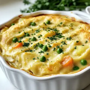 - 2 cups cooked chicken, shredded - 1 cup carrots, diced - 1 cup peas (fresh or frozen) - 1 cup potatoes, diced - 1/2 cup celery, diced - 1 onion, chopped - 3 cups chicken broth - 1 cup milk - 3 tablespoons butter - 3 tablespoons all-purpose flour - 1 teaspoon garlic powder - 1 teaspoon dried thyme - Salt and pepper to taste - Fresh parsley for garnish This crustless chicken pot pie is simple and uses easy-to-find ingredients. You can swap out the chicken for turkey or tofu if you prefer. For the vegetables, feel free to use frozen mixed veggies if you're short on time. Different herbs like rosemary or oregano can add a new twist to the dish. You can even use almond milk instead of regular milk for a dairy-free option. Always adjust the seasonings to your taste. Enjoy the process of making this dish! {{ingredient_image_1}} To start, gather your vegetables. You will need onion, carrots, celery, potatoes, and peas. - Onion: Chop it finely. It adds a sweet flavor. - Carrots: Dice them into small pieces. They should cook fast. - Celery: Dice it too. It adds a nice crunch. - Potatoes: Dice them small for even cooking. Use a waxy type for best results. - Peas: You can use fresh or frozen peas. No need to chop them. When saut&eacute;ing, heat butter in a skillet over medium heat. Add onion, carrots, and celery. Cook them for about 5 minutes. You want them soft but not brown. Next, you will make a roux. This thickens the pot pie. Sprinkle flour over the vegetables in the skillet. Stir well to mix. Cook this for about 2 minutes. It should smell nutty. Now, whisk in the chicken broth and milk. Do this slowly to avoid lumps. Continue whisking until the mix thickens. This takes about 3 to 4 minutes. Now, it's time to mix everything. Add the shredded chicken to the skillet. Then, add the diced potatoes and peas. Sprinkle in garlic powder, thyme, salt, and pepper. Stir it all together until it&rsquo;s hot. Remove from heat. Pour this mix into a greased 9-inch pie dish. Make sure it spreads evenly. Preheat your oven to 375&deg;F (190&deg;C). Bake the dish for 25 to 30 minutes. You want the top to be golden and bubbly. Look for a nice crust on top. It should be firm to the touch. To avoid a runny filling, make sure to cook the roux well. Stir the flour with the butter and veggies until it's smooth. This step ensures it thickens nicely. When you add the broth and milk, whisk it in slowly. This helps prevent lumps and keeps the filling creamy, not soupy. For a golden top, bake it until the edges brown slightly. The top should bubble up and look inviting. If you want an extra crispy finish, broil it for a minute or two at the end. Just keep an eye on it to avoid burning. To boost flavor, consider adding fresh herbs. Thyme works great, but you can also try rosemary or sage. A pinch of paprika adds warmth and depth. Garlic powder is a must for that savory taste. For some crunch, think about toppings. You can add breadcrumbs or crushed crackers before baking. They will toast up while cooking, giving a nice texture contrast to the creamy filling. Serve your crustless chicken pot pie with a light salad. A simple green salad with lemon vinaigrette pairs well. The freshness balances the richness of the pie. For presentation, garnish with fresh parsley for a pop of color. Use a nice dish to serve it in. A pie dish or a cast-iron skillet makes it look inviting. People will be eager to dig in! Pro Tips Enhance Flavor: For a deeper flavor, consider adding a splash of white wine to the roux before adding the broth and milk. This adds a nice acidity and richness to the dish. Vegetable Variations: Feel free to substitute or add other vegetables like corn, green beans, or mushrooms to customize your pot pie to your liking. Chicken Options: Use rotisserie chicken for a quick and easy option, or cook your chicken in advance and shred it for added convenience. Crustless Twist: If you prefer a crust, you can top the filling with a layer of store-bought puff pastry or biscuit dough before baking for a more traditional pot pie experience. {{image_2}} To make a meatless crustless pot pie, start by leaving out the chicken. Use 2 cups of hearty vegetables instead. I love using mushrooms, zucchini, and bell peppers. They add great flavor and texture. You can mix in: - 1 cup of chopped spinach - 1 cup of diced sweet potatoes - 1 cup of broccoli florets These veggies give a tasty twist. Always saut&eacute; your vegetables first to bring out their flavors. Use the same steps in the recipe for a creamy filling. For a low-carb option, swap out the potatoes with cauliflower. Cauliflower keeps the dish light and adds fiber. You can steam and mash the cauliflower before adding it. This keeps the creamy base while lowering the carbs. Benefits of using cauliflower include: - Fewer calories - More vitamins and minerals - A great texture Just remember, cut the cauliflower into small pieces for even cooking. Using seasonal vegetables makes the pot pie fresh and fun. In spring, try asparagus and peas. In summer, use zucchini and corn. In fall, think about squash and carrots. Adjust flavors by adding herbs that match the season. For example, use fresh basil in summer or rosemary in fall. This helps each bite burst with seasonal taste. After you make this crustless chicken pot pie, let it cool. Store any leftovers in a sealed container. Keep it in the fridge. It stays fresh for about 3 to 4 days. Make sure to check for any signs of spoilage before eating. To freeze your pot pie, let it cool completely first. Pour the mixture into a freezer-safe dish. Cover it tightly with plastic wrap and then foil. It can last up to 3 months in the freezer. When ready to eat, move it to the fridge to thaw overnight. This keeps the texture nice and helps it heat evenly. You can reheat your pot pie in the oven or microwave. For the oven, set it to 350&deg;F (175&deg;C) and bake for about 20 minutes. Cover it with foil to avoid burning the top. If using a microwave, heat it in short bursts. This prevents uneven heating. To avoid sogginess, let it sit for a few minutes before serving. Enjoy your comforting meal! Yes, you can prepare this dish ahead of time. Start by cooking the filling. After it cools, place it in a covered dish. Store it in the fridge for one to two days. When you're ready to bake, just pour it into a baking dish. Bake it for about 30 minutes at 375&deg;F. This recipe is not gluten-free due to the all-purpose flour. To make it gluten-free, use a gluten-free flour blend. Almond flour or coconut flour are great options too. Just keep in mind that they may change the dish&rsquo;s texture. Look for a golden and bubbly top. The filling should be hot all the way through. You can also insert a knife in the center. If it comes out warm, it&rsquo;s done. Let it cool for a few minutes before serving. This blog post covered how to make a crustless chicken pot pie. We talked about the right ingredients and shared steps for cooking. I provided tips on perfecting texture and adding flavor. You can also adapt this dish for vegetarian and low-carb diets. Remember to store leftovers properly or freeze them. Enjoy making this dish your own! You'll impress your family with each bite.