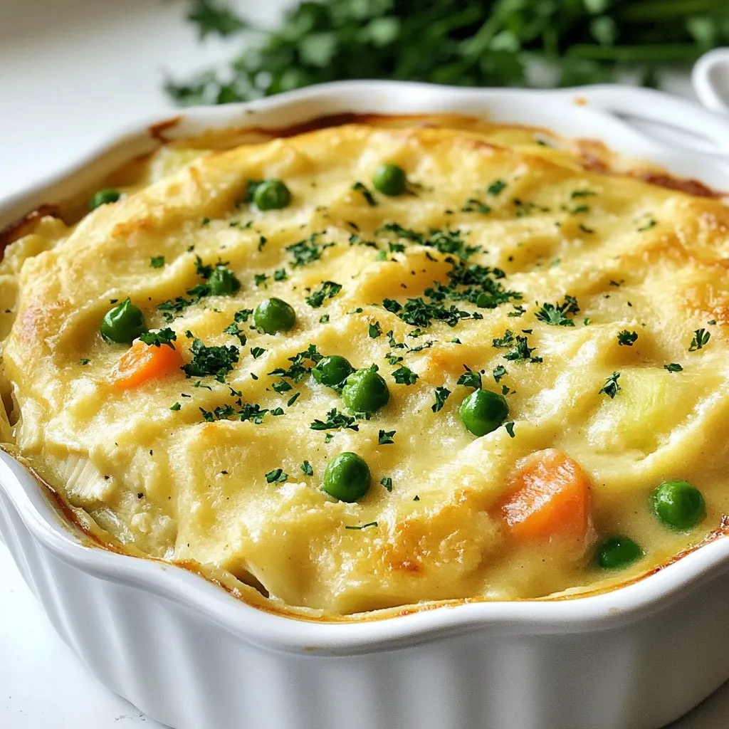 - 2 cups cooked chicken, shredded - 1 cup carrots, diced - 1 cup peas (fresh or frozen) - 1 cup potatoes, diced - 1/2 cup celery, diced - 1 onion, chopped - 3 cups chicken broth - 1 cup milk - 3 tablespoons butter - 3 tablespoons all-purpose flour - 1 teaspoon garlic powder - 1 teaspoon dried thyme - Salt and pepper to taste - Fresh parsley for garnish This crustless chicken pot pie is simple and uses easy-to-find ingredients. You can swap out the chicken for turkey or tofu if you prefer. For the vegetables, feel free to use frozen mixed veggies if you're short on time. Different herbs like rosemary or oregano can add a new twist to the dish. You can even use almond milk instead of regular milk for a dairy-free option. Always adjust the seasonings to your taste. Enjoy the process of making this dish! {{ingredient_image_1}} To start, gather your vegetables. You will need onion, carrots, celery, potatoes, and peas. - Onion: Chop it finely. It adds a sweet flavor. - Carrots: Dice them into small pieces. They should cook fast. - Celery: Dice it too. It adds a nice crunch. - Potatoes: Dice them small for even cooking. Use a waxy type for best results. - Peas: You can use fresh or frozen peas. No need to chop them. When sautéing, heat butter in a skillet over medium heat. Add onion, carrots, and celery. Cook them for about 5 minutes. You want them soft but not brown. Next, you will make a roux. This thickens the pot pie. Sprinkle flour over the vegetables in the skillet. Stir well to mix. Cook this for about 2 minutes. It should smell nutty. Now, whisk in the chicken broth and milk. Do this slowly to avoid lumps. Continue whisking until the mix thickens. This takes about 3 to 4 minutes. Now, it's time to mix everything. Add the shredded chicken to the skillet. Then, add the diced potatoes and peas. Sprinkle in garlic powder, thyme, salt, and pepper. Stir it all together until it’s hot. Remove from heat. Pour this mix into a greased 9-inch pie dish. Make sure it spreads evenly. Preheat your oven to 375°F (190°C). Bake the dish for 25 to 30 minutes. You want the top to be golden and bubbly. Look for a nice crust on top. It should be firm to the touch. To avoid a runny filling, make sure to cook the roux well. Stir the flour with the butter and veggies until it's smooth. This step ensures it thickens nicely. When you add the broth and milk, whisk it in slowly. This helps prevent lumps and keeps the filling creamy, not soupy. For a golden top, bake it until the edges brown slightly. The top should bubble up and look inviting. If you want an extra crispy finish, broil it for a minute or two at the end. Just keep an eye on it to avoid burning. To boost flavor, consider adding fresh herbs. Thyme works great, but you can also try rosemary or sage. A pinch of paprika adds warmth and depth. Garlic powder is a must for that savory taste. For some crunch, think about toppings. You can add breadcrumbs or crushed crackers before baking. They will toast up while cooking, giving a nice texture contrast to the creamy filling. Serve your crustless chicken pot pie with a light salad. A simple green salad with lemon vinaigrette pairs well. The freshness balances the richness of the pie. For presentation, garnish with fresh parsley for a pop of color. Use a nice dish to serve it in. A pie dish or a cast-iron skillet makes it look inviting. People will be eager to dig in! Pro Tips Enhance Flavor: For a deeper flavor, consider adding a splash of white wine to the roux before adding the broth and milk. This adds a nice acidity and richness to the dish. Vegetable Variations: Feel free to substitute or add other vegetables like corn, green beans, or mushrooms to customize your pot pie to your liking. Chicken Options: Use rotisserie chicken for a quick and easy option, or cook your chicken in advance and shred it for added convenience. Crustless Twist: If you prefer a crust, you can top the filling with a layer of store-bought puff pastry or biscuit dough before baking for a more traditional pot pie experience. {{image_2}} To make a meatless crustless pot pie, start by leaving out the chicken. Use 2 cups of hearty vegetables instead. I love using mushrooms, zucchini, and bell peppers. They add great flavor and texture. You can mix in: - 1 cup of chopped spinach - 1 cup of diced sweet potatoes - 1 cup of broccoli florets These veggies give a tasty twist. Always sauté your vegetables first to bring out their flavors. Use the same steps in the recipe for a creamy filling. For a low-carb option, swap out the potatoes with cauliflower. Cauliflower keeps the dish light and adds fiber. You can steam and mash the cauliflower before adding it. This keeps the creamy base while lowering the carbs. Benefits of using cauliflower include: - Fewer calories - More vitamins and minerals - A great texture Just remember, cut the cauliflower into small pieces for even cooking. Using seasonal vegetables makes the pot pie fresh and fun. In spring, try asparagus and peas. In summer, use zucchini and corn. In fall, think about squash and carrots. Adjust flavors by adding herbs that match the season. For example, use fresh basil in summer or rosemary in fall. This helps each bite burst with seasonal taste. After you make this crustless chicken pot pie, let it cool. Store any leftovers in a sealed container. Keep it in the fridge. It stays fresh for about 3 to 4 days. Make sure to check for any signs of spoilage before eating. To freeze your pot pie, let it cool completely first. Pour the mixture into a freezer-safe dish. Cover it tightly with plastic wrap and then foil. It can last up to 3 months in the freezer. When ready to eat, move it to the fridge to thaw overnight. This keeps the texture nice and helps it heat evenly. You can reheat your pot pie in the oven or microwave. For the oven, set it to 350°F (175°C) and bake for about 20 minutes. Cover it with foil to avoid burning the top. If using a microwave, heat it in short bursts. This prevents uneven heating. To avoid sogginess, let it sit for a few minutes before serving. Enjoy your comforting meal! Yes, you can prepare this dish ahead of time. Start by cooking the filling. After it cools, place it in a covered dish. Store it in the fridge for one to two days. When you're ready to bake, just pour it into a baking dish. Bake it for about 30 minutes at 375°F. This recipe is not gluten-free due to the all-purpose flour. To make it gluten-free, use a gluten-free flour blend. Almond flour or coconut flour are great options too. Just keep in mind that they may change the dish’s texture. Look for a golden and bubbly top. The filling should be hot all the way through. You can also insert a knife in the center. If it comes out warm, it’s done. Let it cool for a few minutes before serving. This blog post covered how to make a crustless chicken pot pie. We talked about the right ingredients and shared steps for cooking. I provided tips on perfecting texture and adding flavor. You can also adapt this dish for vegetarian and low-carb diets. Remember to store leftovers properly or freeze them. Enjoy making this dish your own! You'll impress your family with each bite.