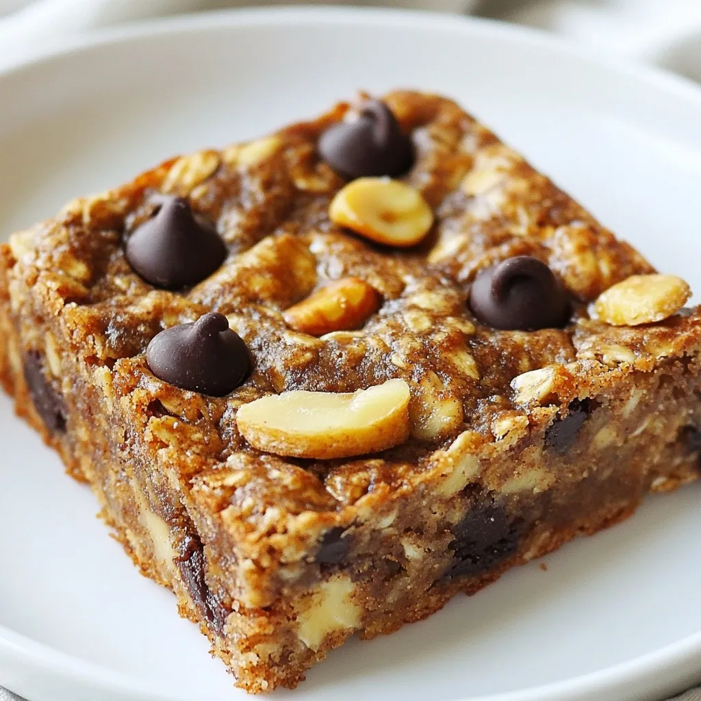 To make these tasty Healthy Banana Oatmeal Bars, you'll need: - 2 ripe bananas, mashed - 1 cup rolled oats - 1/2 cup almond butter (or peanut butter) - 1/4 cup honey or maple syrup - 1/2 teaspoon vanilla extract - 1/2 teaspoon baking soda - 1/2 teaspoon cinnamon - 1/4 teaspoon salt - 1/4 cup dark chocolate chips (optional) - 1/4 cup chopped nuts (walnuts or almonds, optional) You can change things up if needed. Use peanut butter instead of almond butter. If you want a different sweet taste, swap honey for maple syrup. For a nut-free option, leave out the nuts and chocolate chips. You can also use unsweetened applesauce for a lower-calorie choice. Each bar offers a great mix of nutrients. In one serving, you get about: - Calories: 140 - Protein: 4 g - Carbohydrates: 20 g - Dietary Fiber: 3 g - Sugars: 6 g - Fat: 6 g - Saturated Fat: 1 g - Sodium: 50 mg These bars are a good source of energy. They have healthy fats and fiber to keep you full. Enjoy them as a snack or a quick breakfast! {{ingredient_image_1}} First, set your oven to 350°F (175°C). This helps the bars bake evenly. Next, grab an 8x8 inch baking pan. You can line it with parchment paper or lightly grease it. This step keeps the bars from sticking. In a large bowl, mash the ripe bananas until smooth. You need about two ripe bananas for this. Add the almond butter to the bowl. Stir these two together well. Now, pour in the honey or maple syrup. Add the vanilla extract too. Mix until everything is smooth and well blended. In a separate bowl, combine the rolled oats, baking soda, cinnamon, and salt. Stir these dry ingredients well. Gradually add the dry mix to the wet banana mix. Stir gently until just combined. If you like, fold in chocolate chips or nuts at this stage. Pour the mixture into your prepared pan. Spread it evenly with a spatula. Bake for 20-25 minutes. The top should be golden brown. Use a toothpick to check if it’s done. If it comes out clean, your bars are ready! Let them cool for 10 minutes in the pan. Then, move them to a cooling rack. Once cool, cut into bars and enjoy! For the best texture, use ripe bananas. They should be soft and sweet. Mash them well to mix smoothly. The almond butter adds creaminess. If you want a firmer bar, add more oats. Keep an eye on the bake time. The top should be golden brown. A toothpick should come out clean when done. Store your bars in an airtight container. This keeps them fresh for up to a week. Place parchment paper between layers if you stack them. If you want to keep them longer, freeze them. Wrap each bar in plastic wrap before freezing. This way, you can grab one for a quick snack later. One common mistake is over-mixing the batter. Stir just until combined for the best texture. Another mistake is not using ripe bananas. They provide natural sweetness and moisture. Be careful not to skip the baking soda. It helps the bars rise and stay fluffy. Lastly, check your oven's temperature. An oven that is too hot can burn the bars quickly. Pro Tips Tip for Ripe Bananas: The riper the bananas, the sweeter your bars will be! Look for bananas that are heavily speckled for the best flavor. Tip for Nut Butters: You can use any nut butter you prefer, but make sure it's at room temperature for easier mixing. Tip for Sweetness: Adjust the sweetness by adding more or less honey/maple syrup based on your taste preference. Tip for Storage: Store the bars in an airtight container in the refrigerator to keep them fresh for longer. {{image_2}} You can customize your banana oatmeal bars in many ways. Adding nuts boosts flavor and crunch. Walnuts or almonds work great. If you love fruit, try adding blueberries or dried cranberries. Both add natural sweetness and nutrition. You can also mix in seeds like chia or flax for added health benefits. The choices are endless, so feel free to get creative! Honey and maple syrup are popular choices, but you can switch them up. If you want less sugar, use mashed dates or applesauce. These options keep your bars moist and tasty. You could also use agave syrup if you prefer a different flavor. Just remember to adjust the amount, as some sweeteners are stronger than others. Making this recipe gluten-free is simple. Just use certified gluten-free oats. This way, you can enjoy the bars without worrying about gluten. You can also try different flours like almond or coconut flour. These flours will change the texture but still taste delicious. Always check labels to ensure everything you use is gluten-free. To keep your healthy banana oatmeal bars fresh, use an airtight container. Place the bars in a single layer or separate them with parchment paper. This method helps avoid sticking and preserves their texture. Store the container at room temperature for up to a week. If you want to save some bars for later, freezing is a great option. Cut the bars into pieces and wrap each piece in plastic wrap. Place the wrapped bars in a freezer-safe bag or container. They can last for up to three months in the freezer. When you're ready to enjoy them, just thaw them in the fridge overnight or at room temperature for a few hours. These bars have a shelf life of about one week at room temperature. Check for signs of spoilage like an off smell, mold, or changes in texture. If they feel dry or hard, it's best to toss them. Always trust your senses; if something seems off, it’s better to be safe. Yes, you can use quick oats. Quick oats will change the texture a bit. They tend to make the bars softer. If you want a chewier bite, stick with rolled oats. Rolled oats add more texture and heartiness, making them a great choice. You can use peanut butter or any nut butter you prefer. Sunflower seed butter is a great nut-free option. Each choice adds its own flavor. Just make sure it has a similar consistency to almond butter. The bars are done when the top is golden brown. Insert a toothpick into the center. If it comes out clean, the bars are ready. If there’s wet batter on the toothpick, bake for a few more minutes. Let them cool before cutting for the best texture. In this blog post, we covered all you need to make oatmeal bars. We explored ingredients, showing you swaps and nutrition info. I shared step-by-step baking tips and how to make them perfectly. We discussed different flavors and storage ideas to keep your bars fresh. Remember, with these easy tips, you can make delicious and healthy snacks at home. Try new things and enjoy the process. Happy baking!