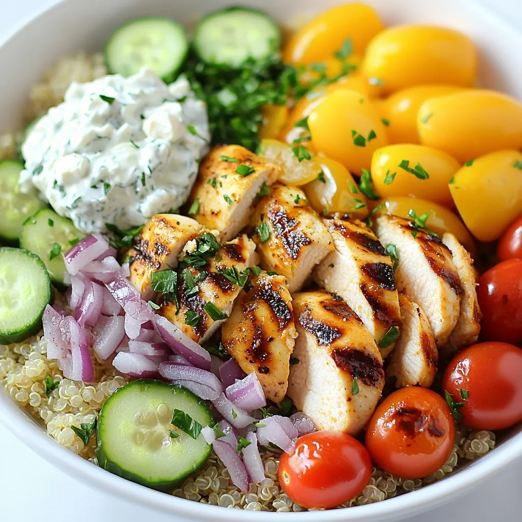 To make tasty Greek chicken bowls, you need a few key items. Here’s what I use: - 2 boneless, skinless chicken breasts - 1 cup cooked quinoa - 1 cup cucumber, diced - 1 cup cherry tomatoes, halved - 1/2 cup red onion, thinly sliced - 1/2 cup Kalamata olives, pitted and sliced - 1/2 cup feta cheese, crumbled - 1/4 cup fresh parsley, chopped These ingredients bring fresh flavors and fun textures to the dish. The chicken provides protein, while the quinoa adds a nice base. The right seasoning makes all the difference. For my marinade, I use: - 2 tablespoons olive oil - 1 teaspoon garlic powder - 1 teaspoon oregano - 1 teaspoon lemon zest - Salt and pepper to taste These ingredients create a bright, zesty flavor. The lemon zest and olive oil work well together. I recommend letting the chicken soak in this mix for at least 30 minutes. This step ensures the chicken is juicy and full of flavor. Finally, don’t skip the toppings! They add a lot of charm to your bowls. I like to use: - Juice of 1 lemon - Tzatziki sauce for topping The tzatziki adds creaminess, while the lemon juice gives a fresh finish. You can also serve lemon wedges on the side. This small touch makes the dish more vibrant and appealing. {{ingredient_image_1}} To start, you need to marinate the chicken. In a bowl, mix together the olive oil, garlic powder, oregano, lemon zest, salt, and pepper. This mix adds great flavor. Next, add the chicken breasts and coat them well. Cover the bowl and let it sit in the fridge for at least 30 minutes. This will make the chicken juicy and tasty. While the chicken marinates, cook the quinoa. If you have pre-cooked quinoa, that's great! If not, follow the package instructions. Usually, you need to rinse it first. Then, boil water and add the quinoa. Let it cook until it’s fluffy. Once it’s done, set it aside to cool. When the quinoa is ready, it’s time to grill the chicken. Preheat your grill or grill pan to medium-high heat. Take the chicken out of the marinade. Grill it for about 6-7 minutes on each side. It should be cooked through, and the juices should run clear. After grilling, let it rest for 5 minutes before slicing. This keeps it moist. Next, prepare the vegetable mixture. In a big bowl, combine the diced cucumber, halved cherry tomatoes, sliced red onion, Kalamata olives, and chopped parsley. These fresh veggies add color and crunch. Drizzle some lemon juice over them and toss gently. This will brighten up the flavors. Now, you can assemble the bowls. In each serving bowl, start with a scoop of quinoa as the base. Next, add the sliced grilled chicken on top. Finally, spoon the vegetable mixture over the chicken. This creates a beautiful and colorful meal. To finish, sprinkle crumbled feta cheese over the top. Feta adds creaminess and salt. Place a generous dollop of tzatziki sauce on the side or on top. This sauce gives a cool, tangy flavor that pairs well with all the other ingredients. Enjoy your Greek chicken bowls while they’re fresh! To keep your chicken juicy, start with good marination. Mix olive oil, garlic powder, oregano, lemon zest, salt, and pepper. This blend adds moisture and flavor. Marinate the chicken for at least 30 minutes. If you have time, let it sit longer. This will help the flavors soak in. When cooking, make sure your grill is hot. This helps create a nice sear. Grill the chicken for 6-7 minutes on each side. Check that the juices run clear to know it's done. Let it rest for 5 minutes before slicing. This step keeps it juicy. The marinade is key to great taste. Use fresh lemon zest for a bright flavor. Garlic powder gives a nice depth. Don't skip the olive oil; it keeps the chicken moist. Salt and pepper are vital for balance. You can add other herbs too. Try thyme or rosemary for a twist. If you like spice, add a pinch of red pepper flakes. Remember to coat the chicken well. This ensures every bite is full of flavor. Serving your Greek chicken bowls is fun! Use colorful bowls to show off the bright ingredients. Start with a scoop of quinoa at the bottom. Then, layer the sliced chicken on top. Add the fresh vegetable mix for crunch and color. Sprinkle crumbled feta cheese over everything. This adds creaminess and tang. For a final touch, add a generous dollop of tzatziki sauce. Serve with lemon wedges on the side. This adds a burst of flavor. Your meal will look as good as it tastes! Pro Tips Marinate for Flavor: Allow the chicken to marinate for at least 1 hour, or even overnight, for a deeper flavor infusion. Cook Quinoa Properly: Rinse quinoa before cooking to remove any bitterness. Use a 2:1 water-to-quinoa ratio for fluffy results. Grill Marks: For the best grill marks, avoid moving the chicken around too much while cooking. Let it sear before flipping. Serve Fresh: This dish is best enjoyed fresh. If making ahead, keep components separate until ready to serve. {{image_2}} You can swap chicken for other proteins. Try turkey or shrimp for a twist. Tofu works well for a meatless option. If you like fish, use salmon for a rich flavor. Just follow the same marinating method. Adjust cooking times based on the protein you choose. For a vegan bowl, skip the chicken and cheese. Use chickpeas or lentils for protein. These legumes add great texture and flavor. You can also use grilled veggies like zucchini or bell peppers. They add color and nutrients. Use vegan tzatziki made with almond yogurt. Get creative with your toppings. Add avocado slices for creaminess. Roasted red peppers bring in a sweet taste. Artichoke hearts add a nice tang. You can also sprinkle nuts or seeds for crunch. Fresh herbs like dill or mint enhance the flavor. Mix and match to find your favorite! To keep your Greek chicken bowls fresh, store leftovers in airtight containers. Divide the chicken, quinoa, and veggies into separate containers if possible. This method helps maintain their texture and flavor. Let the food cool to room temperature before sealing. You can store leftovers in the fridge for up to three days. For longer storage, consider freezing the chicken and quinoa in freezer-safe bags. When you're ready to enjoy your leftovers, reheat them gently. For chicken and quinoa, use the microwave. Heat in short bursts, stirring in between, until warm. If you prefer the stove, use a skillet over low heat. Add a splash of water to keep the chicken moist. For veggies, try a quick sauté on the stove. This method revives their crunch. Avoid reheating tzatziki sauce; serve it fresh for the best taste. Greek chicken bowls can last in the fridge for three days. After that, the quality may drop. If you've frozen chicken and quinoa, they can last up to three months. Always check for any signs of spoilage before consuming leftovers. If it smells off or looks strange, it's best to toss it. Keeping food safe ensures you enjoy every bite of your delicious meal. Yes, you can prep Greek chicken bowls ahead of time. Marinate the chicken and cook the quinoa. You can also chop the veggies and make the tzatziki sauce. Store everything in airtight containers. Keep the chicken, quinoa, and veggies separate until serving. This way, your meal stays fresh and tasty. Greek chicken bowls shine on their own, but sides can enhance the meal. Here are some great options: - Grilled pita bread - Roasted vegetables - A fresh Greek salad - Lemon wedges for extra zest These sides add variety and keep the meal light and vibrant. Making Greek chicken bowls gluten-free is easy. Use quinoa as your base, which is naturally gluten-free. Check that your tzatziki sauce is gluten-free too. Most store-bought brands are safe, but always read the label. With these simple swaps, you can enjoy this dish worry-free! Greek chicken bowls are tasty and easy to make. You learned about key ingredients, step-by-step cooking, and helpful tips. You can add your own twist with different proteins or toppings. Storing leftovers is simple, and reheating is quick. Creating these bowls can be fun and rewarding. Enjoy this dish any time, and make it your own!