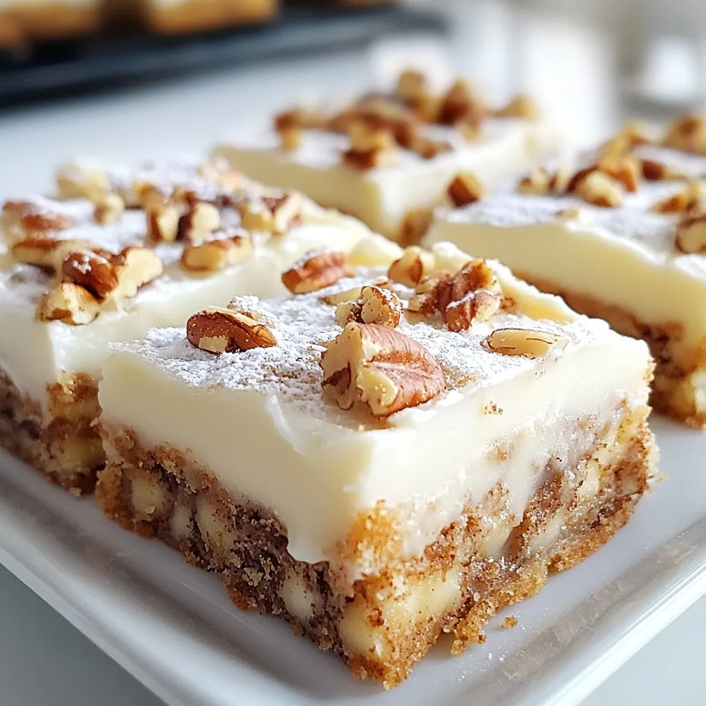 To make these Cinnamon Roll Bliss Bars, you will need: - 1 cup all-purpose flour - 1/2 cup rolled oats - 1/2 teaspoon baking powder - 1/4 teaspoon baking soda - 1/4 teaspoon salt - 1/2 cup brown sugar, packed - 1/4 cup unsalted butter, melted - 1 large egg - 1 teaspoon vanilla extract - 1 teaspoon ground cinnamon - 1/4 cup chopped pecans (optional) - 1/4 cup cream cheese, softened - 1/2 cup powdered sugar - 1 tablespoon milk (add more as needed) Selecting high-quality ingredients makes a big difference in taste. Here are some tips: - Flour: Use fresh all-purpose flour. Check the date on the bag. - Oats: Choose rolled oats for the best texture. Look for whole grain options. - Butter: Use unsalted butter for better control of salt levels. - Sugar: Go for dark brown sugar for richer flavor. - Eggs: Use large, fresh eggs for better binding and texture. - Cinnamon: Use ground cinnamon, but check for freshness. Older cinnamon loses flavor. You can swap some ingredients if needed. Here are a few ideas: - Flour: Substitute with whole wheat flour for more fiber. - Oats: Use quick oats if you don't have rolled oats. - Butter: Coconut oil can replace butter for a dairy-free option. - Egg: A flax egg (1 tablespoon ground flaxseed + 3 tablespoons water) works as a vegan alternative. - Nuts: If you have nut allergies, leave out the pecans or use seeds instead. - Frosting: Greek yogurt can be a lighter substitute for cream cheese. Feel free to mix and match as you like! {{ingredient_image_1}} Start by preheating your oven to 350°F (175°C). This step helps the bars bake evenly. Next, grab an 8x8-inch baking dish. Grease it with cooking spray or line it with parchment paper. Lining the dish helps you remove the bars easily later. In a mixing bowl, add 1 cup of all-purpose flour. Then, toss in 1/2 cup of rolled oats. Next, add 1/2 teaspoon of baking powder, 1/4 teaspoon of baking soda, and 1/4 teaspoon of salt. Finally, stir in 1 teaspoon of ground cinnamon. Mix these dry ingredients until they are well combined. In another bowl, whisk together 1/4 cup of melted unsalted butter and 1/2 cup of packed brown sugar. Add 1 large egg and 1 teaspoon of vanilla extract to the bowl. Mix until the mixture is smooth. Gradually add the dry ingredient mix to the wet mixture. Stir gently until just combined. If you want to add a crunch, fold in 1/4 cup of chopped pecans. Pour this mixture into your prepared baking dish. Spread it evenly with a spatula. Bake for 20-25 minutes. Check if the edges are golden and a toothpick comes out clean. While the bars bake, prepare the cream cheese frosting. In a bowl, mix 1/4 cup of softened cream cheese with 1/2 cup of powdered sugar. Add 1 tablespoon of milk. Stir until the frosting is smooth and creamy. Adjust the milk to reach your desired consistency. Once the bars are baked, let them cool in the pan for about 10 minutes. After that, spread the cream cheese frosting evenly on top. Allow the bars to cool completely before slicing them into squares. For a special touch, dust with extra powdered sugar and sprinkle more pecans on top. Enjoy your delicious Cinnamon Roll Bliss Bars! When making Cinnamon Roll Bliss Bars, avoid overmixing the batter. Overmixing can make the bars dense. Also, don’t skip the cooling time before frosting. The warm bars can melt the frosting. Lastly, ensure the oven is fully preheated. This helps the bars rise and bake evenly. To get that soft and chewy texture, measure your flour correctly. Use a spoon to fluff the flour, then scoop it into your measuring cup. This avoids packing too much flour. Also, the right baking time is key. Check your bars at 20 minutes. They should be golden at the edges but soft in the center. To boost flavor, try adding a pinch of nutmeg or a splash of almond extract. These add depth to the cinnamon flavor. For a lovely presentation, dust the bars with powdered sugar before serving. You can also top them with chopped pecans or fresh cinnamon sticks for a fun touch. Consider using a colorful plate to make your bars stand out. Pro Tips Perfect Texture: For a chewy texture, avoid overmixing the batter. Mix just until the ingredients are combined. Frosting Consistency: Adjust the milk in the cream cheese frosting gradually to achieve your desired spreadability without making it too runny. Cooling Time: Allow the bars to cool completely before slicing to ensure clean cuts and prevent the frosting from melting. Storage Tips: Store the bars in an airtight container in the refrigerator for up to a week for the best flavor and freshness. {{image_2}} If you want to make these bars nut-free, just leave out the pecans. You can also replace the pecans with seeds. Sunflower seeds work well and add a nice crunch. Pumpkin seeds are another great choice. Both options keep the texture while making the bars safe for those with nut allergies. To create gluten-free Cinnamon Roll Bliss Bars, swap the all-purpose flour for a gluten-free blend. Look for a blend that contains xanthan gum for the best results. You can also use almond flour, but note that it will change the texture slightly. Just make sure to adjust the liquid if needed. You can easily jazz up your bars with chocolate chips or fruit. Mini chocolate chips mix in well and add a sweet surprise. If you prefer fruit, chopped apples or blueberries fit nicely. Just fold in about half a cup before pouring the batter into the baking dish. These additions bring new flavors and make your bars even more delightful! To keep your Cinnamon Roll Bliss Bars fresh, store them in an airtight container. This will help prevent them from drying out. You can place a piece of parchment paper between layers to avoid sticking. If you prefer, wrap them in plastic wrap first for extra protection. Keep the container in a cool, dry place. When stored properly, these bars last about 3 to 5 days at room temperature. If you refrigerate them, they can stay fresh for up to a week. Just remember to let them come to room temperature before serving for the best flavor and texture. Yes, you can freeze Cinnamon Roll Bliss Bars! To do this, wait until they are completely cool. Wrap each bar tightly in plastic wrap, then place them in a freezer-safe bag. They can stay frozen for about 2 to 3 months. When you're ready to enjoy them, thaw the bars in the fridge overnight, or leave them out at room temperature for a few hours. Yes, you can make these bars ahead of time. Bake them and let them cool. Store them in an airtight container at room temperature for up to three days. You can also refrigerate them for up to a week. This makes them a great treat for busy days. If you want to skip cream cheese, use Greek yogurt or mascarpone cheese. Both options give a nice creamy texture. You can also use butter with powdered sugar for a simple frosting. Each choice will change the flavor a bit, so choose what you like. To check if the bars are done, insert a toothpick in the center. If it comes out clean or with a few crumbs, they are ready. The edges should look golden brown. If the toothpick has wet batter, bake for a few more minutes. Absolutely! You can use any nuts you like. Walnuts or almonds work well too. If you want a nut-free option, simply leave them out. The bars will still taste great without nuts. You can add colorful sprinkles on top for a fun touch. Try mixing in dried fruits like cranberries or apricots for a holiday feel. You can also shape the bars into festive designs. Dust them with powdered sugar before serving for a snowy look. This blog post covered everything you need to make delicious Cinnamon Roll Bliss Bars. You learned about choosing quality ingredients and simple substitutions. I provided clear steps to bake and frost the bars perfectly. We also talked about avoiding common mistakes and enhancing flavor. You can try variations for different diets, and I shared storage tips to keep your bars fresh. Follow these steps, and enjoy making these tasty treats! They're a crowd-pleaser that you can make any time.