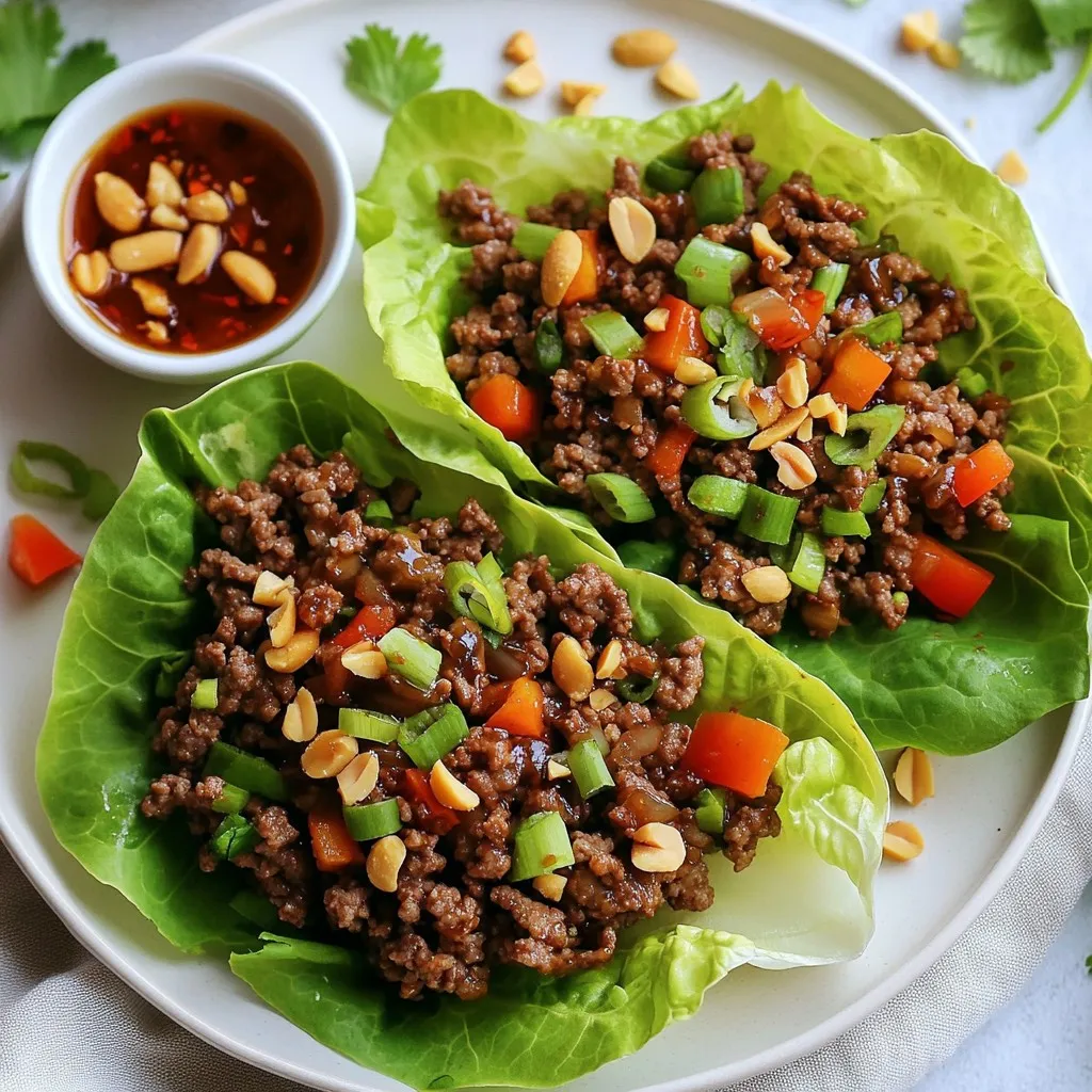 - 1 lb ground beef (or ground turkey for a lighter option) - 1 tablespoon sesame oil - 2 cloves garlic, minced - 1 tablespoon fresh ginger, grated - 1 red bell pepper, finely diced - 1 cup scallions (green onions), chopped - 1/4 cup soy sauce (or tamari for gluten-free) - 1 tablespoon hoisin sauce - 1 teaspoon sriracha (optional, for spice) - 1 head of butter or iceberg lettuce, leaves separated - 1/4 cup cilantro, chopped (for garnish) - Crushed peanuts or cashews (for garnish) You can swap ground beef for ground turkey. This makes the dish lighter. For soy sauce, use tamari if you need it gluten-free. If you lack sesame oil, try olive oil. You can also use any sweet sauce for hoisin. If you want a different nut flavor, use almonds instead of peanuts or cashews. Each serving of these wraps has about 300 calories. They are a good source of protein due to the beef or turkey. The veggies add fiber and vitamins. The recipe is high in flavor but low in carbs. Adjust your portion size based on your dietary needs. Enjoy these tasty wraps as a healthy meal option! {{ingredient_image_1}} To start, gather your ingredients. You will need ground beef, garlic, ginger, red bell pepper, and scallions. I like to use fresh, vibrant ingredients for the best flavor. First, heat one tablespoon of sesame oil in a large skillet over medium-high heat. Add two cloves of minced garlic and one tablespoon of grated ginger. Sauté these for about 30 seconds until they smell great. Next, add one pound of ground beef. Break it up with a spatula and cook it until it turns brown, about 5 to 7 minutes. Once the beef is cooked, stir in one finely diced red bell pepper. Cook it for another 2 to 3 minutes until it softens. Now, pour in 1/4 cup of soy sauce, one tablespoon of hoisin sauce, and one teaspoon of sriracha for a bit of heat, if you like. Mix everything well and let it cook for 2 more minutes. This helps all the flavors meld together. Finally, remove the skillet from the heat and gently stir in one cup of chopped scallions and 1/4 cup of chopped cilantro. The cooking process is quick and easy. First, prepare your skillet with sesame oil. Then, add garlic and ginger to build a strong base. After that, cook the ground beef until it's brown. Remember to break it apart while cooking. Adding the diced bell pepper gives a nice crunch. Pour in the sauces to add depth and sweetness. Finally, mix in scallions and cilantro for freshness. This whole process takes about 15 minutes. Serving these wraps is fun and simple. Take a big lettuce leaf, like from a butter or iceberg head. Spoon a generous amount of the beef mixture into the center of the leaf. Wrap it up like a taco. For a tasty crunch, sprinkle some crushed peanuts or cashews on top. I love to arrange the wraps on a pretty platter. You can also add a small bowl of hoisin sauce or sriracha on the side for dipping. A few extra sprigs of cilantro make the dish look fresh and inviting. Enjoy the burst of flavors in every bite! - Use fresh ginger and garlic for the best flavor. - Cook the beef until it is well browned. This adds depth. - Don’t skip the sesame oil; it gives a great nutty taste. - Let the beef mixture cool slightly before serving. It makes wrapping easier. - Serve with extra hoisin sauce or sriracha on the side for fun dips. - Swap ground beef for ground turkey for a lighter meal. - Add chopped water chestnuts for extra crunch. - Toss in diced carrots for added color and sweetness. - Use different lettuces like romaine or butter lettuce for unique wraps. - You can make it vegetarian by using mushrooms or textured vegetable protein. - Don’t overcrowd the pan when cooking the beef. This can lead to steaming instead of browning. - Avoid overcooking the garlic and ginger; they can burn quickly. - Make sure to chop your veggies finely to ensure they mix well. - Don’t forget to mix the sauces thoroughly for even flavor. - Always check your lettuce for freshness; wilted leaves won't hold well. Pro Tips Choose Your Protein: Ground turkey is a healthier alternative to ground beef, offering a lighter option without sacrificing flavor. Flavor Boost: For an extra kick, consider adding diced water chestnuts for a crunch and depth of flavor in the beef mixture. Make Ahead: Prepare the beef filling in advance and store it in the refrigerator. Just reheat and assemble the wraps when you're ready to serve. Presentation Matters: Serve the wraps with a colorful array of garnishes like shredded carrots and cucumber slices for an appealing plate. {{image_2}} You can switch the ground beef for other proteins. Ground turkey is a great choice. It keeps the wraps light but still tasty. For a different flavor, use ground chicken. You can even try shredded pork for a savory twist. Each option gives you a unique taste while keeping the dish fun. If you want a vegetarian or vegan option, use mushrooms as a base. Finely chop shiitake or button mushrooms. They add a nice umami flavor. Tofu is another great choice. Crumble firm tofu and sauté it just like the beef. Add the same sauces for flavor. You can also use lentils for a protein-rich option. To amp up the flavor, mix in some chopped water chestnuts. They add crunch and a fresh taste. Try adding a splash of rice vinegar for a tangy kick. You can also sprinkle sesame seeds on top for a nutty hint. If you like heat, add more sriracha or fresh chili slices. Experiment with these ideas to make your wraps even more exciting! To keep your Asian beef lettuce wraps fresh, you should store the leftovers in an airtight container. Place the beef mixture in one container and the lettuce leaves in another. This way, the lettuce stays crisp. Keep them in the fridge. They stay good for about 3 days. When you're ready to enjoy the leftovers, take the beef mixture out. Heat it in a skillet over medium heat. Stir it often until it is warm. This usually takes about 5 minutes. Avoid microwaving it. This can make the beef tough. If you want to save some for later, you can freeze the beef mixture. Put it in a freezer-safe bag or container. Squeeze out any air to prevent freezer burn. The mixture can last up to 3 months in the freezer. When you’re ready to use it, thaw it in the fridge overnight and reheat as mentioned above. To add heat, use more sriracha. You can also try red pepper flakes. Another option is to mix in sliced fresh jalapeños. Start with a small amount, then taste and adjust. This way, you can find the right level of spice for your taste. Always remember, it is easier to add spice than to take it away. I recommend butter lettuce or iceberg lettuce. Both types have crisp leaves that hold fillings well. Butter lettuce is soft and easy to fold. Iceberg lettuce provides a nice crunch. You can also use romaine for a firmer option. Choose what you enjoy most for the best experience. Yes, you can use pre-cooked beef. Just heat it in the skillet with the garlic and ginger. Add the sauces and veggies as you would with raw beef. This method saves time and still delivers great flavor. Make sure to adjust cooking time to ensure everything is heated through. You’ve explored the essentials for making Asian Beef Lettuce Wraps. We covered ingredients, step-by-step cooking, and tips for success. Remember, you can customize flavors and tweak the recipe based on your taste. Store leftovers properly and reheat with care to enjoy them later. These wraps can be fun and easy to make, perfect for any meal. I hope these insights help you create a dish that's both delicious and rewarding. Happy cooking!