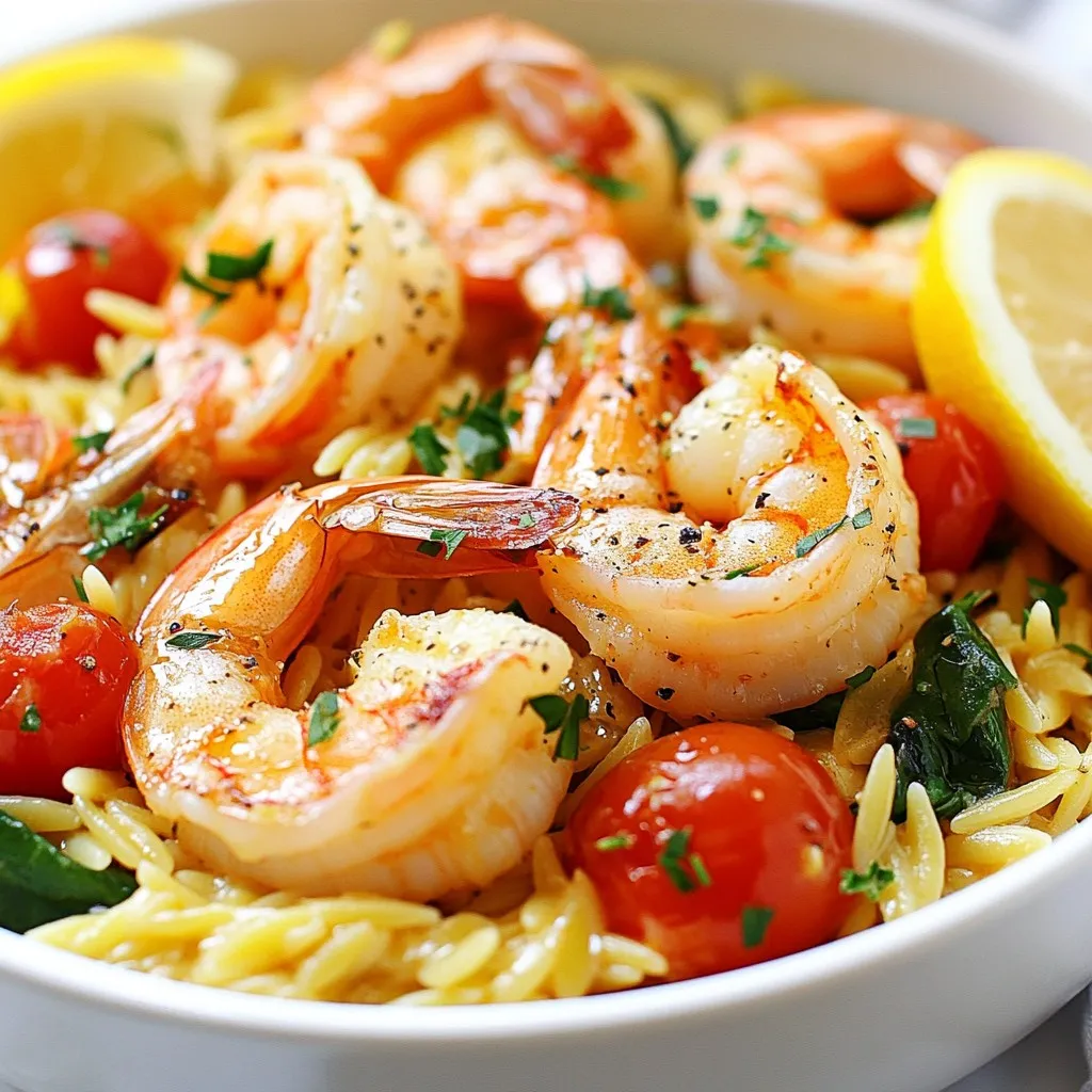 To make the Lemon Garlic Shrimp Orzo Skillet, gather the following ingredients: - 1 cup orzo pasta - 1 pound large shrimp, peeled and deveined - 3 tablespoons olive oil - 4 cloves garlic, minced - 1 lemon, zested and juiced - 2 cups vegetable broth - 1 cup cherry tomatoes, halved - 1 cup spinach leaves - Salt and pepper to taste - Fresh parsley, chopped for garnish - Crushed red pepper flakes (optional for heat) You can use fresh or frozen shrimp for this dish. Fresh shrimp often taste better and have better texture. They cook quickly and are easy to work with. However, frozen shrimp are convenient and available year-round. If you use frozen shrimp, thaw them before cooking. Just place them in cold water for about 15 minutes. This quick thaw helps you get the best results. You can make this recipe work with what you have. Here are some great swaps: - Orzo: Use any small pasta, like couscous or ditalini. - Shrimp: Try chicken or scallops for a different protein. - Spinach: Kale or Swiss chard work well too. - Vegetable Broth: Chicken broth can be a tasty alternative. - Cherry Tomatoes: Diced regular tomatoes can replace them. These substitutions keep the meal tasty while adding your own twist! {{ingredient_image_1}} 1. Start by heating a large skillet over medium heat. Add 1 tablespoon of olive oil. 2. Once the oil is hot, add the shrimp. Season them with salt, pepper, and crushed red pepper flakes if you like it spicy. 3. Sauté the shrimp for 2-3 minutes on each side. They should turn pink and opaque. 4. Take the shrimp out of the skillet and set them aside. 5. In the same skillet, add the remaining olive oil and minced garlic. Sauté for about 30 seconds until you smell the garlic. 6. Now, toss in the orzo pasta. Stir it well to coat it in the garlic oil. 7. Pour in the vegetable broth and bring it to a boil. 8. Once boiling, reduce the heat to a simmer. Cover the skillet and cook for 10-12 minutes. Stir occasionally until the orzo is al dente. Most of the liquid should be absorbed. 9. Add the lemon zest, lemon juice, cherry tomatoes, and spinach to the orzo. Stir gently to mix. 10. Cook for another 2-3 minutes until the spinach wilts and tomatoes soften. 11. Return the shrimp to the skillet and mix everything together. Taste and adjust the seasoning. 12. Remove from heat and garnish with fresh parsley before serving. - Sauté shrimp on medium heat for 2-3 minutes per side. - Cook orzo for 10-12 minutes. - Make sure to stir the orzo occasionally to prevent sticking. - The skillet should stay at a simmer when cooking the orzo. - Shrimp is done when it turns pink and opaque. - Orzo should be tender but slightly firm, known as al dente. - Spinach should be wilted and bright green. Tomatoes should look slightly soft. - The dish should look vibrant with fresh colors from the veggies and shrimp. To make the best shrimp, start with fresh or thawed shrimp. Peel and devein them before cooking. Ensure your skillet is hot before adding the shrimp. This helps them sear well. Cook the shrimp for 2-3 minutes on each side. They should turn pink and opaque. If they overcook, they become tough. Always season with salt and pepper. You can add crushed red pepper flakes for heat. If you like creamy orzo, add a splash of cream or cheese. Stir in some heavy cream after cooking the orzo. You can also mix in goat cheese or cream cheese. These add creaminess and richness to the dish. For a lighter option, use a bit of vegetable broth instead of cream. Add-ins can elevate your dish. Try adding finely chopped herbs like basil or dill. These fresh herbs bring brightness. You can also add more veggies like bell peppers or zucchini for texture. For a protein boost, toss in chickpeas or cooked chicken. This adds more flavor and makes your meal heartier. Pro Tips Fresh Shrimp: Always use fresh shrimp for the best flavor. If using frozen shrimp, ensure they are fully thawed before cooking for even cooking results. Perfectly Cooked Orzo: Keep an eye on the orzo while it cooks. Stir occasionally to prevent sticking and taste to ensure it reaches the perfect al dente texture. Enhance Flavor: For an extra burst of flavor, consider adding a splash of white wine after sautéing the garlic before adding the orzo. Serve Immediately: This dish is best enjoyed fresh. Serve immediately after cooking to retain the vibrant colors and flavors of the ingredients. {{image_2}} You can make a tasty vegetarian version of this dish. Simply skip the shrimp and add more veggies. Use mushrooms, bell peppers, and zucchini for depth. The orzo will still soak up the lemon and garlic flavors. You can also add chickpeas for protein. They will blend well with the orzo and keep the meal filling. If you like heat, boost the spice! Add more crushed red pepper flakes while cooking the shrimp. You can also include diced jalapeños or fresh chili peppers. This will give the dish a nice kick. Balance the spice with a touch of sweetness. Drizzle a bit of honey or maple syrup over the finished dish. Want to switch up the seafood? Try using scallops or fish fillets instead of shrimp. Both options cook quickly and pair well with lemon and garlic. You can even mix different seafood types for a more complex flavor. Just remember to adjust cooking times based on what you choose. Enjoy exploring these variations! To keep your Lemon Garlic Shrimp Orzo Skillet fresh, let it cool down first. Place it in an airtight container. This helps keep the flavors and textures intact. Store it in the fridge for up to three days. If you see any liquid in the container, that’s normal. It’s just the orzo soaking up the broth. When you're ready to enjoy leftovers, reheat them gently. Use a skillet over low heat. Add a splash of vegetable broth or water to help rehydrate the orzo. Stir it often to avoid sticking. You can also use a microwave. Place the dish in a microwave-safe bowl. Cover it with a damp paper towel to keep moisture. Heat in short bursts, stirring in between, until warm. If you want to save some for later, you can freeze it! Portion the dish into freezer-safe containers. Leave a little space at the top since it may expand. It can stay in the freezer for up to three months. When you’re ready to eat, thaw it overnight in the fridge. Reheat as mentioned above to enjoy a quick meal. Yes, you can use other types of pasta. If you prefer, try small shapes like penne or fusilli. Just adjust the cooking time as needed. Keep an eye on the pasta to ensure it cooks properly. Orzo gives a nice texture, but any pasta you like can work. Shrimp cook quickly. You know they are done when they turn pink and opaque. This usually takes about 2-3 minutes on each side. Overcooking shrimp makes them tough, so watch them closely. If they curl up tightly, they may be overcooked. No, orzo is made from wheat, so this dish is not gluten-free. If you need a gluten-free option, use rice or gluten-free pasta instead. These swaps will change the texture, but they will still taste great. Always check labels to ensure your ingredients are gluten-free. This blog covered key points for cooking lemon garlic orzo with shrimp. We explored ingredients, cooking steps, and tips to make it perfect. You learned about variations and storage options too. Remember, you can adapt this dish to your needs. Experiment with flavors and enjoy every bite. Cooking is about fun and discovery, so let your taste guide you!