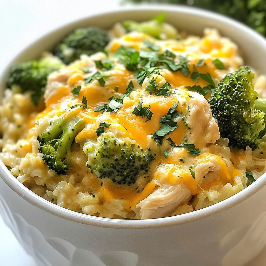 - 2 boneless skinless chicken breasts - 2 cups broccoli florets - 1 cup uncooked brown rice - 4 cups chicken broth The main ingredients form the base of this dish. I use boneless, skinless chicken breasts for their lean protein. They cook well and stay moist in the crockpot. Broccoli florets add great color and nutrients. Uncooked brown rice gives a nice texture and absorbs flavor. Chicken broth adds richness to the dish, making every bite tasty. - 1 cup shredded sharp cheddar cheese - 1/2 cup cream cheese, softened Dairy ingredients give the dish a creamy finish. I love using sharp cheddar because it adds a bold flavor. Cream cheese makes the dish rich and smooth. Together, they create a delightful contrast with the chicken and rice. - 1 teaspoon garlic powder - 1 teaspoon onion powder - Salt and pepper to taste - 1 tablespoon olive oil - 1 tablespoon lemon juice - Optional: chopped parsley for garnish Seasonings bring the dish to life. Garlic powder and onion powder add depth. Salt and pepper enhance the overall taste. Olive oil helps the chicken stay moist. Lemon juice adds a bright touch to balance the flavors. I often add chopped parsley for a pop of color and freshness. {{ingredient_image_1}} To start, season the chicken breasts with salt, pepper, garlic powder, and onion powder. These spices add great flavor to the chicken. Drizzle the chicken with olive oil and coat it well. This helps keep the chicken moist during cooking. I recommend using a sharp knife for easy cutting and a large bowl for mixing. This makes prep quick and neat. Next, layer the ingredients in the crockpot. Place the seasoned chicken breasts in the bottom first. This helps the chicken cook evenly. Then, add the uncooked brown rice right on top of the chicken. This rice will soak up all the tasty broth. Scatter the broccoli florets over the rice. Proper layering is key for even cooking. Following this order ensures all ingredients cook well together. Now it’s time to cook. You can choose to cook on low for 6-7 hours or on high for 3-4 hours. Cooking on low gives deeper flavors, while high cooks faster. To check if it’s done, look for the chicken to be white and firm. The rice should be soft and fluffy. If you’re unsure, use a meat thermometer. The chicken should reach 165 degrees Fahrenheit. When cooking is done, carefully remove the chicken breasts from the crockpot. Shred them using two forks. This makes the chicken easy to mix back into the dish. Return the shredded chicken to the crockpot. Now, add the softened cream cheese and shredded cheddar cheese. Mix everything until it’s creamy and well combined. Taste the dish and adjust the flavors if needed. This is the time to add more salt or pepper. Serve hot, and for a fresh touch, sprinkle with chopped parsley. To get tender chicken and fluffy rice, follow these steps: - Season the chicken well with salt, pepper, garlic powder, and onion powder. This helps lock in flavor. - Layer the ingredients correctly. Place the chicken at the bottom, followed by rice, then broccoli. This helps the rice cook evenly. - Adjust the cook time based on your crockpot model. Some cook faster than others. For a standard model, cook on low for 6-7 hours or high for 3-4 hours. You can swap out ingredients if needed. Here are some ideas: - Alternative vegetables: Try using cauliflower or carrots instead of broccoli for a different taste. - Cheese options: If you want a lighter option, consider using a lactose-free cheese or nutritional yeast. - For dietary restrictions, make sure to check labels on broth and cheese. To add more depth to your dish, try these flavor enhancers: - Spices and herbs: Add a pinch of paprika or thyme for extra flavor. They blend well with chicken and rice. - Flavor boost ideas: Consider adding a splash of soy sauce or a dash of hot sauce before serving. They can really bring the dish alive! Pro Tips Use Frozen Broccoli: If using frozen broccoli, add it in the last hour of cooking to maintain its bright color and texture. Cooking Time Adjustment: If you prefer softer rice, consider adding an extra half cup of chicken broth and extending the cooking time by an hour. Cheese Variations: Feel free to experiment with different types of cheese like mozzarella or Monterey Jack for a unique flavor twist. Garnish Wisely: A sprinkle of lemon zest over the finished dish can enhance the flavors and provide a fresh finish. {{image_2}} You can make this dish even healthier. Using quinoa instead of brown rice boosts protein. Quinoa has more nutrients and cooks well in the crockpot. Adding more vegetables can also help. Try carrots, bell peppers, or spinach. These veggies add color and nutrients. They also keep the dish fresh and tasty. Cheese makes this dish creamy and rich. You can swap cheddar for mozzarella or gouda. Mozzarella gives a milder taste, while gouda adds a nutty hint. The type of cheese you choose changes the flavor and texture. Soft cheeses melt smoothly, while hard cheeses add a nice bite. Experiment to find your favorite! Want to spice things up? Add international flavors! Use spices like cumin or paprika for a new twist. These spices bring warmth and depth to the dish. You can also use sauces like teriyaki or curry. These sauces add a burst of flavor and change the whole dish. Don't be afraid to mix and match! To store your delicious Crockpot broccoli chicken and rice, use airtight containers. Glass or BPA-free plastic containers work best. Make sure to let the dish cool before sealing it. This helps keep the flavors locked in. Store leftovers in the fridge for up to four days. Always check for any signs of spoilage before eating. When you're ready to enjoy the leftovers, use the microwave or stovetop to reheat. If using a microwave, heat in short bursts. Stir in between to ensure even warming. On the stovetop, add a splash of chicken broth. This helps bring back some moisture. For a fresh taste, sprinkle some extra cheese or herbs before eating. You can freeze the dish before or after cooking. If freezing before cooking, place all ingredients in a freezer bag. Squeeze out excess air and seal tightly. For freezing after cooking, let it cool completely first. Then, transfer it to a freezer-safe container. When you’re ready to eat, thaw in the fridge overnight. Reheat on low heat until warmed through, stirring often. Yes, you can use frozen chicken! It is safe to cook frozen chicken in a crockpot. Just remember to add an extra hour to the cooking time. You want the chicken to reach 165°F for safety. Always check the doneness before serving. If you want to swap brown rice, try quinoa or white rice. Quinoa cooks faster and adds protein. White rice is soft and fluffy, perfect for this dish. You can also use pasta, but adjust the cooking time. Pasta may cook faster than rice. This dish lasts about 3-4 days in the fridge. Make sure to store it in an airtight container. If you see any signs of spoilage, like an off smell or mold, throw it away. Always trust your senses! Yes, you can adapt this recipe for the stovetop. Start by sautéing the chicken in a pot. Once browned, add the rice, broccoli, and broth. Cover and simmer for about 20-25 minutes, or until the rice is tender. This method saves time and adds flavor! This blog post covered a tasty crockpot dish with chicken, broccoli, and rice. We explored ingredients, cooking steps, and tips to make sure it comes out just right. You learned how to layer ingredients and check for doneness. Remember, you can switch ingredients for your needs and add fun flavors. With careful storage, leftovers can be enjoyed later. Now, you have the tools to create a delicious meal easily. Try it out and enjoy the rewards of your cooking!