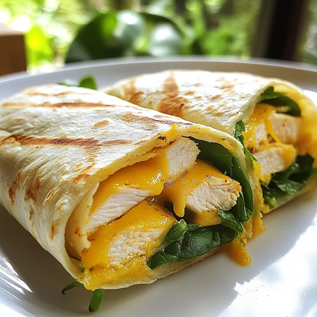 To make cheesy garlic chicken wraps, you need a few key items: - 2 boneless, skinless chicken breasts - 1 tablespoon olive oil - 4 cloves garlic, minced - 1 teaspoon paprika - Salt and pepper to taste - 1 cup shredded mozzarella cheese - 1 cup spinach leaves - 4 large tortillas These ingredients create a tasty blend of flavors that makes each bite special. You can add extra flair to your wraps with some optional ingredients: - 1/2 cup ranch dressing - Fresh parsley for garnish These extras enhance the taste and look of your dish. Feel free to mix things up! Here are some easy swaps: - Use chicken thighs instead of breasts for more flavor. - Swap mozzarella with cheddar or pepper jack for a kick. - Try kale or arugula instead of spinach for a different green. These substitutions can change the wraps while keeping them delicious. {{ingredient_image_1}} First, heat 1 tablespoon of olive oil in your skillet over medium heat. Season the 2 chicken breasts with 1 teaspoon of paprika, salt, and pepper. Place the chicken in the skillet. Cook for about 6-7 minutes on each side. You want them browned and cooked through. After cooking, remove the chicken and let it rest for 5 minutes. Then slice it into thin strips. Using the same skillet keeps all that great flavor. Add 4 minced garlic cloves to the skillet. Sauté the garlic for about 1 minute. You’ll know it’s ready when it smells amazing. Be careful not to burn it! In a bowl, combine the sliced chicken with the sautéed garlic. Add 1 cup of shredded mozzarella cheese to the mix. Stir everything together. The heat from the chicken will help melt the cheese. Make sure it’s all combined well. Lay out 4 large tortillas on a clean surface. Place a handful of spinach leaves in the center of each tortilla. Next, spoon the cheesy garlic chicken mixture over the spinach. Make sure to add enough so each bite is tasty. If you like a crispy wrap, here’s a fun step. Place the wraps seam-side down in the skillet. Cook for 2-3 minutes on each side. This will give them a nice crunch. Cut the wraps in half diagonally for easy eating. You can serve them with ranch dressing on the side for dipping. For a nice touch, garnish with fresh parsley if you like. Enjoy your cheesy garlic chicken wraps! To get juicy chicken, start with good quality meat. Use boneless, skinless breasts. Heat olive oil in a skillet over medium heat. Season the chicken with salt, pepper, and paprika. Cook for 6-7 minutes on each side. Look for a golden brown color. Use a meat thermometer to check that it reaches 165°F. Let it rest for 5 minutes before slicing. This keeps the juices in the chicken. For the best melted cheese, combine warm chicken with the cheese. After cooking the chicken, add minced garlic to the skillet. Sauté for one minute to enhance flavor. Then, mix the warm chicken and garlic with the shredded mozzarella in a bowl. The heat from the chicken will start to melt the cheese. Stir well until everything blends and the cheese becomes gooey and delicious. Store any leftover wraps in an airtight container. Keep them in the fridge for up to three days. To reheat, place the wraps in a skillet over medium heat. Cook for about 3-4 minutes on each side to warm them through. This method keeps the wraps crispy. You can also use the microwave, but they might get soft. If you freeze them, wrap each in foil first. They will last for about a month in the freezer. Pro Tips Rest the Chicken: Allowing the chicken to rest for a few minutes after cooking ensures that the juices are redistributed, making the meat more tender and flavorful. Cheese Selection: Feel free to mix different types of cheese, such as cheddar or pepper jack, for added flavor and a unique twist on the classic cheesy wrap. Wrap Wrapping: For a neater wrap, ensure you fold the sides in before rolling tightly. This helps to keep the filling from spilling out while eating. Customize Your Greens: You can substitute spinach with other greens like arugula or kale, or even add sliced bell peppers or avocado for extra nutrition and flavor. {{image_2}} You can swap chicken for veggies. Use grilled mushrooms or zucchini for flavor. Add more spinach or bell peppers for crunch. Try adding black beans for protein. This keeps it filling and tasty. Want a kick? Add diced jalapeños or crushed red pepper to the chicken. You can mix in hot sauce with the ranch dressing for extra spice. This makes each bite exciting and flavorful. Mozzarella is classic, but you can try other cheeses. Cheddar adds a sharp taste. Pepper jack gives heat and flavor. For a rich twist, use gouda or fontina. Mix and match to find your favorite! To keep your cheesy garlic chicken wraps fresh, wrap them tightly in foil or plastic. You can also use an airtight container. This method keeps the wraps moist and tasty. Store them in the fridge for up to three days. If you want to save some wraps for later, freezing is a great option. First, let the wraps cool completely. Then, wrap each one in plastic wrap. After that, place them in a freezer-safe bag. You can freeze them for up to three months. Leftover wraps will last three days in the fridge. If frozen, they can stay good for three months. Just remember, the sooner you eat them, the better they taste! Reheating them in a skillet helps bring back that delicious flavor. Yes, you can prepare the cheesy garlic chicken wraps ahead of time. Cook the chicken and mix it with garlic and cheese. Then, store the mixture in the fridge. When you're ready to eat, assemble the wraps and heat them. This saves time and keeps dinner easy. These wraps pair well with many sides. Here are some ideas: - Fresh salad with a light dressing - Crispy sweet potato fries - A bowl of creamy soup - Veggie sticks with dip These sides add color and flavor to your meal. Making cheesy garlic chicken wraps healthier is simple. Here are a few tips: - Use whole grain tortillas for more fiber. - Swap mozzarella for a lower-fat cheese. - Add more veggies, like bell peppers or cucumbers, into the wraps. - Use Greek yogurt instead of ranch dressing. These changes keep the dish tasty while cutting down calories. Absolutely! You can use other meats for cheesy garlic chicken wraps. Here are some options: - Turkey breast for a lean choice - Shrimp for a seafood twist - Beef strips for a heartier meal Just adjust cooking times based on the meat you choose. Each option brings a unique flavor to the wraps. In this post, we explored making cheesy garlic chicken wraps. We covered the main and optional ingredients, plus easy substitutions. Step-by-step, I showed you how to cook the chicken and prepare the wraps. You learned tips for perfect cheese melting and storing options. Variations include vegetarian and spicy options. These wraps are simple to make and full of flavor. You can customize them to fit your taste. Enjoy your cooking and happy eating!