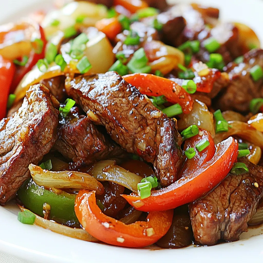 - 1 pound flank steak, thinly sliced against the grain - 2 tablespoons soy sauce - 2 tablespoons cornstarch - 2 tablespoons vegetable oil - 1 bell pepper (red, green, or yellow), sliced - 1 medium onion, sliced - 3 cloves garlic, minced - 1-inch piece ginger, minced - 1 tablespoon oyster sauce - 1 tablespoon sugar - ¼ teaspoon black pepper - ¼ cup beef broth - Chopped green onions for garnish When making Chinese pepper steak and onions, the right ingredients make all the difference. Start with flank steak, which is tender and flavorful. Slice it thinly; this helps it cook fast. Marinate the steak with soy sauce and cornstarch. This mix adds flavor and gives the meat a nice texture. You'll need fresh vegetables too. Pick a bell pepper—red, green, or yellow—along with a medium onion. These add color and crunch. Garlic and ginger are a must for that authentic taste. They pack a punch of flavor that wakes up the dish. Don't forget the sauces! Oyster sauce adds depth, while a bit of sugar balances the flavors. Black pepper gives it a kick, and beef broth keeps everything moist. Finally, top it off with chopped green onions for a fresh finish. With these ingredients, you're all set for a delicious meal! {{ingredient_image_1}} - First, grab a bowl. Combine sliced flank steak with soy sauce and cornstarch. - Mix well, then set aside to marinate for 15 minutes. This helps add flavor and tenderness. - While the steak marinates, slice the bell pepper and onion. - Mince the garlic and ginger. Set these aside for later. - Heat vegetable oil in a skillet over medium-high heat until hot. - Add the marinated steak to the skillet in one layer. Sear for 2-3 minutes. - After that, stir for 1 minute, then remove the steak from the skillet. - In the same skillet, add the sliced onion, bell pepper, garlic, and ginger. - Cook for 2-3 minutes until the vegetables are tender but still crisp. - In a small bowl, mix oyster sauce, sugar, black pepper, and beef broth. - Pour this sauce over the steak and vegetables. Toss well to coat everything. - Remove the skillet from heat. Garnish your dish with chopped green onions. When choosing flank steak, look for cuts with good marbling. Marbling means fat goes through the meat. Fat keeps the steak juicy and tasty. Freshness is key too. Check for bright red color and no strange smells. This assures you get tender meat. Cooking at medium-high heat is crucial. This heat helps form a nice crust on the steak. If your skillet is too cold, the steak will steam instead of sear. Always preheat your skillet before adding the meat. To achieve the perfect sear, add the steak in a single layer. Let it cook without stirring for 2-3 minutes. This allows a deep brown crust to form. After that, stir-fry for an extra minute to finish cooking. You can enhance flavor with simple seasonings. A splash of sesame oil adds a nutty taste. Try adding some crushed red pepper for heat. You can also mix in a dash of five-spice powder for depth. If you like it sweeter, add a bit more sugar. Each of these choices will elevate your dish. Pro Tips Use a Hot Skillet: Make sure your skillet or wok is very hot before adding the steak. This helps to sear the meat quickly, locking in the juices and creating a great crust. Cut Against the Grain: Always slice your flank steak against the grain. This will make your meat more tender and easier to chew. Don’t Overcook the Vegetables: Stir-fry the vegetables until they are just tender but still crisp. This will ensure they maintain their vibrant color and nutrients. Customize Your Heat: Adjust the number of bell peppers or add some chili flakes if you prefer a spicier dish. Tailor the recipe to your taste! {{image_2}} You can switch up the veggies in this dish. Try adding snap peas for a nice crunch. Carrots also add color and sweetness. Both choices will make your meal more colorful and fun. You can also mix in broccoli or zucchini for even more flavor. Use your favorite vegetables to keep things fresh. If you want to change the protein, chicken works great too. Just slice the chicken thinly and follow the same steps. Shrimp is another tasty option. It cooks fast and adds a nice touch. For a plant-based choice, use tofu. Make sure to press it first to remove extra water. These options let you enjoy the dish in many ways. Besides oyster sauce, you can try other sauces for new tastes. Teriyaki sauce will add a sweet and savory kick. Hoisin sauce brings a rich, thick flavor that pairs well with meat. You can also mix soy sauce with chili paste for some heat. Experimenting with sauces makes your dish unique each time. To store leftovers in the fridge, let the dish cool first. Place it in an airtight container. You can keep it fresh for up to three days. Make sure to label the container with the date so you know when to eat it. When you're ready to enjoy it again, just reheat it. If you want to freeze Chinese Pepper Steak & Onions, use a freezer-safe container. Let the dish cool completely before you freeze it. It can last for about three months in the freezer. To reheat, thaw it overnight in the fridge. Then, heat it in a skillet over medium heat until warmed through. For optimal freshness, use glass or BPA-free plastic containers. These materials help keep the food safe and tasty. Make sure the containers have tight-fitting lids to prevent air from getting in. This way, your flavors stay vibrant, and your meal remains enjoyable. Marinate the steak for about 15 minutes. This time allows the soy sauce and cornstarch to soak in. It helps to tenderize the meat and adds great flavor. If you have more time, you can let it marinate for up to 30 minutes. Just don’t go overboard, or it might become too salty. Yes, you can use other cuts of beef. Try sirloin or ribeye as good options. Both cuts are tender and work well in stir-fries. Just remember to slice them thin against the grain for the best texture. If you want a leaner choice, you can also use eye of round. This dish pairs well with steamed rice or fried rice. You can also serve it with noodles for a fun twist. Add some stir-fried vegetables on the side for extra color and nutrition. If you want more crunch, a fresh cucumber salad is a great choice. Yes, this recipe can be made kid-friendly. To make it milder, reduce the black pepper and garlic. You can also use a sweeter bell pepper. Cutting the veggies into smaller pieces can make it easier for kids to eat. Encourage them to add their favorite sides for a fun meal! You learned how to make a tasty Chinese Pepper Steak with simple steps. From marinating the flank steak to sautéing fresh veggies, each part adds flavor and color. Feel free to adjust the recipe to fit your taste, like adding different veggies or sauces. Remember to store your leftovers properly for future meals. Enjoy experimenting with this dish and sharing it with friends and family!
