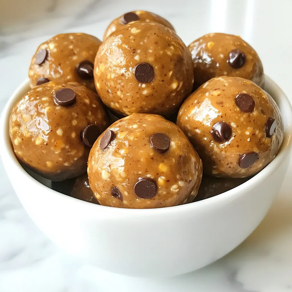 To make these tasty peanut butter energy balls, you need just a few simple ingredients: - 1 cup rolled oats - ½ cup natural peanut butter - ¼ cup honey or maple syrup - ¼ cup ground flaxseed - 1/3 cup mini dark chocolate chips - 1 teaspoon vanilla extract - A pinch of sea salt - Optional: 2 tablespoons chia seeds or shredded coconut Each ingredient plays a key role. The rolled oats give texture and fiber. Natural peanut butter adds healthy fats and protein. Honey or maple syrup acts as a sweetener and binds everything. Ground flaxseed boosts nutrition with omega-3s. Mini dark chocolate chips add a treat in each bite. Vanilla extract enhances flavor, and sea salt balances sweetness. The optional chia seeds or shredded coconut give extra crunch. These energy balls are not only yummy but also nutritious. Each ball has about 70-80 calories. They contain: - Protein: 3 grams - Carbohydrates: 10 grams - Total fat: 3 grams - Fiber: 2 grams - Sugar: 2-5 grams This makes them a great snack before or after a workout. The protein and fiber keep you full. You can customize these energy balls to fit your taste! Here are some ideas: - Use almond or cashew butter instead of peanut butter for variety. - Swap honey for agave syrup to make it vegan. - Add dried fruits like raisins or cranberries for extra sweetness. - Mix in nuts or seeds for added crunch. Feel free to experiment with what you have at home. The possibilities are endless! {{ingredient_image_1}} To start, gather all your ingredients. You will need rolled oats, peanut butter, honey, flaxseed, chocolate chips, vanilla, and sea salt. If you want, add chia seeds or coconut for texture. Make sure to have a large mixing bowl and a smaller one ready. 1. In your large bowl, mix the rolled oats, ground flaxseed, and sea salt together. Stir well. 2. In the small bowl, blend the peanut butter, honey, and vanilla until smooth. 3. Pour the peanut butter mix into the dry ingredients. Add the chocolate chips and any optional add-ins. 4. Use a spatula or your hands to mix everything until well combined. You want it to stick together. 5. Next, form small balls about one inch wide. If the mix is sticky, chill it for 10 minutes. 6. Place the balls on a baking sheet lined with parchment paper. 7. Chill the balls in the fridge for at least 30 minutes. This helps them firm up. 8. Store the energy balls in an airtight container in the fridge for a week or freeze them longer. To get the best texture, make sure your peanut butter is creamy. If the mix feels too dry, add a little more honey. If it's too wet, add more oats or flaxseed. Chilling the mixture helps it hold together better when rolling. Don’t rush this step; it makes a big difference! Mixing the right way makes a big difference. Start by blending the dry ingredients first. Combine rolled oats, ground flaxseed, and a pinch of sea salt in a bowl. This helps to ensure even flavor. In a separate bowl, blend the peanut butter, honey, and vanilla extract. Make sure this mixture is smooth. Pour the wet mix into the dry mix. Use a spatula or your hands to mix well. It should feel sticky but hold together. If it’s too sticky, chill it for a bit. This makes rolling easier. Storing your energy balls properly keeps them fresh. Place the balls in an airtight container. They can stay in the fridge for up to a week. If you want them to last longer, freeze them. Lay them on a baking sheet first to freeze. Once frozen, transfer the balls to a freezer bag. This way, they won’t stick together. Just take out what you need when you want a snack! Serving your energy balls can be fun and creative! Try placing them in a small bowl lined with parchment paper. This adds a nice touch. You can sprinkle some cocoa powder or ground flaxseed on top for decoration. If you’re sharing, arrange them on a plate with fresh fruit. They are perfect for parties, snacks, or a quick energy boost before workouts. Enjoy the tasty goodness! Pro Tips Chill for Ease: If the mixture is too sticky to handle, refrigerate it for about 10 minutes before rolling into balls. This will make it easier to shape them. Sweetness Adjustment: Feel free to adjust the sweetness by adding more or less honey or maple syrup based on your preference. Add Protein: For a protein boost, consider adding a scoop of your favorite protein powder to the mixture. Storage Tips: Store these energy balls in an airtight container in the refrigerator for up to a week, or freeze them for up to three months for a quick snack later. {{image_2}} You can switch nut butters for fun flavors. Try almond or cashew butter for a twist. Each nut butter gives a distinct taste. For sweeteners, maple syrup or agave nectar works great. Honey also adds a nice touch. If you need a nut-free option, use sunflower seed butter. It tastes great and is safe for schools. For people who avoid gluten, make sure to use certified gluten-free oats. You can also skip the mini dark chocolate chips for a simpler treat. Seasonal add-ins make your energy balls unique. In fall, add a pinch of cinnamon or pumpkin spice. In summer, try dried fruits like cranberries or apricots. You can even toss in fresh berries for a burst of flavor. Each season brings new ideas for tasty bites! After making your peanut butter energy balls, store them in an airtight container. The fridge works best. Keep them there for up to a week. This helps maintain their freshness and flavor. If you want to enjoy them later, consider freezing. To freeze your energy balls, first, let them cool completely. Arrange them on a baking sheet in a single layer. Place the sheet in the freezer for about an hour. Once frozen, transfer the balls to a freezer-safe bag. Remove as much air as possible before sealing. They can last for up to three months in the freezer. Look for changes in texture or smell. If they feel sticky or have a strange odor, it's time to toss them. Always check for mold before eating. If you see any, do not eat them. Keeping them stored properly will help avoid spoilage. Peanut butter energy balls last about one week in the fridge. Store them in an airtight container. If you freeze them, they can last up to three months. This makes them great for meal prep. Yes, you can use chocolate protein powder. It adds a nice boost of protein and flavor. Just replace part of the rolled oats with the protein powder. This way, you keep the texture right. Yes, peanut butter energy balls are gluten-free. Ensure you use gluten-free oats. Most peanut butter and honey are also gluten-free. Always check labels if you have strict dietary needs. You can use maple syrup instead of honey. Agave nectar is another good option. Both will keep the energy balls sweet and moist. Just use the same amount as you would for honey. In this post, we covered how to make peanut butter energy balls. We shared the ingredients, their nutritional value, and optional add-ins. The step-by-step instructions guide you from mixing to rolling with tips for the best texture. You also learned how to store these snacks and explore variations. These tasty bites are easy to customize and store well. Enjoy experimenting with flavors and find your favorite mix!