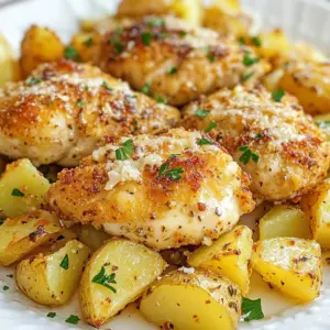To make Garlic Parmesan Chicken and Potatoes, gather these ingredients: - 4 boneless, skinless chicken breasts - 4 medium-sized potatoes, diced - 4 cloves garlic, minced - 1 cup grated Parmesan cheese - 1 teaspoon dried oregano - 1 teaspoon thyme - 1 teaspoon paprika - 2 tablespoons olive oil - Salt and pepper to taste - Fresh parsley, chopped (for garnish) Measuring ingredients properly makes a big difference. For chicken, use a kitchen scale for precision. When dicing potatoes, aim for even sizes. This helps them cook at the same rate. Use measuring spoons for spices and oil. Always level off dry ingredients in your measuring cups. You can adjust this recipe for your needs. For dairy-free, swap Parmesan cheese with nutritional yeast or a dairy-free cheese. If you need it gluten-free, this recipe is already safe! Just check your Parmesan label. You can also use chicken thighs instead of breasts for more flavor. {{ingredient_image_1}} Start by gathering all your ingredients on the counter. This makes cooking easier. You will need: - 4 boneless, skinless chicken breasts - 4 medium-sized potatoes, diced - 4 cloves garlic, minced - 1 cup grated Parmesan cheese - 1 teaspoon dried oregano - 1 teaspoon thyme - 1 teaspoon paprika - 2 tablespoons olive oil - Salt and pepper to taste - Fresh parsley, chopped (for garnish) Next, preheat your oven to 400&deg;F (200&deg;C). This is key for even cooking. Prepare a baking dish by lightly greasing it with a bit of olive oil. In a small bowl, mix the minced garlic, oregano, thyme, paprika, and a pinch of salt and pepper. This is your flavor base. Take the chicken breasts and rub the garlic mixture all over them. Make sure to coat both sides well. In another bowl, toss the diced potatoes with olive oil, half of the Parmesan cheese, salt, and pepper. Mix until the potatoes are evenly coated. Now, arrange the seasoned chicken breasts in the greased baking dish. Surround them with the seasoned potatoes. Place the dish in the oven. Bake for 25-30 minutes. The chicken should reach an internal temperature of 165&deg;F (74&deg;C). The potatoes will become golden and tender. In the last 5 minutes of baking, sprinkle the remaining Parmesan cheese over the chicken and potatoes. This adds a nice cheesy crust. To check if the chicken is done, use a meat thermometer. Insert it into the thickest part of the chicken. It should read 165&deg;F (74&deg;C). For the potatoes, they should feel soft when pierced with a fork. Once everything is cooked, take the dish out of the oven. Let it rest for a few minutes. This helps the juices settle. Finally, garnish with freshly chopped parsley before serving. Enjoy your delicious meal! To get crispy skin on your chicken, start with dry chicken breasts. Pat them dry with paper towels. This helps the skin crisp up well. Next, rub olive oil on both sides. This oil creates a nice barrier, allowing the skin to brown. Sprinkle salt generously. Salt helps draw out moisture, making the skin crispier. Bake the chicken in a hot oven at 400&deg;F for best results. The high heat cooks the chicken fast and crisps the skin. You can boost the flavor of your Garlic Parmesan Chicken by adding more spices. Consider using cayenne pepper for heat or lemon zest for brightness. A splash of balsamic vinegar gives a sweet tang. Try adding herbs like rosemary or basil for extra aroma. You can mix and match to find your perfect blend. Just remember to keep the balance in mind. Too many spices can overpower the dish. For tender, flavorful potatoes, choose the right type. Use Yukon Gold or red potatoes; they hold their shape well. Dice them evenly to ensure they cook at the same rate. Toss your potatoes in olive oil and seasonings before baking. This helps them absorb flavors. Bake them alongside the chicken. The chicken juices will add extra taste. To check doneness, poke a potato with a fork. If it slides in easily, they are ready to serve. Pro Tips Marinate for More Flavor: Allow the chicken to marinate for at least 30 minutes, or even overnight, to enhance its flavor and tenderness. Use Fresh Herbs: Fresh herbs like rosemary or thyme can elevate the dish's flavor profile compared to dried herbs. Perfect Potato Texture: Cut the potatoes into uniform pieces to ensure they cook evenly and achieve that perfect golden color. Rest Before Serving: Let the chicken rest for a few minutes after baking to allow the juices to redistribute, resulting in juicier meat. {{image_2}} You can add veggies like broccoli or carrots for more color and taste. Just chop them into small pieces. Toss them in olive oil, salt, and pepper. Lay them around the chicken and potatoes before baking. Shrimp is also a tasty choice. Just toss raw shrimp with the garlic mix and add them in the last few minutes of cooking. This keeps them tender and juicy. If you want to cook this dish on the stovetop, use a large skillet. Heat oil in the skillet and add chicken breasts. Brown them for about 5 minutes on each side. Then, add potatoes and garlic mix. Cover the skillet, reduce heat, and cook until the chicken is done and potatoes are soft. For a slow cooker, season the chicken and potatoes like before. Place them in the slow cooker and add a splash of broth. Cook on low for about 6-8 hours or high for 3-4 hours. This method gives you tender, flavorful chicken and potatoes. Serve this dish with a side salad for a fresh touch. You can also drizzle it with a lemon garlic sauce for added zing. Another idea is to serve it with a creamy ranch dip. Use fresh parsley to make your plate pop with color. Pair it with crusty bread to soak up all the tasty juices. After your meal, let the chicken and potatoes cool down. Place them in an airtight container. This helps keep them fresh. Store it in the fridge for up to three days. If you want to eat it later, try freezing it. To reheat, take the chicken and potatoes out of the fridge. Preheat your oven to 350&deg;F (175&deg;C). Place them in a baking dish. Cover it with foil to keep moisture in. Heat for about 15-20 minutes, or until warm. You can also use a microwave. Just heat in short bursts to avoid drying out the food. If you want to freeze the meal, make sure it is fully cooled. Cut the chicken and potatoes into smaller pieces. Place them in freezer-safe bags or containers. Squeeze out all the air before sealing. Label the bags with the date. You can freeze for up to three months. When you&rsquo;re ready to eat, thaw in the fridge overnight before reheating. Yes, you can make Garlic Parmesan Chicken and Potatoes ahead of time. Prepare the chicken and potatoes as directed, but do not bake them. Cover the dish with plastic wrap or foil and store it in the fridge. You can bake it later. Just remember to adjust the cooking time if the dish is cold. This dish is great on its own. However, you can serve it with a fresh salad or steamed veggies. A side of garlic bread pairs well too. If you want more carbs, consider adding rice or pasta. These options balance the meal and add flavor. Yes, you can use bone-in chicken for this recipe. Just remember that bone-in chicken takes longer to cook. Make sure the internal temperature reaches 165&deg;F (74&deg;C). Adjust the baking time to ensure the chicken is cooked through and safe to eat. In this blog post, we covered how to make Garlic Parmesan Chicken and Potatoes. We discussed the ingredients, provided cooking steps, and shared key tips to ensure delicious results. You learned about variations and storage methods to keep your meal fresh. Remember, small changes in ingredients or method can make a big difference. Enjoy creating your own version of this dish. Happy cooking!
