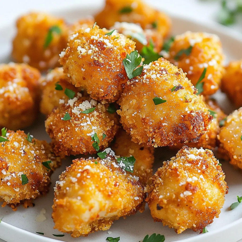 - 1 lb chicken breast - ½ cup breadcrumbs - ¼ cup grated Parmesan cheese - 1 teaspoon garlic powder - 1 teaspoon onion powder - 1 teaspoon smoked paprika - ½ teaspoon salt - ½ teaspoon black pepper - 1 large egg - 2 tablespoons olive oil - Optional garnish: Fresh parsley To make these chicken bites, start with fresh chicken breast. Cut it into small pieces, so they cook evenly. Use panko breadcrumbs for that extra crunch. They help achieve a crisp texture that’s hard to beat. Grated Parmesan cheese adds a savory touch. The garlic powder and onion powder give it a nice flavor boost. Smoked paprika adds a mild smokiness that rounds out the taste. Season with salt and black pepper for balance. These spices bring out the chicken's natural flavor. You'll need one large egg to help the coating stick. Olive oil is key to keeping the chicken moist as it cooks. If you want a pop of color, add fresh parsley as a garnish. It makes your dish look appealing and adds a fresh flavor. Each ingredient plays a role in making your chicken bites a crispy delight. {{ingredient_image_1}} - Coating with Olive Oil Start by cutting 1 pound of chicken breast into bite-sized pieces. Place them in a medium bowl. Drizzle 2 tablespoons of olive oil over the chicken. Toss the pieces to coat them evenly. This helps the coating stick well. - Using Bite-Sized Pieces Make sure the pieces are small. This allows them to cook evenly and get crispy all around. Aim for about 1 to 2 inches in size for the best results. - Mixing Breadcrumbs and Seasonings In a separate bowl, mix ½ cup of panko breadcrumbs and ¼ cup of grated Parmesan cheese. Add 1 teaspoon of garlic powder, 1 teaspoon of onion powder, 1 teaspoon of smoked paprika, ½ teaspoon of salt, and ½ teaspoon of black pepper. Stir the mixture well to combine all flavors. - Importance of Panko Breadcrumbs for Crunch Panko breadcrumbs are key for that extra crunch. They are lighter and crispier than regular breadcrumbs. This gives your chicken bites a delightful texture when cooked. - Beating the Egg In a small bowl, beat 1 large egg until it is smooth. This egg wash helps the coating adhere to the chicken better. - Techniques for Dipping Chicken Take each piece of chicken and dip it into the egg wash. Make sure to shake off any extra egg before moving to the next step. This ensures an even coating without clumps. - Preheating the Air Fryer Preheat your air fryer to 375°F (190°C) for about 3-5 minutes. This helps to get the chicken bites crispy right away. - Arranging Chicken Bites for Even Cooking Place the coated chicken bites in a single layer in the air fryer basket. Avoid overcrowding to ensure even cooking. You might need to cook in batches. - Cooking Time and Tips for Best Results Cook the chicken bites for 10-12 minutes. Flip them halfway through to brown both sides. Ensure the internal temperature reaches 165°F (75°C) for safe eating. Recommended Seasonings To make your chicken bites pop, I love using a mix of seasonings. Here’s what I recommend: - 1 teaspoon garlic powder - 1 teaspoon onion powder - 1 teaspoon smoked paprika - ½ teaspoon salt - ½ teaspoon black pepper These seasonings give the chicken a rich taste. You can also add some cayenne for heat or dried herbs for a fresh twist. Substitutions for Ingredients If you don’t have something on hand, don’t worry! You can swap ingredients easily. Use any cheese you have instead of Parmesan. Try almond meal instead of breadcrumbs for a gluten-free option. Best Practices for Coating To get that crunchy outer layer, here’s what works best: 1. Make sure to coat the chicken in olive oil first. 2. Use panko breadcrumbs for extra crunch. They are light and airy compared to regular breadcrumbs. 3. Don’t rush the coating process. Ensure each piece is fully covered in the breadcrumb mix. Tips for Air Fryer Settings Set your air fryer to 375°F (190°C). Preheat it for 3-5 minutes. This helps the chicken cook evenly. Avoid overcrowding the basket. Space the chicken bites out for that perfect crisp. Flip them halfway through cooking, too. Pairing with Dipping Sauces These chicken bites are great with dipping sauces. Some favorites include: - Honey mustard - BBQ sauce - Ranch dressing - Spicy mayo Each sauce adds a new flavor to the bites. Ideal Side Dishes for Chicken Bites Serve your chicken bites with sides for a full meal. Here are some ideas: - Fresh salad - Sweet potato fries - Veggie sticks with dip - Rice or quinoa These sides balance the meal and make it more filling. Enjoy your crispy delight! Pro Tips Use Panko Breadcrumbs: Panko breadcrumbs will give your chicken bites an extra crunch, making them more enjoyable. Don’t Overcrowd the Air Fryer: Arrange the chicken pieces in a single layer for even cooking and maximum crispiness. Check for Doneness: Always use a meat thermometer to ensure your chicken reaches an internal temperature of 165°F (75°C). Experiment with Seasonings: Feel free to add your favorite spices or herbs to the coating for a personalized flavor twist. {{image_2}} You can change the coating for your chicken bites to fit your needs. - Gluten-Free Alternatives: If you want a gluten-free option, use crushed cornflakes or gluten-free breadcrumbs. Both give a nice crunch while keeping it gluten-free. - Using Different Cheeses: Try using different cheeses in your coating. Cheddar or mozzarella can add a rich flavor. Mix them with the breadcrumbs for a tasty twist. Mix up the flavors to keep things exciting. - Spicy Chicken Bites: To make spicy chicken bites, add cayenne pepper or hot sauce to the coating mix. Adjust the spice level to your taste. - Herb-Infused Options: For a fresh taste, add dried herbs like thyme or oregano to the breadcrumb mix. This will give your chicken bites a lovely aroma. You can cook these bites in several ways. - Baking in the Oven: If you don’t have an air fryer, you can bake the chicken bites. Preheat your oven to 400°F (200°C). Place the chicken on a baking sheet and cook for about 15-20 minutes, flipping halfway through. - Pan-Frying Techniques: You can also pan-fry these bites. Heat oil in a pan over medium heat. Fry the chicken bites for about 5-7 minutes on each side until golden brown. These variations keep your chicken bites fun and flavorful! After cooking your chicken bites, let them cool on a plate. This helps keep them crispy. Once cooled, store them in an airtight container. This keeps them fresh and tasty. Place the container in the refrigerator. - Best Practices for Refrigeration: Always ensure the chicken bites are at room temperature before sealing them. This prevents condensation, which can make them soggy. - Duration for Safe Storage: You can safely store these chicken bites in the fridge for up to three days. If you want to keep them longer, consider freezing them. When it's time to enjoy leftovers, reheating is key. You want to keep them crisp and delicious. - How to Reheat in the Air Fryer: Preheat your air fryer to 375°F (190°C). Place the chicken bites in a single layer. Heat them for about 5-7 minutes. This makes them hot and crispy again. - Alternative Methods for Reheating: If you don’t have an air fryer, you can use an oven. Preheat the oven to 400°F (200°C). Place the chicken bites on a baking sheet and heat for 10-15 minutes. This method also keeps them crispy. Enjoy your chicken bites fresh, even on day two! Cooking chicken bites in the air fryer takes about 10-12 minutes. Set your air fryer to 375°F (190°C). Make sure to flip them halfway. Check that the chicken reaches 165°F (75°C) internally. This ensures juicy bites with a crispy outside. Yes, you can use frozen chicken breasts. Just remember that cooking time will increase. You should add about 5-7 more minutes to the cooking time. Also, ensure the chicken is fully cooked throughout. Thawing the chicken first will help it cook evenly and faster. Many sauces pair well with chicken bites. Some popular options include: - Honey mustard - BBQ sauce - Ranch dressing - Buffalo sauce - Sweet and sour sauce These choices add fun flavors and make every bite exciting. To make your chicken bites keto-friendly, swap out a few ingredients. - Use almond flour instead of breadcrumbs. - Choose low-carb cheese options, like mozzarella. - Keep the seasonings simple, focusing on salt and pepper. These swaps keep the bites tasty while staying true to the keto diet. You now have all the details to make delicious air fryer chicken bites. We covered the key ingredients and step-by-step instructions to create the perfect dish. Don’t forget the tips and variations to customize your bites. Whether you want a crispy texture or a spicy kick, there are many options. Proper storage and reheating keep them tasty for later. Enjoy experimenting with flavors, dips, and sides. This recipe is simple, healthy, and fun for any meal or snack. Happy cooking!