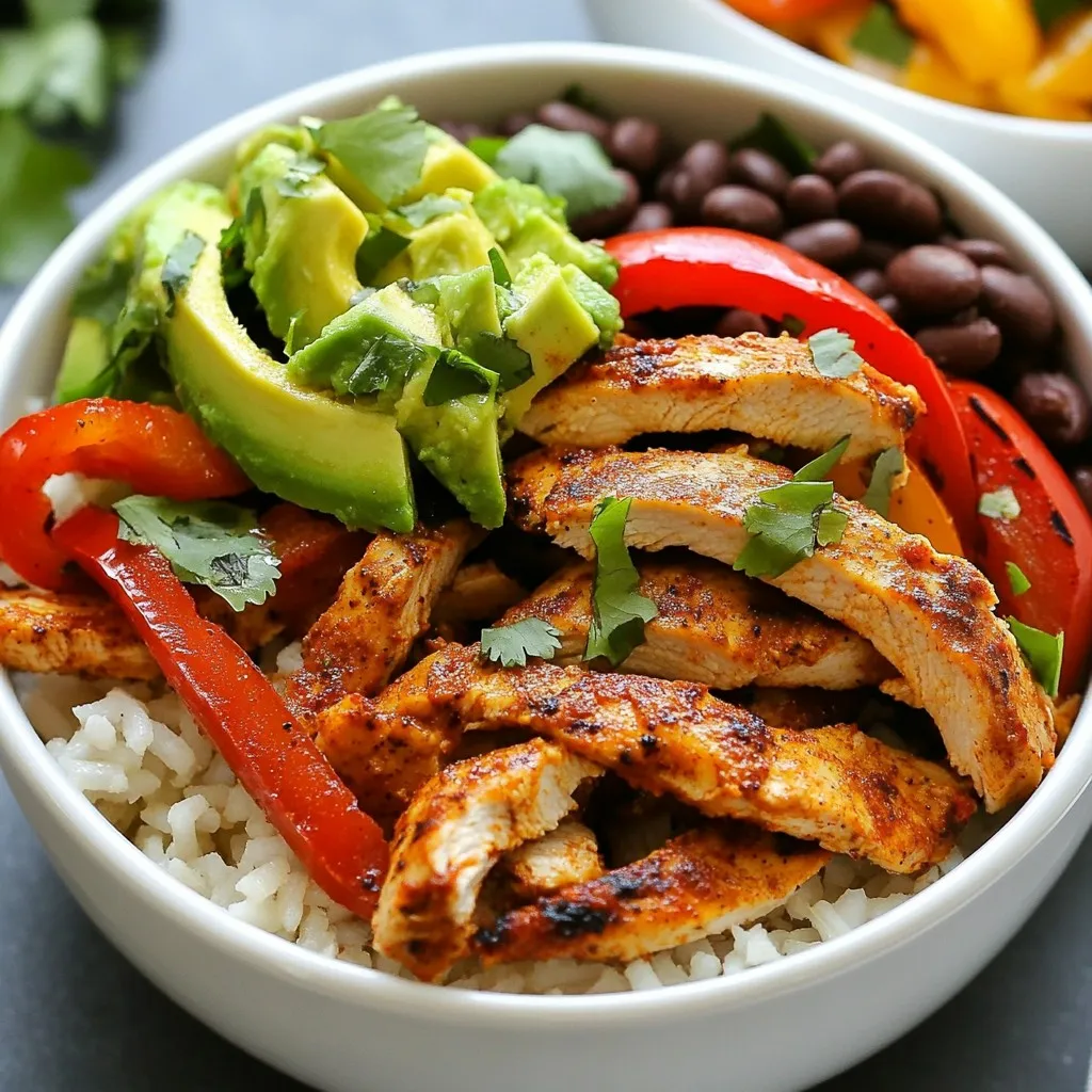To make these Chicken Fajita Meal Prep Bowls, you need: - 2 chicken breasts, sliced into strips - 1 red bell pepper, sliced - 1 green bell pepper, sliced - 1 yellow onion, sliced - 3 tablespoons olive oil - 2 teaspoons chili powder - 1 teaspoon cumin - 1 teaspoon smoked paprika - 1 teaspoon garlic powder - 1 tablespoon lime juice - Salt and pepper to taste - 2 cups cooked brown rice or quinoa - 1 cup black beans, drained and rinsed - 1 avocado, diced (for topping) - Fresh cilantro (for garnish) I love using fresh ingredients. They make the dish burst with flavor. The spices are key for that zesty kick. You can add fun toppings to make your meal special. Here are some ideas: - Lime wedges for a fresh squeeze - Sliced jalapeños for heat - Sour cream for creaminess - Shredded cheese for extra flavor Feel free to mix and match. These toppings can change the meal completely! You can easily swap ingredients based on what you have. Here are some options: - Use turkey or tofu instead of chicken for different proteins. - Swap brown rice with cauliflower rice for a low-carb choice. - If you don’t have black beans, use pinto beans or corn. These substitutes help keep the meal fun and exciting. Don’t be afraid to get creative! {{ingredient_image_1}} Start by cutting the chicken breasts into strips. Place them in a large bowl. Add 2 tablespoons of olive oil, chili powder, cumin, smoked paprika, garlic powder, lime juice, salt, and pepper. Mix everything well. Make sure each piece of chicken gets coated with the marinade. Let it sit for about 10 minutes. This helps the chicken soak up all the flavors. Heat a large skillet on medium-high. Once it’s hot, add the marinated chicken. Cook for 6-8 minutes. Stir occasionally to avoid sticking. Cook until the chicken reaches 165°F (75°C). This ensures it’s safe to eat. Once cooked, remove the chicken from the skillet and place it on a plate. In the same skillet, add 1 tablespoon of olive oil. Then, toss in the sliced bell peppers and onions. Sauté these for about 5-7 minutes. You want them to be tender but still crisp. Season them with salt and pepper to taste. This adds extra flavor to the dish. It’s a simple step but makes a big difference. To save time, prep your ingredients ahead. Slice the chicken and veggies the night before. Store them in airtight containers in the fridge. This way, they are ready to go when you need them. Cook your grains in bulk. You can make enough brown rice or quinoa for several meals. Divide the cooked grains into portions. This cuts down on cooking time throughout the week. Use fresh spices for the best taste. Toasting chili powder and cumin in the skillet adds depth. Marinate your chicken for at least 30 minutes. This helps the flavors soak in. Don't skip the lime juice; it brightens the entire dish. You can also add a pinch of cayenne pepper for heat. A dash of hot sauce can give it an extra kick. Make each bowl look appealing. Layer the ingredients for a colorful display. Start with the grains at the bottom. Then, add the fajita chicken, followed by the sautéed veggies. Top with diced avocado and cilantro. For a fun touch, add lime wedges on the side. This not only looks good but adds a fresh burst of flavor when served. Pro Tips Marinating Matters: Allow the chicken to marinate for at least 30 minutes for a deeper flavor. If you have more time, refrigerate it overnight for maximum taste. Vegetable Crunch: To keep the bell peppers and onions crisp, avoid overcooking them. They should be tender yet still have a slight crunch when served. Customize Your Beans: Feel free to mix different beans like pinto or kidney beans for added variety and flavor in your meal prep bowls. Toppings Galore: Experiment with different toppings such as sliced jalapeños, sour cream, or cheese to elevate the flavor profile of your fajita bowls. {{image_2}} You can switch out chicken for other proteins. Try shrimp, beef, or turkey. Each protein brings its own flavor. For shrimp, cook it quickly to keep it tender. Beef needs a bit longer. Turkey works well if you want a lighter option. Use the same marinade for each protein to keep it simple. If you prefer a plant-based meal, go for tofu or tempeh. Both soak up the marinade well. Sauté them just like you would with chicken. You can also add more beans, like pinto or kidney, for extra protein. Don’t forget to add extra veggies, like zucchini or mushrooms, to boost flavor and nutrition. While brown rice and quinoa are great bases, you have other choices. Try couscous, farro, or even cauliflower rice. Each grain adds its own texture. Couscous cooks fast and is fluffy. Farro has a nice chewiness, while cauliflower rice is low-carb and light. Experiment to find your favorite! To keep your Chicken Fajita Meal Prep Bowls fresh, store them in the fridge. Make sure to let the bowls cool down before sealing them. This helps avoid condensation. Use airtight containers to keep the flavors locked in. If you plan to eat them within four days, they will stay tasty. When you are ready to eat, reheat your meal prep bowl. Use a microwave for quick reheating. Heat for about 2-3 minutes on medium power. Stir halfway through to ensure even warming. If you want to use the oven, preheat it to 350°F (175°C). Cover the bowl with foil and heat for 10-15 minutes. This keeps the chicken and veggies juicy. Choose glass or BPA-free plastic containers. Glass containers are great for reheating. They are safe and sturdy. Look for containers with separate sections. This helps keep your chicken, veggies, and grains apart. This way, you can enjoy each component fresh and flavorful. Chicken Fajita Meal Prep Bowls can last in the fridge for up to four days. Make sure to store them in airtight containers. This keeps the flavors fresh and helps prevent spoilage. Yes, you can freeze Chicken Fajita Meal Prep Bowls. They will stay good for about three months in the freezer. To freeze, separate the chicken, rice, and veggies in different containers. This way, they won't get mushy when thawed. If you want a different base, try using cauliflower rice or couscous. Both options cook fast and add a nice texture. You can also use whole grain pasta for a fun twist on this meal. Adding vegetables is easy! You can toss in corn, zucchini, or spinach. Just sauté them with the bell peppers and onions. This boosts nutrition and makes your meal colorful and tasty. You now have a complete guide to making delicious Chicken Fajita Meal Prep Bowls. We covered each ingredient needed, from chicken to spices, and explored fun toppings. I shared step-by-step instructions and helpful tips for meal prep. You learned how to customize your bowl with proteins and grains, ensuring variety. Remember the best storage tips to keep your meals fresh. With these insights, you can create tasty and healthy meals with ease. Enjoy your cooking and make each bowl your own!