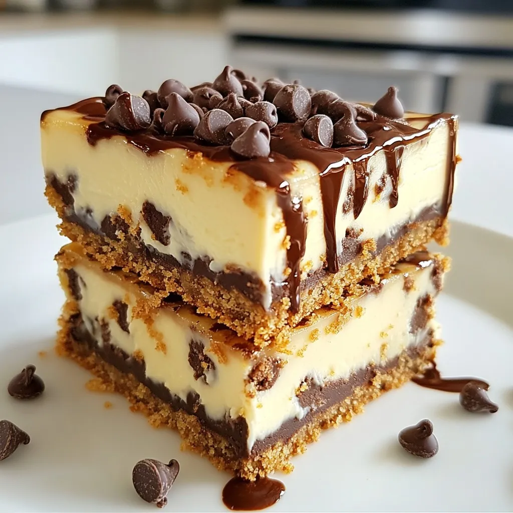 - 1 ½ cups graham cracker crumbs - ¼ cup granulated sugar - ½ cup unsalted butter, melted - 16 oz cream cheese, softened - ¾ cup granulated sugar - 2 large eggs - 1 teaspoon vanilla extract - 1 cup sour cream - 1 cup semi-sweet chocolate chips You need simple yet key ingredients for these chocolate chip cheesecake bars. The crust starts with graham cracker crumbs. I love the crunch they add. Mix these crumbs with granulated sugar for sweetness. The melted butter binds everything together, making a rich base. For the cheesecake filling, cream cheese is your star. Softened cream cheese ensures a smooth texture. You’ll add more sugar to sweeten the mix. The eggs give the filling structure, while vanilla extract adds a lovely flavor. Sour cream brings a nice tang. Finally, the semi-sweet chocolate chips make every bite heavenly. Gather these ingredients, and you're ready to create an unforgettable dessert. Enjoy the process; it’s all about the joy of cooking! {{ingredient_image_1}} - Preheat the Oven: Turn your oven to 325°F (160°C). - Combine Crust Ingredients: In a bowl, mix 1 ½ cups of graham cracker crumbs with ¼ cup of sugar. Stir in ½ cup of melted unsalted butter until it looks like wet sand. - Press Into Baking Dish: Take a greased 9x13-inch baking dish and press the mixture firmly into the bottom. Bake for 10 minutes until it is lightly golden. Let it cool while you make the filling. - Mixing Cream Cheese: In a large bowl, beat 16 oz of softened cream cheese with an electric mixer. Mix until smooth, about 2-3 minutes. - Adding Eggs and Vanilla: Gradually add ¾ cup of sugar, then mix in 2 large eggs, one at a time. Add in 1 teaspoon of vanilla extract and mix well. - Incorporating Sour Cream and Chocolate Chips: Fold in 1 cup of sour cream gently with a spatula, making sure there are no lumps. Then, gently mix in 1 cup of semi-sweet chocolate chips until they are evenly spread throughout the batter. - Pouring Filling Over Crust: Pour the cheesecake filling over the cooled crust. Spread it evenly for a nice look. - Baking Time and Temperature: Place it in the oven at 325°F (160°C) for 25-30 minutes. The edges should be set, but the center should still be a bit jiggly. It will firm up as it cools. - Cooling and Chilling Process: After baking, let it cool at room temperature for an hour. Then, refrigerate for at least 4 hours or overnight for the best taste. - Beating Cream Cheese Thoroughly: Start with soft cream cheese. Beat it well to remove lumps. This makes a creamy mix. Use an electric mixer for best results. Aim for about 2-3 minutes of mixing. - Folding in Ingredients: When adding sour cream and chocolate chips, fold gently. Use a spatula to combine. This keeps the filling light and airy. - Testing for Doneness: Look for set edges and a jiggly center. The center should not be too firm. It will set as it cools. - Baking Time Adjustments: Every oven is different. Check your bars after 25 minutes. If they need more time, add a few minutes. Keep an eye on them to avoid overbaking. - Serving Temperature: These bars taste best when chilled. Let them cool at room temperature first. After about an hour, refrigerate them for at least 4 hours. - Garnishing Ideas: Drizzle chocolate sauce on top. Add a sprinkle of chocolate chips or fresh berries for color. This makes the bars even more tempting! Pro Tips Use Room Temperature Ingredients: Ensure your cream cheese and eggs are at room temperature to achieve a smooth and creamy filling without lumps. Don’t Overmix the Batter: Fold in the sour cream and chocolate chips gently to maintain the light, airy texture of the cheesecake. Cool Gradually: Allow the cheesecake bars to cool at room temperature before refrigerating to prevent cracks on the surface. Chill for Best Results: Refrigerate the bars overnight if possible; this allows the flavors to meld and the texture to firm up perfectly. {{image_2}} You can switch things up by changing the chocolate chips. Use white chocolate instead of semi-sweet. This gives the bars a creamy sweetness. The flavor changes but stays delicious. You can also add fruit to the filling. Raspberries or blueberries work great here. They add a nice tartness that balances the sweetness. Just fold the fruit in gently with the chocolate chips. Your bars will look and taste amazing. If you need gluten-free options, swap the graham cracker crumbs. Use gluten-free cookie crumbs instead. They will work well for the crust and taste just as good. For vegan alternatives, replace the cream cheese with a vegan option. Look for a brand made from nuts or tofu. Use flax eggs instead of regular eggs. Mix one tablespoon of flaxseed meal with three tablespoons of water. Let it sit for five minutes until it thickens. This will help bind your filling without eggs. These changes let everyone enjoy the bars, no matter their diet! Store your chocolate chip cheesecake bars in the fridge. Use an airtight container. This keeps them fresh and tasty. If you have leftovers, make sure they are cool before covering them. Place parchment paper between layers if stacking. This helps avoid sticking. To freeze the bars, let them cool completely. Cut them into squares first. Wrap each square in plastic wrap. Then, place them in a freezer bag. Squeeze out extra air before sealing. This keeps them safe for up to three months. When ready to eat, thaw them in the fridge overnight. These bars stay fresh for about five days in the fridge. After that, the texture may change. Check for any signs of spoilage before eating. If you freeze them, they last much longer. The flavor stays great, so you can enjoy them later! You can tell when the cheesecake bars are done by a few signs. First, look at the edges. They should be set and firm. The center will still be a bit jiggly. This slight jiggle is okay! The bars will firm up as they cool. Yes, you can make these cheesecake bars ahead of time. I recommend chilling them for at least 4 hours. If you can, let them cool overnight. This extra time helps the flavors blend and makes the bars even better. If you need a substitute for sour cream, there are a few options. You can use plain yogurt for a similar taste. Cream cheese can work too, but it will change the texture a bit. Another option is to blend cottage cheese until smooth. This way, you keep the creamy texture while changing the flavor a bit. You now know how to make delicious cheesecake bars. We covered ingredients, from the crust to the filling. I shared step-by-step instructions to guide you through each part. Tips for a smooth filling and a perfect bake will help you succeed. You can also explore fun variations to match your taste. Proper storage will keep your treats fresh longer. Enjoy making and sharing these tasty bars. They’re sure to impress your friends and family!