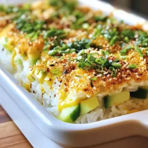 To make your TikTok viral sushi bake, you need these key items: - 1 &frac12; cups sushi rice - 2 cups water - 1 tablespoon rice vinegar - 1 tablespoon sugar - &frac12; teaspoon salt - 1 pound imitation crab meat, shredded - 1 avocado, diced - &frac12; cucumber, finely chopped - 1 cup cream cheese, softened - 2 tablespoons mayonnaise - 1 tablespoon sriracha (adjust to taste) These ingredients create the base for your sushi bake. The sushi rice gives it a sticky texture. The imitation crab adds a seafood flavor, while the cream cheese brings creaminess. You will also need a few pantry staples: - Sesame seeds for garnish - 1 sheet nori (seaweed), cut into strips - 2 tablespoons green onions, chopped These items enhance the dish. The nori provides a classic sushi element, and the green onions add brightness. If you want to add extra flair, consider these garnishes: - Additional sriracha for heat - Extra avocado slices for creaminess - Pickled ginger for tang These optional items let you customize your sushi bake. Add them based on your taste and mood. {{ingredient_image_1}} First, rinse the sushi rice under cold water. Keep rinsing until the water runs clear. This step removes excess starch. Next, put the rinsed rice in a pot with water. Bring it to a boil over medium heat. Once it boils, turn the heat to low and cover the pot. Let it cook for 18 to 20 minutes. When the rice is tender, turn off the heat. Allow it to sit for another 10 minutes with the lid on. While the rice cooks, mix rice vinegar, sugar, and salt in a small bowl. Stir until the sugar and salt dissolve. After the rice has rested, transfer it to a large bowl. Gently fold in the vinegar mixture. This adds flavor and gives the rice a nice shine. Let the rice cool a bit but not completely. In a separate bowl, combine the shredded imitation crab meat, diced avocado, and chopped cucumber. Add softened cream cheese, mayonnaise, and sriracha. Mix well. If you like it spicy, add more sriracha. Make sure all the ingredients blend together nicely. Preheat your oven to 350&deg;F (175&deg;C). Get a baking dish, about 9x9 inches. Spread the seasoned sushi rice evenly at the bottom. Press it down gently to pack it. Next, layer the crab mixture over the rice. Spread it evenly so every bite has flavor. Place the baking dish in the oven. Bake for 20 to 25 minutes. Keep an eye on it. You want the top to be golden and bubbly. This step brings all the flavors together. Once baked, take it out of the oven. Let it cool for a few minutes. Sprinkle chopped green onions and sesame seeds on top. Cut it into squares or scoop portions out with a spoon. Serve with strips of nori for wrapping or dipping. Enjoy your fun and tasty sushi bake! To make great sushi rice, start with high-quality sushi rice. Rinse it well under cold water. Keep rinsing until the water runs clear. This step removes extra starch. Then, combine the rinsed rice with water in a pot. Use a ratio of 1.5 cups rice to 2 cups water. Bring it to a boil, then lower the heat. Cover the pot and cook for 18 to 20 minutes. After cooking, let it sit for 10 minutes. This makes the rice fluffy. Mix in rice vinegar, sugar, and salt for flavor. This will give your sushi rice a nice shine. The filling for your sushi bake can be fun to change. Start with the base of imitation crab meat. You can swap it for shrimp or cooked chicken for a twist. Add diced avocado for creaminess. Chopped cucumber adds a nice crunch. Have fun with the cream cheese! You can mix in other flavors like garlic or lime. Adjust the sriracha based on your taste. If you like spicy food, add more. For a fresh touch, try adding herbs like cilantro or basil. The options are endless, so get creative! To get a beautiful golden top, preheat your oven to 350&deg;F (175&deg;C). Spread the sushi rice evenly in your baking dish. Press it down gently for a nice base. Layer the crab mixture evenly over the rice. Bake for 20 to 25 minutes. Keep an eye on it, as ovens can vary. Look for a golden, bubbly top. If you want extra crispness, broil it for a few minutes at the end. Just watch it closely to avoid burning. This golden top will make your sushi bake look amazing! Pro Tips Use Short-Grain Sushi Rice: Short-grain sushi rice is essential for achieving the right sticky texture. It helps the rice hold together when forming the base for the sushi bake. Adjust Spice Level: Feel free to alter the amount of sriracha in the filling to match your spice preference. Start with a small amount and increase gradually for a perfect balance. Experiment with Toppings: Get creative with your toppings! Consider adding sliced jalape&ntilde;os, pickled ginger, or even a drizzle of eel sauce for added flavor. Let It Cool: Allow the sushi bake to cool for a few minutes after baking. This helps the layers set, making it easier to cut and serve without falling apart. {{image_2}} To make a spicy tuna sushi bake, swap out the crab for fresh tuna. Use one pound of sushi-grade tuna, diced into small pieces. Mix it with cream cheese, a bit of sriracha, and a splash of soy sauce. This mix adds a nice kick. You can also top it with sliced jalape&ntilde;os for extra heat. Just layer it like the crab mixture, and bake as directed. The flavors blend well and bring a new twist to your sushi bake. For a vegetarian sushi bake, replace the crab with a mix of veggies. Use diced bell peppers, shredded carrots, and cucumbers. Mix in cream cheese and a bit of sriracha for creaminess and spice. You can also add edamame for protein. Assemble the bake as you would with crab, layering the veggie mix over the rice. This version is light and fresh while still being super tasty. To make a gluten-free sushi bake, focus on the sauces. Ensure your sriracha and mayonnaise are gluten-free. Instead of using imitation crab, you can try cooked shrimp or a mix of veggies. The rice and nori are naturally gluten-free, so they work perfectly. Just follow the same steps to cook the rice and assemble your bake. This way, everyone can enjoy a delicious meal! After you enjoy your sushi bake, store leftovers properly. Let it cool down first. Place it in an airtight container. This keeps the flavors fresh and prevents drying. You can store it in the fridge for up to three days. If you want to keep it longer, consider freezing it. When you want to enjoy leftovers, reheating is simple. Preheat your oven to 350&deg;F (175&deg;C). Place the sushi bake in an oven-safe dish. Cover it with foil to keep it moist. Heat for about 15-20 minutes, or until it's warm all the way through. You can also use the microwave. Heat in short bursts to avoid overcooking. Freezing sushi bake is a great option for meal prep. Cut the sushi bake into portions before freezing. Wrap each piece tightly in plastic wrap. Then, place them in a freezer-safe bag or container. This helps keep them fresh for up to two months. To thaw, move a portion to the fridge overnight before reheating. TikTok Viral Sushi Bake is a fun twist on sushi. This dish combines sushi rice, crab, and cream cheese. It is baked until golden and bubbly. You scoop it out and enjoy it. It&rsquo;s perfect for sharing with friends or family. The dish is colorful and packed with flavor. Many people love it because it&rsquo;s easy to make and tastes great. Yes, you can use real crab meat. It will add a fresh taste to your sushi bake. Just shred it like you would with imitation crab. Keep in mind, real crab can be more expensive. It also has a stronger flavor. Adjust the amount based on your taste. To make the sushi bake spicier, add more sriracha to the filling. You can start with one tablespoon and add more if you like. You can also sprinkle some chili flakes on top before baking. Another option is to serve it with a spicy dipping sauce. This will give you control over the heat level. You can serve sushi bake with nori strips for wrapping. Edamame or pickled vegetables make great sides too. A light salad with sesame dressing adds freshness. You could also pair it with a tasty dipping sauce. Soy sauce or a spicy mayo works well. Enjoy your meal with friends! Sushi bake is fun and easy to make. We covered the main ingredients, step-by-step instructions, and useful tips. You can also explore different variations, like spicy tuna or vegetarian options. Don't forget about storage for your leftovers! Sushi bake lets you get creative in the kitchen. Try new flavors and share your dish. This recipe is perfect for gatherings or family dinners. Enjoy making a dish that is tasty and satisfying!