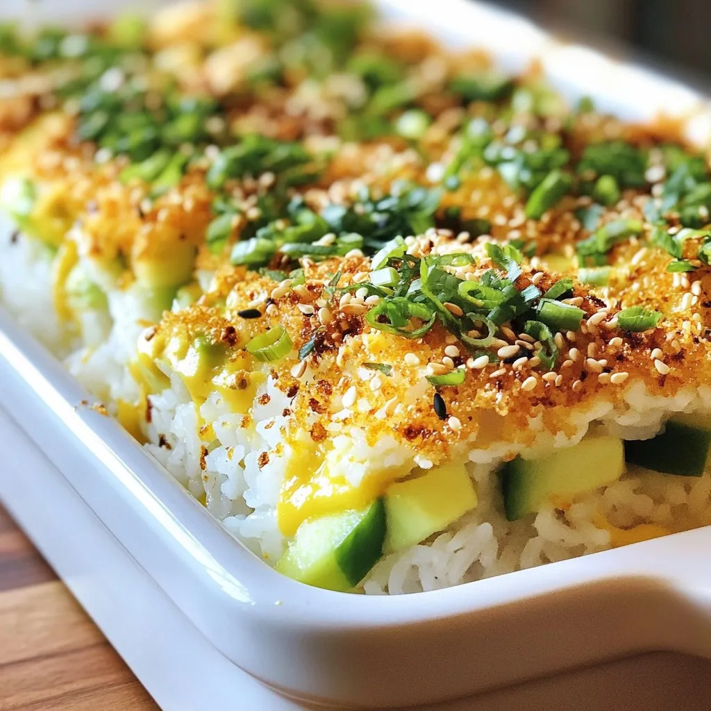 To make your TikTok viral sushi bake, you need these key items: - 1 ½ cups sushi rice - 2 cups water - 1 tablespoon rice vinegar - 1 tablespoon sugar - ½ teaspoon salt - 1 pound imitation crab meat, shredded - 1 avocado, diced - ½ cucumber, finely chopped - 1 cup cream cheese, softened - 2 tablespoons mayonnaise - 1 tablespoon sriracha (adjust to taste) These ingredients create the base for your sushi bake. The sushi rice gives it a sticky texture. The imitation crab adds a seafood flavor, while the cream cheese brings creaminess. You will also need a few pantry staples: - Sesame seeds for garnish - 1 sheet nori (seaweed), cut into strips - 2 tablespoons green onions, chopped These items enhance the dish. The nori provides a classic sushi element, and the green onions add brightness. If you want to add extra flair, consider these garnishes: - Additional sriracha for heat - Extra avocado slices for creaminess - Pickled ginger for tang These optional items let you customize your sushi bake. Add them based on your taste and mood. {{ingredient_image_1}} First, rinse the sushi rice under cold water. Keep rinsing until the water runs clear. This step removes excess starch. Next, put the rinsed rice in a pot with water. Bring it to a boil over medium heat. Once it boils, turn the heat to low and cover the pot. Let it cook for 18 to 20 minutes. When the rice is tender, turn off the heat. Allow it to sit for another 10 minutes with the lid on. While the rice cooks, mix rice vinegar, sugar, and salt in a small bowl. Stir until the sugar and salt dissolve. After the rice has rested, transfer it to a large bowl. Gently fold in the vinegar mixture. This adds flavor and gives the rice a nice shine. Let the rice cool a bit but not completely. In a separate bowl, combine the shredded imitation crab meat, diced avocado, and chopped cucumber. Add softened cream cheese, mayonnaise, and sriracha. Mix well. If you like it spicy, add more sriracha. Make sure all the ingredients blend together nicely. Preheat your oven to 350°F (175°C). Get a baking dish, about 9x9 inches. Spread the seasoned sushi rice evenly at the bottom. Press it down gently to pack it. Next, layer the crab mixture over the rice. Spread it evenly so every bite has flavor. Place the baking dish in the oven. Bake for 20 to 25 minutes. Keep an eye on it. You want the top to be golden and bubbly. This step brings all the flavors together. Once baked, take it out of the oven. Let it cool for a few minutes. Sprinkle chopped green onions and sesame seeds on top. Cut it into squares or scoop portions out with a spoon. Serve with strips of nori for wrapping or dipping. Enjoy your fun and tasty sushi bake! To make great sushi rice, start with high-quality sushi rice. Rinse it well under cold water. Keep rinsing until the water runs clear. This step removes extra starch. Then, combine the rinsed rice with water in a pot. Use a ratio of 1.5 cups rice to 2 cups water. Bring it to a boil, then lower the heat. Cover the pot and cook for 18 to 20 minutes. After cooking, let it sit for 10 minutes. This makes the rice fluffy. Mix in rice vinegar, sugar, and salt for flavor. This will give your sushi rice a nice shine. The filling for your sushi bake can be fun to change. Start with the base of imitation crab meat. You can swap it for shrimp or cooked chicken for a twist. Add diced avocado for creaminess. Chopped cucumber adds a nice crunch. Have fun with the cream cheese! You can mix in other flavors like garlic or lime. Adjust the sriracha based on your taste. If you like spicy food, add more. For a fresh touch, try adding herbs like cilantro or basil. The options are endless, so get creative! To get a beautiful golden top, preheat your oven to 350°F (175°C). Spread the sushi rice evenly in your baking dish. Press it down gently for a nice base. Layer the crab mixture evenly over the rice. Bake for 20 to 25 minutes. Keep an eye on it, as ovens can vary. Look for a golden, bubbly top. If you want extra crispness, broil it for a few minutes at the end. Just watch it closely to avoid burning. This golden top will make your sushi bake look amazing! Pro Tips Use Short-Grain Sushi Rice: Short-grain sushi rice is essential for achieving the right sticky texture. It helps the rice hold together when forming the base for the sushi bake. Adjust Spice Level: Feel free to alter the amount of sriracha in the filling to match your spice preference. Start with a small amount and increase gradually for a perfect balance. Experiment with Toppings: Get creative with your toppings! Consider adding sliced jalapeños, pickled ginger, or even a drizzle of eel sauce for added flavor. Let It Cool: Allow the sushi bake to cool for a few minutes after baking. This helps the layers set, making it easier to cut and serve without falling apart. {{image_2}} To make a spicy tuna sushi bake, swap out the crab for fresh tuna. Use one pound of sushi-grade tuna, diced into small pieces. Mix it with cream cheese, a bit of sriracha, and a splash of soy sauce. This mix adds a nice kick. You can also top it with sliced jalapeños for extra heat. Just layer it like the crab mixture, and bake as directed. The flavors blend well and bring a new twist to your sushi bake. For a vegetarian sushi bake, replace the crab with a mix of veggies. Use diced bell peppers, shredded carrots, and cucumbers. Mix in cream cheese and a bit of sriracha for creaminess and spice. You can also add edamame for protein. Assemble the bake as you would with crab, layering the veggie mix over the rice. This version is light and fresh while still being super tasty. To make a gluten-free sushi bake, focus on the sauces. Ensure your sriracha and mayonnaise are gluten-free. Instead of using imitation crab, you can try cooked shrimp or a mix of veggies. The rice and nori are naturally gluten-free, so they work perfectly. Just follow the same steps to cook the rice and assemble your bake. This way, everyone can enjoy a delicious meal! After you enjoy your sushi bake, store leftovers properly. Let it cool down first. Place it in an airtight container. This keeps the flavors fresh and prevents drying. You can store it in the fridge for up to three days. If you want to keep it longer, consider freezing it. When you want to enjoy leftovers, reheating is simple. Preheat your oven to 350°F (175°C). Place the sushi bake in an oven-safe dish. Cover it with foil to keep it moist. Heat for about 15-20 minutes, or until it's warm all the way through. You can also use the microwave. Heat in short bursts to avoid overcooking. Freezing sushi bake is a great option for meal prep. Cut the sushi bake into portions before freezing. Wrap each piece tightly in plastic wrap. Then, place them in a freezer-safe bag or container. This helps keep them fresh for up to two months. To thaw, move a portion to the fridge overnight before reheating. TikTok Viral Sushi Bake is a fun twist on sushi. This dish combines sushi rice, crab, and cream cheese. It is baked until golden and bubbly. You scoop it out and enjoy it. It’s perfect for sharing with friends or family. The dish is colorful and packed with flavor. Many people love it because it’s easy to make and tastes great. Yes, you can use real crab meat. It will add a fresh taste to your sushi bake. Just shred it like you would with imitation crab. Keep in mind, real crab can be more expensive. It also has a stronger flavor. Adjust the amount based on your taste. To make the sushi bake spicier, add more sriracha to the filling. You can start with one tablespoon and add more if you like. You can also sprinkle some chili flakes on top before baking. Another option is to serve it with a spicy dipping sauce. This will give you control over the heat level. You can serve sushi bake with nori strips for wrapping. Edamame or pickled vegetables make great sides too. A light salad with sesame dressing adds freshness. You could also pair it with a tasty dipping sauce. Soy sauce or a spicy mayo works well. Enjoy your meal with friends! Sushi bake is fun and easy to make. We covered the main ingredients, step-by-step instructions, and useful tips. You can also explore different variations, like spicy tuna or vegetarian options. Don't forget about storage for your leftovers! Sushi bake lets you get creative in the kitchen. Try new flavors and share your dish. This recipe is perfect for gatherings or family dinners. Enjoy making a dish that is tasty and satisfying!