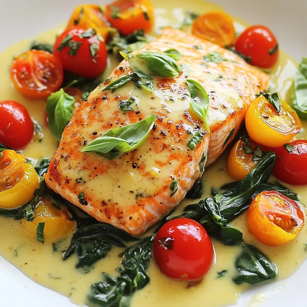- 4 salmon fillets - 2 tablespoons olive oil - 3 cloves garlic, minced - 1 cup cherry tomatoes, halved - 1 cup spinach leaves - 1 cup heavy cream - 1/2 cup grated Parmesan cheese - 1 teaspoon dried Italian herbs (oregano, basil, thyme) - Salt and pepper to taste - Fresh basil leaves for garnish The ingredients in Creamy Tuscan Salmon are key to creating a rich and tasty dish. Salmon fillets are the star of this recipe. They offer a great source of protein and healthy fats. The olive oil helps cook the salmon while adding flavor. Garlic gives a wonderful aroma and taste. Cherry tomatoes add a burst of sweetness and color. Spinach leaves bring a nice green touch and are packed with nutrients. Heavy cream makes the sauce smooth and rich. Adding grated Parmesan cheese enhances the creaminess and adds depth to the flavor. The dried Italian herbs, like oregano and thyme, bring a fragrant touch. Salt and pepper make sure every bite is tasty. Finally, fresh basil leaves add a beautiful garnish and a fresh finish. This simple list of ingredients makes it easy to create a gourmet meal at home. You can find all these items at your local store. Enjoy gathering them! {{ingredient_image_1}} 1. Heat olive oil. Begin by pouring two tablespoons of olive oil into a large skillet. Turn the heat to medium. Wait until the oil gets hot. 2. Season and cook salmon fillets. Place four salmon fillets skin-side down into the skillet. Sprinkle salt and pepper on top. Cook the salmon for about four to five minutes on each side. Look for a golden brown color. Once done, take the salmon out and set it aside. 1. Sauté minced garlic. In the same skillet, add three cloves of minced garlic. Stir and cook for about thirty seconds. You should smell its lovely aroma. 2. Add cherry tomatoes and spinach. Now, toss in one cup of halved cherry tomatoes. Cook for about three to four minutes. The tomatoes will soften and burst a little. Next, add one cup of spinach leaves. Stir until the spinach wilts, which takes about two minutes. 3. Incorporate heavy cream and Parmesan cheese. Pour in one cup of heavy cream. Bring it to a gentle simmer. Lower the heat and mix in half a cup of grated Parmesan cheese. Also, add one teaspoon of dried Italian herbs. Stir until the cheese melts and the sauce is creamy. 1. Return salmon to skillet. Place the cooked salmon fillets back in the skillet. Spoon the creamy sauce over the salmon. 2. Simmer to blend flavors. Let everything simmer for another two to three minutes. This helps all the flavors mix well. 3. Adjust seasoning as needed. Taste the sauce and add more salt or pepper if you like. To cook salmon well, aim for a medium heat. Heat the olive oil in your skillet. Add the salmon fillets skin-side down. Cook each side for about 4-5 minutes. The salmon should turn golden brown. To check for doneness, look for the flesh to flake easily with a fork. You can also use a food thermometer. The inside should reach 145°F. To elevate the creamy sauce, try adding more flavor. A squeeze of lemon juice boosts taste. Fresh herbs like parsley or dill can also enhance it. If you want a lighter sauce, you can swap heavy cream. Use half-and-half or coconut cream instead. These options can make your dish unique. Presentation makes your meal shine. Garnish with fresh basil leaves for color. You can also add a sprinkle of grated Parmesan on top. Serve the creamy Tuscan salmon over a bed of pasta or rice. This adds a nice touch and makes the dish feel complete. Pro Tips Perfectly Cooked Salmon: To achieve perfectly cooked salmon, use a fish spatula to gently press down the fillet when it first hits the pan. This ensures even cooking and crisp skin. Fresh Herbs Matter: For the best flavor, use fresh basil instead of dried. Add it at the end of cooking to preserve its aromatic qualities. Adjusting Creaminess: If you'd like a lighter sauce, you can substitute half of the heavy cream with chicken or vegetable broth. This will still provide a rich flavor while reducing calories. Make it Your Own: Feel free to add other vegetables like bell peppers or zucchini to the sauce for added nutrition and flavor. Just sauté them along with the garlic. {{image_2}} You can change the fish in this dish. Try trout, tilapia, or even cod. Each fish brings its own flavor and texture. For a vegan twist, swap salmon for tofu or chickpeas. Use firm tofu to hold its shape in the sauce. This makes the dish hearty and satisfying. To boost taste, add lemon zest to the sauce. The zest brings a bright kick that balances the creaminess. You can also toss in capers or olives. These salty bites add depth and contrast. Just a few will elevate your dish. Pair this creamy salmon with a fresh green salad or roasted veggies. The crunch of vegetables balances the rich sauce. You can also serve it with pasta or rice. These sides soak up the flavors well. For drinks, a crisp white wine works best. Consider Sauvignon Blanc or Pinot Grigio. They complement the creaminess and enhance the meal. Enjoy making this dish your own! To store leftover creamy Tuscan salmon, let it cool first. This step helps prevent moisture buildup. After cooling, transfer the salmon and sauce into airtight containers. Glass or BPA-free plastic containers work well. Make sure to seal them tightly to keep the flavors fresh. When you're ready to enjoy your leftovers, use gentle heat. The best way to reheat creamy salmon is on the stovetop. Place the salmon in a skillet over low heat. Add a splash of cream to keep it moist. Stir occasionally until it warms through. This method helps maintain the creamy texture. Can you freeze creamy sauce? Yes, but it may change texture when thawed. To freeze, place the salmon in a freezer-safe container. Make sure to separate the sauce if you can. When ready to eat, thaw overnight in the fridge. Reheat gently on the stovetop, adding cream as needed. This will help revive that creamy goodness! You can use milk and butter as a lighter option. Mix 3/4 cup of milk with 1/4 cup of melted butter. This gives a creamy texture that works well in sauces. Another option is to use Greek yogurt. It adds creaminess and protein but will be thicker. You can also try coconut cream for a dairy-free choice. It has a rich flavor that fits nicely in this dish. Yes, you can prepare this dish in advance. Cook the salmon and sauce, then store them separately in airtight containers. Keep them in the fridge for up to two days. When ready to eat, reheat the salmon gently in a skillet. Warm the sauce on low heat until it’s hot. This way, the flavors stay fresh and tasty. Salmon is done when it flakes easily with a fork. The flesh should turn from bright pink to opaque. You can also use a meat thermometer. The safe internal temperature for salmon is 145°F. If you see the white protein (albumin) on the surface, it’s a sign it's cooked. Yes, you can use frozen salmon. Thaw it in the fridge overnight for the best results. If you're in a hurry, you can cook it straight from frozen. Just add a few extra minutes to the cooking time. This will ensure it cooks evenly and stays moist. This recipe shows how to make creamy salmon with simple steps. You learned about each ingredient and why they matter. The cooking method makes a rich sauce that brings out the salmon's taste. Remember to check doneness and adjust flavors as you go. You can also get creative with swaps and side dishes. Enjoy your meal and share it with family or friends! Your kitchen can be a place for fun, flavor, and health. Keep experimenting and savoring every bite!
