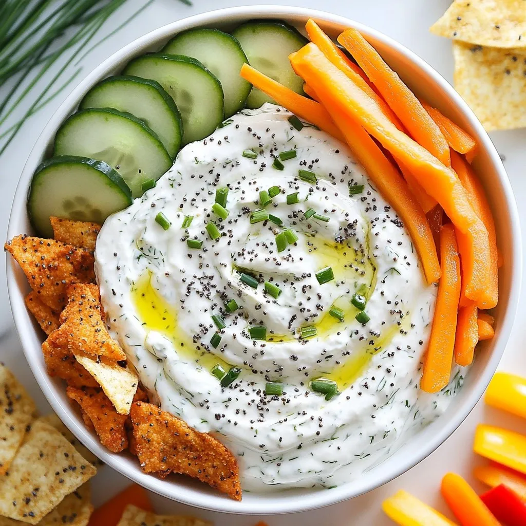 - 1 cup plain Greek yogurt - 1 tablespoon cream cheese, softened - 2 tablespoons mayonnaise - 2 tablespoons everything bagel seasoning - 1 teaspoon garlic powder - 1 tablespoon fresh chives, chopped - 1 tablespoon fresh dill, chopped (optional) - Salt and pepper to taste - Fresh vegetables and bagel chips for serving Gathering the right ingredients makes your dip shine. First, grab a cup of plain Greek yogurt. This gives a creamy base. Next, you need one tablespoon of softened cream cheese. This adds richness. Then, add two tablespoons of mayonnaise for extra creaminess. The star is the everything bagel seasoning. Two tablespoons bring a wonderful crunch and flavor. We also use one teaspoon of garlic powder for a nice kick. Fresh chives, one tablespoon chopped, lend a bright flavor. If you like, add one tablespoon of fresh dill. Don't forget salt and pepper to taste. These will enhance all the other flavors. Finally, prepare fresh vegetables and bagel chips for serving. They make dipping fun! With these ingredients, you can create a tasty dip that everyone will love. {{ingredient_image_1}} 1. In a medium bowl, combine 1 cup of plain Greek yogurt, 1 tablespoon of softened cream cheese, and 2 tablespoons of mayonnaise. Use a whisk or spatula to blend until smooth and creamy. 2. Next, add 2 tablespoons of everything bagel seasoning, 1 teaspoon of garlic powder, and 1 tablespoon each of chopped fresh chives and dill (if using). Mix well to ensure everything is evenly combined. 3. Now, taste your dip. Adjust the seasoning with salt and pepper to suit your preference. The bagel seasoning can be salty, so add carefully. 1. Cover the bowl with plastic wrap. This helps keep the dip fresh and lets the flavors meld together. 2. Refrigerate for at least 30 minutes. This chilling time is key for a tasty dip. 1. Once chilled, give the dip a quick stir. Then, transfer it to a serving bowl. 2. For an appealing display, serve the dip in the center of a large platter. Surround it with fresh vegetables like carrot sticks, cucumber slices, and bell pepper strips. Don’t forget crispy bagel chips for dipping! 3. For a pretty touch, garnish the dip with extra chives or dill on top. This makes it look even more inviting. To get that smooth and creamy dip, start by softening your cream cheese. This step is key. Soft cream cheese blends easily with Greek yogurt and mayonnaise. I recommend using a whisk for mixing. Whisking adds air and makes the dip light. You can also use a spatula for a more gentle mix. Just make sure everything is well combined. You can customize the flavor of your dip easily. If you like it spicy, add a pinch of cayenne pepper. For a fresh taste, try adding more chives or dill. Balancing flavors is important. If the dip tastes too salty, add a bit more yogurt. Tasting as you go helps you find the perfect mix. Fresh veggies and bagel chips are the best pairings. I love using carrot sticks, cucumber slices, and bell pepper strips. They add crunch and color. For a fun twist, serve the dip in a hollowed-out bagel. This makes a great centerpiece. You can also garnish with extra chives or dill on top for a pretty finish. Enjoy your dip with friends and family! Pro Tips Use Full-Fat Ingredients: For a richer and creamier dip, opt for full-fat Greek yogurt and cream cheese. This will enhance the overall flavor and texture. Customize Your Seasoning: Feel free to adjust the amount of everything bagel seasoning based on your taste preference. You can also add other spices like smoked paprika for a unique twist. Chill for Best Flavor: Letting the dip sit in the refrigerator for at least 30 minutes allows the flavors to meld beautifully, making it even more delicious when served. Perfect Pairings: Serve with a variety of dippables like fresh vegetables, bagel chips, or even pretzels to offer your guests a delightful range of textures and flavors. {{image_2}} You can easily make this dip your own. Try adding fresh herbs like basil or parsley for a twist. A pinch of smoked paprika can add a nice kick. For a savory touch, mix in sun-dried tomatoes or chopped olives. Both will give a rich flavor that pairs well with the creamy base. You can even switch up the seasoning. If you love spice, add some crushed red pepper flakes. If you're looking to make this dip lighter, use low-fat cream cheese or mayonnaise. You can also swap Greek yogurt for a low-fat version. For those who can't have dairy, use a plant-based yogurt. Almond or coconut yogurt can work well. Just ensure they are plain and unsweetened for the best taste. You can make this dip vegan by leaving out the cream cheese and mayonnaise. Instead, use a vegan cream cheese substitute. For a gluten-free option, just serve this dip with gluten-free crackers or veggies. This way, everyone can enjoy the delicious flavors without worry. To keep your Greek Yogurt Everything Bagel Dip fresh, store it in the fridge. I recommend using an airtight container. This helps prevent the dip from absorbing other smells. If you don’t have an airtight container, a bowl covered tightly with plastic wrap works too. When stored properly, this dip lasts about 3 to 5 days in the fridge. Always check for signs of spoilage. If you see any mold or if it smells off, it’s best to toss it. A good rule is to trust your nose and eyes. You can freeze this dip if you want to keep it longer. To freeze, place it in a freezer-safe container. Leave some space at the top for expansion. When you’re ready to eat it, thaw the dip in the fridge overnight. Stir it well before serving. The texture may change a bit, but the taste will still be great! You can keep this dip in the fridge for up to five days. Store it in an airtight container. Make sure to check for any signs of spoilage, like an off smell or change in texture. If it looks good, it is likely still safe to eat. Yes, you can make this dip the day before your event. Just follow the recipe, then cover it with plastic wrap and chill in the fridge. This gives the flavors more time to mix and taste better. Just remember to stir it before serving. This dip pairs well with many fresh veggies. Great options include carrot sticks, cucumber slices, and bell pepper strips. You can also serve it with crispy bagel chips for a crunchy contrast. Arrange them on a platter for a fun and tasty spread! This blog post covered how to make a tasty Greek Yogurt Everything Bagel Dip. You learned the key ingredients, step-by-step instructions, and tips for a perfect dip. I shared variations to suit different diets and preferences. Now you can customize your dip and enjoy it with your favorite veggies and chips. Remember, with a bit of care in storage, you can keep it fresh for days. Dive in, experiment, and make this dip a flavorful addition to your snacks!