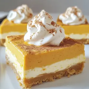 To make these tasty pumpkin spice cheesecake bars, gather these ingredients: - 1 &frac12; cups graham cracker crumbs - &frac12; cup unsalted butter, melted - 2 cups cream cheese, softened - 1 cup granulated sugar - 1 teaspoon vanilla extract - 1 cup pumpkin puree - 2 large eggs - 1 teaspoon ground cinnamon - &frac12; teaspoon ground nutmeg - &frac12; teaspoon ground ginger - &frac14; teaspoon allspice - &frac12; teaspoon salt - Whipped cream for serving (optional) These ingredients work well together to create a rich and creamy dessert. If you need alternatives, consider these options: - Gluten-Free: Use gluten-free graham cracker crumbs for the crust. - Dairy-Free: Substitute cream cheese with a dairy-free cream cheese. Use coconut cream instead of whipped cream. - Pumpkin Puree: You can swap pumpkin puree with mashed sweet potatoes for a different flavor. These substitutions keep the bars delicious while meeting dietary needs. Using trusted brands can enhance your dish. Here are my top picks: - Cream Cheese: Philadelphia or Kite Hill (for dairy-free) - Pumpkin Puree: Libby&rsquo;s is a reliable choice for quality. - Graham Crackers: Honey Maid for classic flavor or Glutino for gluten-free. Choosing these brands can help you achieve the best results in your pumpkin spice cheesecake bars. {{ingredient_image_1}} First, preheat your oven to 350&deg;F. This ensures even baking for our cheesecake bars. Grease a 9x9 inch baking pan or line it with parchment paper. The parchment paper helps you lift the bars out later. In a medium bowl, mix 1 &frac12; cups graham cracker crumbs with &frac12; cup melted unsalted butter. Stir until the crumbs are fully coated. Next, press the crumb mixture into the bottom of your pan. Make sure it is packed tightly to create a strong crust. Bake the crust for 10 minutes. Once done, take it out and let it cool slightly. In a large bowl, beat 2 cups of softened cream cheese. Use a hand mixer for a smooth texture. Gradually add in 1 cup of granulated sugar. Continue mixing until well combined. Now, add 1 teaspoon of vanilla extract and mix again. It&rsquo;s time for the star of the show! Add in 1 cup of pumpkin puree, along with 2 large eggs. Sprinkle in 1 teaspoon of ground cinnamon, &frac12; teaspoon of ground nutmeg, &frac12; teaspoon of ground ginger, &frac14; teaspoon of allspice, and &frac12; teaspoon of salt. Mix on low speed until everything is blended and you see no lumps. Pour the cheesecake mixture over the cooled crust. Spread it evenly with a spatula. Bake in your preheated oven for 30 to 35 minutes. The center should be set and not jiggle when you gently shake the pan. After baking, let the bars cool at room temperature for an hour. Then, put them in the fridge for at least 4 hours. This helps the flavors meld and makes the bars firm. When fully chilled, lift the bars out using the parchment paper. Cut into squares and enjoy! To get a great crust, use fresh graham cracker crumbs. Make sure to crush them finely. Mix them well with melted butter. The crumbs should look wet but not soggy. Press this mixture firmly into the pan. Bake it for 10 minutes. This step helps the crust hold its shape. Let it cool before adding the filling. For a smooth batter, start with softened cream cheese. Cold cream cheese can cause lumps. Beat it with a mixer until creamy. Add sugar slowly and mix well. This helps blend the sugar evenly. When you add the pumpkin and spices, mix on low. This prevents overmixing, which can lead to cracks. Make sure to scrape the bowl to mix everything well. After baking, let the bars cool at room temperature for an hour. This helps set the texture. Then, chill them in the fridge for at least 4 hours. Chilling enhances the flavors. When ready to serve, lift them out using parchment paper. Cut into squares for easy serving. Top each bar with whipped cream and a sprinkle of cinnamon for extra flavor. Enjoy your delightful fall treat! Pro Tips Use Fresh Pumpkin: For the best flavor, use fresh pumpkin puree instead of canned. Roast a small sugar pumpkin until tender and blend until smooth. Room Temperature Ingredients: Ensure your cream cheese and eggs are at room temperature for a smoother batter and better incorporation. Don&rsquo;t Overmix: Mix the cheesecake batter until just combined to prevent incorporating too much air, which can cause cracks during baking. Chill Thoroughly: Allow the cheesecake bars to chill completely before cutting for cleaner, neater squares and enhanced flavor. {{image_2}} You can enhance your Pumpkin Spice Cheesecake Bars by adding more spices. Try adding: - &frac12; teaspoon clove for a warm, rich flavor. - 1 teaspoon cardamom for a unique twist. - A pinch of cayenne for a hint of heat. Mix these spices into the filling as you blend the pumpkin puree. Each option brings a new taste to your bars and makes them even more special. Making mini bars is simple and fun. Start by using a 12-cup muffin tin instead of a baking pan. Line each cup with paper liners for easy removal. - Follow the crust recipe, but divide the crumb mixture into the muffin cups. - Press down firmly to create mini crusts. - Pour the filling over each crust and bake for about 20-25 minutes. Cool them as you would the larger bars. These mini versions are perfect for parties or as sweet gifts. You can make these bars vegan or dairy-free with a few swaps. Use: - 2 cups of cashew cream in place of cream cheese. - Maple syrup instead of granulated sugar for a natural sweetener. - One tablespoon of flaxseed meal mixed with three tablespoons of water as an egg substitute. These changes will give you a creamy texture and rich flavor without dairy. Enjoy your delicious, guilt-free treat! To keep your Pumpkin Spice Cheesecake Bars fresh, store them in the fridge. Use an airtight container. This method prevents moisture loss and keeps flavors intact. Place parchment paper between the bars to stop sticking. This way, you can easily take out a square whenever you want a treat. If you want to save some bars for later, freezing is a great option. Wrap each bar in plastic wrap tightly. Then, place them in a freezer bag or an airtight container. Label the bag with the date. They can last up to three months in the freezer. When you are ready to eat, thaw them in the fridge overnight. Your Pumpkin Spice Cheesecake Bars will stay fresh for about five days in the fridge. After that, they may lose their taste and texture. Keep an eye on any signs of spoilage. If you see any moisture on the surface or a change in smell, it&rsquo;s best to toss them. Enjoy your tasty bars while they are at their best! Yes, you can make these bars ahead of time. I recommend preparing them a day in advance. This allows the flavors to meld and taste even better. After baking, let them cool, then refrigerate. They will stay fresh for up to five days. Just remember to cover them well to keep them moist. Cutting cheesecake bars can be tricky, but I have some tips. First, use a sharp knife for clean cuts. Dip the knife in warm water and wipe it dry between cuts. This method prevents the bars from crumbling. Additionally, chill the bars well before cutting. This sets the filling and helps with clean edges. You can find pre-made Pumpkin Spice Cheesecake Bars at many bakeries and grocery stores. Check the dessert section or ask the staff for help. Some cafes may also offer these delicious treats in the fall. If you want a quick fix, look for them in the frozen dessert aisle. In this blog post, we shared everything you need to make perfect Pumpkin Spice Cheesecake Bars. We covered ingredients, step-by-step instructions, and helpful tips. You learned about variations and how to store your bars for freshness. Remember, baking is fun! Don&rsquo;t hesitate to try new flavors and share your creations. Your kitchen can become a place for tasty treats that everyone will enjoy. Happy baking!