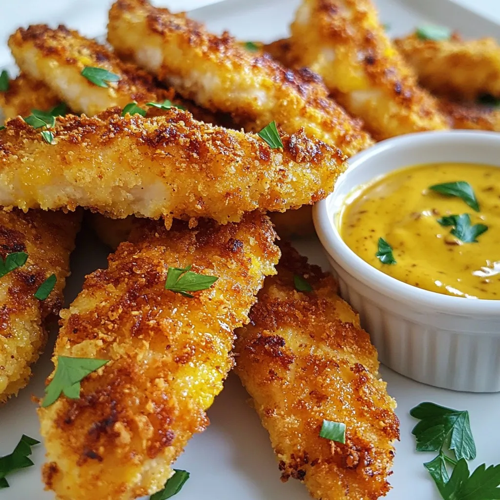 - 1 lb chicken breast, cut into strips - 1 cup buttermilk - 1 cup whole wheat breadcrumbs - 1/2 cup grated Parmesan cheese - 1 teaspoon garlic powder - 1 teaspoon onion powder - 1 teaspoon smoked paprika - 1/2 teaspoon cayenne pepper (adjust to taste) - Salt and pepper to taste - Cooking spray For this crispy baked chicken tenders recipe, you want to use fresh, high-quality chicken breast. Cutting it into strips helps them cook evenly and makes them easy to handle. Buttermilk is a key player here; it keeps the chicken juicy and adds flavor. Whole wheat breadcrumbs give a nice crunch and a healthy twist. Don't forget the Parmesan cheese! It adds richness and helps with browning. The spices and seasonings are very important too. Garlic powder and onion powder bring great depth. Smoked paprika gives a lovely smokiness, while cayenne pepper adds just the right amount of heat. You can adjust the cayenne to fit your taste. Finally, salt and pepper enhance all the flavors. Cooking spray helps achieve that desired crispiness, making every bite satisfying. {{ingredient_image_1}} 1. Preheat the oven and line the baking sheet. Set your oven to 425°F (220°C). This gives the chicken a nice crisp. Line a baking sheet with parchment paper. This helps with cleanup later. 2. Marinate the chicken in buttermilk. In a medium bowl, mix 1 cup of buttermilk with 1 teaspoon each of garlic powder, onion powder, and smoked paprika. Add 1/2 teaspoon of cayenne pepper, plus salt and pepper to taste. Stir it well. Add the chicken strips and coat them fully. Cover the bowl and let it sit in the fridge for at least 30 minutes. This step makes the chicken tender and flavorful. 1. Mix breadcrumbs and Parmesan. In another bowl, combine 1 cup of whole wheat breadcrumbs with 1/2 cup of grated Parmesan cheese. Mix them well until combined. This mix gives the chicken a great crunch. 2. Dredge the chicken strips. Take the marinated chicken out of the fridge. Let the extra buttermilk drip off. Now, take each strip and coat it in the breadcrumb mixture. Press gently to help it stick. This creates a crispy crust when baked. 1. Arrange chicken on the baking sheet. Place the coated chicken tenders on the lined baking sheet. Make sure they are spaced out. This helps them bake evenly. 2. Baking time and temperature. Spray the chicken lightly with cooking spray. This adds extra crispiness. Bake in the oven for 20 to 25 minutes. Look for a golden brown color. The chicken should reach an internal temperature of 165°F (74°C). This ensures it is fully cooked and safe to eat. To get the crispiest chicken tenders, use cooking spray. This step is key. It helps the breadcrumbs brown nicely. Spray each tender lightly before baking. For oven settings, always preheat to 425°F (220°C). This high heat makes the outside crunchy. Avoid opening the oven door too often, as it lets heat escape. Marinate the chicken for at least 30 minutes. This helps flavor and keeps the meat juicy. You can even marinate for longer if you have time. If you don’t have buttermilk, try yogurt or milk with lemon juice. Both work well and add a nice tang. Serve your crispy chicken tenders with tasty dipping sauces. Honey mustard or ranch are perfect choices. For a fun twist, try barbecue sauce too. Garnish your platter with fresh parsley or thyme. This adds a pop of color and makes your dish look great. Pro Tips Marinate Longer: For even more flavor, marinate the chicken tenders for up to 2 hours. This allows the spices to penetrate deeper into the meat. Use Parchment Paper: Lining your baking sheet with parchment paper not only prevents sticking but also helps in achieving a crispier texture. Check Doneness: Always use a meat thermometer to ensure your chicken tenders reach an internal temperature of 165°F (74°C) for safe consumption. Customize Your Spices: Feel free to adjust the spices in the breadcrumb mixture according to your taste. Adding herbs like Italian seasoning can elevate the flavor profile. {{image_2}} You can switch up your bread crumbs for fun. Here are some ideas: - Gluten-free breadcrumb alternatives: You can use crushed rice cereal or gluten-free panko. These work great for crispiness without the gluten. - Panko vs. whole wheat: Panko gives a lighter crunch. Whole wheat adds nutty flavor. Try both to see what you like best. Let’s add some fun flavors to your chicken tenders. Here’s how: - Adding herbs and spices: You can mix in parsley, thyme, or Italian herbs. A little rosemary can also bring a new twist. - Other cheese options: Instead of Parmesan, try cheddar or mozzarella. These cheeses melt well and add a rich flavor. You can change how you cook these tenders for different results: - Air fryer instructions: Preheat your air fryer to 400°F (200°C). Cook the tenders for 12-15 minutes, flipping halfway. They will turn out super crispy! - Pan-frying options: Heat oil in a skillet over medium heat. Fry the tenders for about 4-5 minutes per side until golden and cooked through. This gives a nice, crunchy crust. To keep your crispy baked chicken tenders fresh, store them in the fridge. Place the tenders in an airtight container. This helps to keep them moist and tasty. You can also wrap them tightly in plastic wrap. Make sure to use a container that fits well, so there is less air. This will help them stay fresh for up to four days. When you want to enjoy your chicken tenders again, the oven is the best way to reheat them. Preheat your oven to 375°F (190°C). Place the tenders on a baking sheet. Heat for about 10-15 minutes until they are hot and crispy. Avoid using the microwave, as it can make the tenders soggy. If you must use a microwave, try to use the crisping feature if your microwave has one. To freeze your chicken tenders, let them cool completely first. Then, place them in a single layer on a baking sheet. Freeze them for about an hour. This helps them keep their shape. Once frozen, transfer them to a freezer-safe bag. Be sure to remove as much air as possible. They can stay in the freezer for up to three months. When you are ready to eat them, thaw them in the fridge overnight before reheating. Crispy Baked Chicken Tenders can last in the fridge for 3 to 4 days. Make sure to store them in an airtight container. If you want to keep them longer, freeze them. They can last up to 3 months in the freezer. Just wrap them tightly to prevent freezer burn. When ready to eat, thaw them in the fridge overnight before reheating. Yes, you can use chicken thighs for this recipe. Thighs are juicier and more flavorful. They also stay tender even when baked. Just cut them into similar-sized strips for even cooking. Adjust the cooking time if needed, as thighs may take a bit longer to cook through. The internal temperature for cooked chicken should reach 165°F (74°C). This ensures it is safe to eat. Use a meat thermometer to check the thickest part of the chicken tenders. If they are not at this temperature, return them to the oven until done. This step is important for both safety and taste. This blog covered how to make crispy baked chicken tenders from start to finish. We discussed the main ingredients, the ideal baking methods, and tips for storage. Also, we explored variations you can try. Remember, using buttermilk makes your chicken juicy, while cooking spray adds crispiness. Feel free to experiment with flavors, breadcrumbs, or cooking styles. Enjoy your tasty tenders and don't hesitate to share your own tips and tricks!