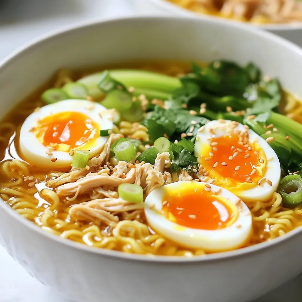 - 2 boneless, skinless chicken thighs - 4 cups chicken broth - 2 packs of instant ramen noodles (discard seasoning packets) - 1 tablespoon sesame oil - 2 tablespoons chili paste (adjust for spice preference) - 1 tablespoon soy sauce - 1 teaspoon ginger, grated - 2 cloves garlic, minced - 1 cup bok choy, chopped - 1 carrot, julienned - 2 green onions, sliced - 2 soft-boiled eggs (optional) - Sesame seeds for garnish - Fresh cilantro for garnish Each ingredient plays a key role in making this ramen both fiery and flavorful. The chicken thighs give rich taste and protein. The broth acts as the base, making the dish warm and comforting. Instant ramen noodles cook fast and absorb flavors well. The sesame oil adds a nutty touch, while the chili paste brings the heat. You can adjust the chili paste to suit your spice level. Soy sauce adds depth and umami to the broth. The garlic and ginger provide a punch of flavor. Bok choy and carrots add freshness and crunch. Green onions not only taste good but also add color. For toppings, soft-boiled eggs add creaminess. Sesame seeds and cilantro finish the dish with texture and bright flavor. Each bite brings warmth and spice—perfect for a cozy meal! {{ingredient_image_1}} Start by heating a medium pot over medium heat. Add 1 tablespoon of sesame oil. Once hot, add 2 boneless, skinless chicken thighs. Cook them for about 5 to 7 minutes. You want them browned on both sides. After cooking, take the chicken out and set it aside. In the same pot, it's time to add flavor. Toss in 2 cloves of minced garlic and 1 teaspoon of grated ginger. Sauté these for about 1 minute. You want to smell that great aroma! Be careful not to burn the garlic, as it can turn bitter. Next, pour in 4 cups of chicken broth. Bring it to a simmer. Stir in 2 tablespoons of chili paste and 1 tablespoon of soy sauce. Adjust the chili paste based on how spicy you want it. This broth will be the heart of your ramen. Now, return the chicken thighs to the broth. Let them cook for 10 to 15 minutes. They should be tender. Once done, remove the chicken, shred it, and set it aside. Bring the broth back to a gentle boil. Add 2 packs of instant ramen noodles along with 1 cup of chopped bok choy and 1 julienned carrot. Cook for about 3 to 4 minutes, according to noodle package instructions. It’s almost time to eat! Divide the noodles and vegetables into serving bowls. Pour the hot broth over the noodles, making sure each bowl is filled nicely. Top each bowl with the shredded chicken. If you like, add 2 soft-boiled eggs, halved. Finish with sliced green onions, sesame seeds, and fresh cilantro for a pop of color and flavor. To adjust the spice levels in your fiery chicken ramen, start with less chili paste. You can always add more later. If you want it milder, use just one tablespoon at first. If you crave more heat, add extra chili paste to the broth while it simmers. Each person has a different spice tolerance, so taste as you go. This way, you can create the perfect bowl for you. For a soft-boiled egg, you need to time it right. Bring a pot of water to a boil. Then gently add your eggs and boil for exactly six minutes. Afterward, place them in cold water for a few minutes. This stops the cooking process and makes peeling easier. A runny yolk adds creaminess to the ramen that you will love. Presentation can make your ramen even more appealing. Serve the broth in deep bowls to keep it warm. Arrange the noodles and vegetables neatly. Cut the soft-boiled eggs in half and place them on top. Sprinkle green onions, sesame seeds, and fresh cilantro for color. Drizzle a little chili paste on top for a fiery look. This adds flair and extra flavor to your dish. Pro Tips Enhance the Broth: Consider adding a splash of rice vinegar or lime juice to the broth for a bright, tangy flavor that complements the spice. Customize Your Heat: If you prefer a milder ramen, start with half the amount of chili paste and add more gradually as it cooks to reach your desired spice level. Perfect Soft-Boiled Eggs: For perfectly soft-boiled eggs, boil them for exactly 6-7 minutes, then plunge them into ice water to stop the cooking process. Fresh Herb Substitutes: If you don't have cilantro, try using Thai basil or green herbs like parsley for a different but delicious flavor profile. {{image_2}} You can switch up the chicken for other proteins. Pork belly adds a rich flavor. Shrimp cooks quickly and brings a nice sweetness. Tofu is a great choice for a plant-based meal. Just be sure to cook your protein until it's safe to eat. Each option changes the taste and texture of your ramen. For a vegetarian ramen, use vegetable broth instead of chicken broth. You can add more soft-boiled eggs for protein. Tofu is also a great protein option. Try using mushrooms like shiitake or portobello for added umami. You can mix in a variety of vegetables like bell peppers or zucchini. This keeps your ramen hearty and satisfying. Don’t be afraid to experiment with veggies. Spinach wilts nicely and adds nutrients. Snow peas add a nice crunch. Try adding corn for a sweet pop. You can also use bok choy or kale for a different texture. The more colorful your bowl, the more fun it is to eat! To store leftovers, first let the ramen cool. Place it in an airtight container. Make sure to separate the broth from the noodles. This keeps the noodles from getting soggy. Store in the fridge for up to three days. For longer storage, freeze the broth and noodles separately. They can last up to three months in the freezer. When ready to eat, reheat the broth in a pot over medium heat. For the noodles, you can quickly boil them in water. Combine them with the hot broth once both are warm. If you like, add fresh toppings to make it feel new. This gives your ramen a fresh and tasty boost. - Chicken thighs: Store in the fridge for 1-2 days, or freeze for 6 months. - Chicken broth: Can last in the fridge for about 4-5 days. It freezes well for up to 6 months. - Instant ramen noodles: They last a long time, up to a year or more if kept dry. - Fresh vegetables (bok choy, carrots, green onions): Best used within a week. - Chili paste and soy sauce: Can last several months in the pantry once opened. Pay attention to these storage tips to keep your fiery chicken ramen fresh and delicious! Yes, you can skip the chicken. Use tofu or mushrooms instead. Both options add great texture. You can also use a vegetable broth for more flavor. I recommend using fresh or dried ramen noodles. Instant noodles work too, but fresh noodles taste best. They cook quickly and absorb flavors well. To make the broth creamier, add coconut milk or a splash of heavy cream. This gives a rich, smooth texture. You can also blend some broth with cooked vegetables for extra creaminess. Look in Asian grocery stores for high-quality brands. Online retailers also offer great options. Make sure to check reviews to find the best ones! You've learned about making fiery chicken ramen from start to finish. We covered ingredients, step-by-step instructions, and tips to enhance flavors. Remember, you can swap proteins and customize toppings for your taste. Storing leftovers correctly will keep your ramen fresh and tasty. Enjoy your cooking adventure and don't hesitate to try different variations. Each bowl can be a new experience! Now, go create your fiery ramen masterpiece.