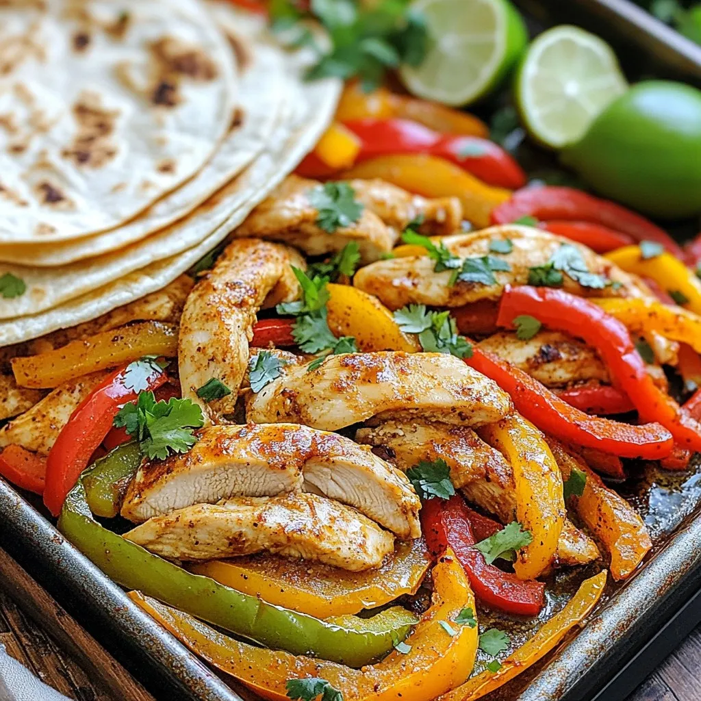 In this section, I will share the key ingredients you need for Minute Sheet Pan Chicken Fajitas. Each item plays a big role in making this dish tasty and fun. - 2 large chicken breasts, sliced into thin strips - 1 red bell pepper, sliced - 1 green bell pepper, sliced - 1 yellow onion, sliced - 3 tablespoons olive oil - 2 teaspoons chili powder - 1 teaspoon cumin - 1 teaspoon smoked paprika - Salt and pepper to taste - 1 lime, juiced - Fresh cilantro, for garnish - Tortillas, for serving This mix of fresh chicken and colorful veggies not only looks nice but tastes great, too. The spices like chili powder, cumin, and smoked paprika give it a warm flavor. Olive oil helps everything cook evenly. The lime juice adds a bright tang, while cilantro gives a burst of freshness. Don't forget your tortillas for serving! They make this meal easy to eat and share. {{ingredient_image_1}} Preheating the oven Start by preheating your oven to 450°F (230°C). This step is key for cooking the chicken and veggies evenly. Preparing chicken and vegetables Slice two large chicken breasts into thin strips. Next, slice one red bell pepper, one green bell pepper, and one yellow onion. Thin strips work best for quick cooking. Combining ingredients in a bowl In a large bowl, add the chicken strips and the sliced veggies. Drizzle three tablespoons of olive oil over the mix. Then, sprinkle two teaspoons of chili powder, one teaspoon of cumin, one teaspoon of smoked paprika, and salt and pepper to taste. Toss everything together until the chicken and vegetables are well coated. Spreading on a sheet pan Take a large sheet pan and spread the chicken and vegetable mix evenly across it. This helps them cook well and get nice and tender. Baking instructions and time Place the sheet pan in the preheated oven. Bake for 20 to 25 minutes. Be sure to stir halfway through. This ensures that everything cooks evenly and becomes delicious. Adding lime juice Once the chicken and veggies are done, remove the pan from the oven. Squeeze fresh lime juice over the top for a zesty kick. This adds a bright flavor! Garnishing with cilantro Finally, garnish your fajitas with chopped fresh cilantro. This adds a pop of color and fresh taste. Serve your fajitas with warm tortillas and enjoy! To make sure your chicken is tender, start with fresh chicken breasts. Slice them into thin strips. This helps them cook evenly. Marinating the chicken briefly in lime juice also helps. The acid in lime makes the meat juicy and soft. For the veggies, cut the bell peppers and onion into strips of similar size. This ensures they all cook at the same rate. Bake them until they are just tender. You want a little crunch left for texture. Stir the mixture halfway through baking. This helps them cook evenly. For a flavor boost, try adding spices like garlic powder or onion powder. A pinch of cayenne pepper adds heat if you like spice. You can also add fresh herbs like oregano for a fresh taste. Customize your fajitas with toppings. Try fresh salsa, guacamole, or sour cream. You can also add shredded cheese or sliced jalapeños. These toppings add flavor and fun to your meal. Pro Tips Marinate for More Flavor: For an extra layer of flavor, marinate the chicken in the olive oil, spices, and lime juice for at least 30 minutes before cooking. This allows the spices to penetrate the meat. Use a Hot Oven: Preheating your oven to a high temperature (450°F) ensures that the chicken gets a nice sear and the vegetables caramelize, enhancing their natural sweetness. Customize Your Veggies: Feel free to add other veggies like zucchini, corn, or mushrooms to the mix. This not only adds more color but also increases the nutritional value of your meal. Serve with Fresh Toppings: Enhance your fajitas by serving them with fresh toppings like avocado, diced tomatoes, or shredded cheese, which add creaminess and freshness to every bite. {{image_2}} You can swap chicken for beef, shrimp, or tofu. Each choice changes the taste. Beef gives a rich flavor. Shrimp cooks fast and adds a seafood twist. Tofu is great for a plant-based meal. Just remember to adjust the cooking time. Beef may need longer, while shrimp cooks quicker. Tofu should be firm and well-pressed for the best texture. Feel free to mix up the veggies. You can use zucchini, mushrooms, or corn. Each adds unique taste and color. Zucchini stays crisp, while mushrooms add a savory depth. Corn gives a sweet touch. You can also try adding jalapeños for heat or cherry tomatoes for sweetness. The more colors, the better! To make this dish gluten-free, use corn tortillas instead of flour. This simple swap keeps the meal tasty and safe. For low-carb options, skip the tortillas and serve the fajitas over a salad. You can also use lettuce leaves as wraps. These swaps keep the flavors but fit different diets. Enjoy your meal any way you like! To keep your sheet pan chicken fajitas fresh, store them in an airtight container. Let them cool to room temperature before sealing. Place the container in the fridge. Use the leftovers within three to four days for best taste. If you want to freeze them, use a freezer-safe bag. Remove as much air as possible before sealing. Label the bag with the date. They can stay frozen for up to three months. When ready to eat, thaw in the fridge overnight. To reheat, place the fajitas in a skillet over medium heat. Stir until heated through. You can also use the microwave, but the skillet keeps them crispier. In the fridge, your chicken fajitas last about three to four days. After this time, the flavors may fade, and the texture can change. Look for signs of spoilage before eating. If you see any mold or off smells, it's best to toss them out. Also, if the chicken looks slimy or dry, don't eat it. Always trust your senses; they guide you well in the kitchen! You know chicken fajitas are done when the chicken is no longer pink. The juices should run clear. You can also check the internal temperature. It should reach 165°F (75°C). The veggies should be soft and slightly charred. This gives them a great flavor. Use a meat thermometer for best results. Yes, you can prepare the ingredients ahead of time. Slice the chicken and veggies a day before. Store them in the fridge in an airtight container. This saves you time on busy days. You can also mix the spices and keep them ready. Just toss everything together when you are ready to cook. Chicken fajitas pair well with warm tortillas. You can also serve them with rice or beans. A fresh salad can add crunch. Add guacamole and salsa for extra flavor. Sour cream is a great choice too. These sides make the meal more filling and tasty. Yes, you can make this recipe without a sheet pan. Use a large skillet instead. Cook the chicken and veggies on the stove over medium heat. Stir them often to cook evenly. This method works well if you don't have an oven. The best toppings for chicken fajitas are fresh options. Try salsa, guacamole, or sour cream. Chopped onions and cilantro add great flavor. You can also add shredded cheese or jalapeños. Each topping gives a unique twist and enhances the taste. This recipe for chicken fajitas covers all the key steps. You learned about the ingredients, preparation, and cooking methods. I shared tips for perfect results and ways to customize your dish. You can swap proteins, choose different veggies, or adjust for dietary needs. Proper storage ensures your leftovers stay fresh. Now, you’re ready to impress with flavorful fajitas that suit your taste. Enjoy every bite!