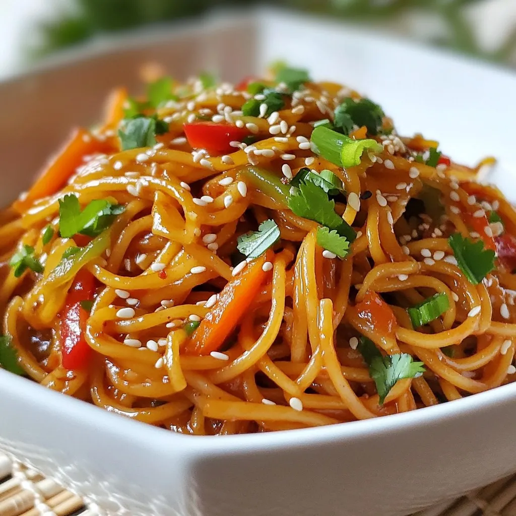 For Minute Spicy Sesame Noodles, you need simple, fresh ingredients that pack flavor. Here’s what you’ll need: - 8 oz. whole wheat spaghetti or noodles of your choice - 2 tablespoons toasted sesame oil - 2 tablespoons low sodium soy sauce - 1 tablespoon rice vinegar - 1 tablespoon honey or agave syrup - 1 teaspoon sriracha (adjust to taste) - 1 tablespoon sesame seeds - 2 green onions, thinly sliced - 1 carrot, julienned - 1 red bell pepper, thinly sliced - Fresh cilantro for garnish These ingredients work together to create a quick and tasty meal. Whole wheat spaghetti gives a nutty flavor and a healthy twist. The toasted sesame oil adds depth. Low sodium soy sauce keeps it savory without too much salt. Rice vinegar adds a tangy note. Honey or agave syrup balances the heat from sriracha, which you can adjust based on your spice preference. Fresh veggies like green onions, carrots, and red bell pepper add crunch and color. Lastly, cilantro gives a fresh touch. Keep this list handy for a fun cooking session! {{ingredient_image_1}} To start, boil water in a large pot. Add salt to the water for flavor. When the water is bubbling, add 8 oz. of whole wheat spaghetti or your favorite noodles. Cook them until they are al dente, as shown on the package. This usually takes about 8 to 10 minutes. Once done, drain the noodles in a colander. Rinse them under cold water to stop the cooking process. This keeps them from getting mushy. Next, grab a small bowl for the sauce. Add 2 tablespoons of toasted sesame oil, 2 tablespoons of low sodium soy sauce, 1 tablespoon of rice vinegar, and 1 tablespoon of honey or agave syrup. For some heat, include 1 teaspoon of sriracha, but you can adjust this amount to suit your taste. Whisk these ingredients together until they blend well. You should have a smooth, tasty sauce ready to go. Now it’s time to bring it all together! In a large mixing bowl, toss your cooled noodles with the sauce. Make sure every noodle is coated nicely. Then, gently fold in the veggies. Add the julienned carrot, thinly sliced red bell pepper, and half of the green onions. This adds texture and color to the dish. Finally, transfer the noodles to a serving dish or individual bowls. Top them with a sprinkle of sesame seeds, the remaining green onions, and fresh cilantro. This adds a pop of color and boosts the flavor! To cook great noodles, start with salted water. Salt adds flavor. Use about one tablespoon of salt for every four quarts of water. Bring the water to a rolling boil before adding your noodles. Cook them until they are al dente, which means they are firm to the bite. This usually takes around 8-10 minutes for whole wheat spaghetti. Once done, drain the noodles. Rinse them under cold water right away. This stops the cooking process. Rinsing also helps remove excess starch, which can make your noodles sticky. Set them aside while you prepare the sauce. You can change the heat of your dish by modifying the sriracha. If you like it milder, use less sriracha. Start with half a teaspoon and taste. You can always add more if you want it spicier. Mixing in a little honey can also help balance the heat. Adjusting the spice makes the dish perfect for your taste. Want to take your noodles to the next level? Add extra toppings! Sliced cucumbers or radishes can bring crunch. You could also add crushed peanuts for a nutty flavor. Fresh herbs like basil or mint can add a burst of freshness. Don't forget to sprinkle more sesame seeds on top for texture and a nice look. These small changes make your meal even more special. Pro Tips Adjust the Spice Level: Modify the amount of sriracha based on your preference for heat; start with less and add more if desired. Fresh Ingredients Matter: Use fresh vegetables for the best flavor and texture; consider adding snap peas or broccoli for extra crunch. Chill for Best Results: Allow the noodles to chill in the refrigerator for 30 minutes after mixing; this enhances the flavors and makes for a refreshing dish. Make it a Meal: Add protein such as grilled chicken, tofu, or shrimp to make this a complete meal, perfect for lunch or dinner. {{image_2}} You can easily make this dish gluten-free. Try using rice noodles instead of wheat noodles. Rice noodles cook quickly and soak up the sauce well. Another great option is to use zucchini noodles. Zucchini noodles are fresh and light. They add a nice crunch to the meal. If you want a vegetarian or vegan version, swap honey for agave syrup. Agave syrup has a similar sweetness. It works perfectly in this recipe. You can also add more veggies like bell peppers, carrots, or snap peas for extra flavor and nutrition. To make your noodles heartier, add protein. Tofu is a great choice for a vegetarian option. It absorbs the flavors well and adds a nice texture. If you prefer meat, try diced chicken or shrimp. Cook the protein separately, then mix it in with the noodles. This will make your meal more filling and satisfying. Store your spicy sesame noodles in an airtight container. This keeps the noodles fresh longer. They will last in the fridge for about 3 to 5 days. Before sealing, let the noodles cool to room temperature. This helps prevent moisture buildup. If you want to keep the veggies crisp, store them separately. To reheat, use a microwave or a pan on low heat. If using a microwave, heat in short bursts. Stir in between to avoid hot spots. This also helps keep the noodles from getting too soft. If they seem dry, add a splash of water or extra sauce. You can freeze spicy sesame noodles, but some things change. The texture of the veggies may change. Cooked noodles can become mushy when thawed. For the best results, freeze the noodles without the veggies and sauce. When ready to eat, thaw and stir in fresh veggies and sauce. Spicy sesame noodles last about 3 to 5 days in the fridge. Store them in an airtight container. This keeps the noodles fresh and tasty. Check for any signs of spoilage before eating. Yes, you can make spicy sesame noodles ahead of time. Prepare them up to two days in advance. Just store them in the fridge. When ready to eat, you can enjoy them cold or warm them up. Spicy sesame noodles pair well with many side dishes. Here are some great options: - Steamed vegetables: Broccoli or snap peas add color and nutrition. - Grilled chicken: A protein boost that complements the noodles. - Tofu: For a vegetarian option, add crispy tofu. - Egg rolls: They add crunch and flavor to your meal. - Edamame: A fun, healthy snack to enjoy on the side. These sides make your meal more balanced and delicious. This blog post guided you through making spicy sesame noodles. We covered key ingredients, step-by-step cooking, and helpful tips. You learned how to adjust spice levels and explore variations for different diets. Remember to store leftovers properly to keep them fresh. These noodles are easy to prepare and offer a tasty meal. Enjoy trying this dish and making it your own!