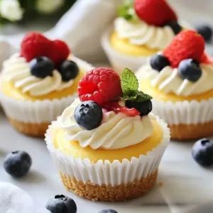 - 1 cup graham cracker crumbs - 1/4 cup sugar - 1/2 cup unsalted butter, melted - 16 oz cream cheese, softened - 1 cup sugar - 1 teaspoon vanilla extract - 2 large eggs - 1 cup mixed berries (strawberries, blueberries, raspberries) - 1 tablespoon lemon juice - 1 tablespoon cornstarch Mini cheesecakes start with simple ingredients. The graham cracker crumbs form the crust. I mix these with melted butter and a bit of sugar. This mix gives a nice crunch. It&rsquo;s sweet and buttery, perfect for a cheesecake base. Next, we need cream cheese. It should be soft for easy mixing. Cream cheese gives the cheesecake its rich and creamy taste. I add sugar and vanilla for sweetness and flavor. The eggs help to bind everything together. They add structure to our mini cheesecakes. For a fruity twist, I use mixed berries. They add color and a tangy flavor. The berries also make a lovely swirl on top of the cheesecakes. I cook them with lemon juice to bring out their taste. Cornstarch thickens the berry mix, making it perfect for swirling. - Fresh berries - Whipped cream To make my mini cheesecakes even better, I like to add garnishes. Fresh berries on top look great and taste fresh. A dollop of whipped cream adds a creamy touch. These garnishes make each mini cheesecake look like a work of art. They also enhance the flavor, making them truly delightful. {{ingredient_image_1}} To start, preheat your oven to 325&deg;F (160&deg;C). Next, gather your ingredients for the crust. You will need: - 1 cup graham cracker crumbs - 1/4 cup sugar - 1/2 cup unsalted butter, melted In a mixing bowl, combine the graham cracker crumbs, sugar, and melted butter. Mix until the crumbs look like wet sand. This helps the crust stick together. Now, press about a tablespoon of this mixture into each muffin cup. Use the back of a spoon to flatten it. Bake the crust for 10 minutes. After baking, set it aside to cool. For the filling, you will need: - 16 oz cream cheese, softened - 1 cup sugar - 1 teaspoon vanilla extract - 2 large eggs In a medium bowl, beat the cream cheese until it is smooth. Gradually add the sugar and vanilla, mixing well. Next, add the eggs one at a time. Beat on low speed until everything is combined. Be careful not to overmix, as this can cause cracks. Now, let's make the berry swirl. You will need: - 1 cup mixed berries (strawberries, blueberries, raspberries) - 1 tablespoon lemon juice - 1 tablespoon cornstarch In a small saucepan, heat the mixed berries and lemon juice over medium heat. Stir gently until the berries start to break down, which takes about 5 minutes. Add the cornstarch and stir until the mixture thickens. Remove it from heat and let it cool slightly. Now we can put everything together! Pour the cream cheese mixture over the cooled crust in the muffin tin. Fill each cup about 2/3 full. Next, drop spoonfuls of the berry mixture on top of the cream cheese. Use a toothpick to swirl it gently for a marbled look. Bake your mini cheesecakes for 18 to 20 minutes. They should be set but still slightly jiggly in the center. After baking, let the cheesecakes cool at room temperature. Then, refrigerate them for at least 4 hours or overnight. Enjoy your delicious mini cheesecakes! How to avoid cracks in cheesecakes: To prevent cracks, do not overmix your batter. Mix on low speed and add eggs one at a time. Overmixing can introduce air, leading to cracks. You can also bake in a water bath. This helps keep the temperature even and moist. Ensuring even baking: To ensure even baking, make sure your oven is preheated. Avoid opening the oven door frequently. This can cause temperature drops. Bake until the center is just set but slightly jiggly. This will help keep the texture creamy. Presentation ideas for mini cheesecakes: Serve your mini cheesecakes chilled. Top them with a dollop of whipped cream and fresh berries. This adds color and freshness. You can also place them on a nice platter for a great display. A sprinkle of mint can add a nice touch. Pairing with coffee or tea: Mini cheesecakes pair well with coffee or tea. The richness of the cheesecake complements the warmth of coffee. A cup of herbal tea can balance the sweetness. Try serving them together for a delightful experience. Pro Tips Use Room Temperature Ingredients: Make sure your cream cheese and eggs are at room temperature for a smoother batter and to prevent lumps. Don&rsquo;t Overmix: When adding the eggs, mix just until combined to avoid cracks in the cheesecake during baking. Cool Gradually: Allow your cheesecakes to cool at room temperature before refrigerating; this helps prevent condensation from forming. Garnish Wisely: Fresh berries and a sprig of mint not only add color but also enhance the flavor of your mini cheesecakes when serving. {{image_2}} You can switch up the flavors of mini cheesecakes to keep things exciting. - Chocolate mini cheesecakes: Add melted chocolate to the cream cheese mix. This creates a rich and creamy treat that chocolate lovers will adore. - Pumpkin spice mini cheesecakes: Mix in pumpkin puree and warm spices like cinnamon and nutmeg. This gives you a cozy flavor perfect for fall. - Lemon mini cheesecakes: Stir in lemon zest and juice for a bright, tangy twist. The fresh taste will wake up your taste buds. If you want to change the crust, here are some ideas. - Using almond flour or gluten-free cookies: Almond flour provides a nutty flavor. Gluten-free cookies are great for those with dietary needs. Both options make a tasty base. - Alternatives for a savory crust: Try crushed pretzels or cheese crackers for a salty twist. This can balance the sweetness of the cheesecake filling nicely. To keep your mini cheesecakes fresh, refrigerate them right away. Place them in an airtight container. This helps them stay tasty for longer. You can store them in the fridge for up to five days. If you want to keep them longer, freezing is a great option. To freeze your mini cheesecakes, wrap each one in plastic wrap. Then place them in a freezer-safe bag or container. This keeps them safe from freezer burn. They can last in the freezer for about three months. When you're ready to eat, simply thaw them in the fridge overnight. Mini cheesecakes are best enjoyed fresh. However, they stay good in the fridge for five days. After that, their texture and taste may change. You&rsquo;ll know they are spoiled if you see mold or if they smell off. If the texture feels grainy or slimy, it&rsquo;s time to toss them. Always trust your senses when checking for spoilage. Yes, you can make mini cheesecakes ahead of time. I suggest making them a day before your event. This allows the flavors to blend and the texture to set well. After baking, let them cool at room temperature. Then, cover them with plastic wrap and refrigerate. They will stay fresh for up to five days. Just remember to add any toppings, like whipped cream or fresh berries, right before serving. For the best flavor and texture, I recommend using full-fat cream cheese. Brands like Philadelphia and Kite Hill are popular choices. Philadelphia cream cheese gives a rich, creamy taste. Kite Hill is a great vegan option, made from almond milk. Make sure your cream cheese is softened before mixing. This helps achieve a smooth filling without lumps. Yes, you can substitute the eggs in mini cheesecakes. Common egg substitutes include unsweetened applesauce or silken tofu. Use 1/4 cup of applesauce for each egg. If using silken tofu, blend until smooth and use 1/4 cup for each egg. These substitutes help bind the ingredients and keep the texture creamy. Keep in mind, the flavor may change slightly, but it will still be delicious. To make no-bake mini cheesecakes, follow these steps. First, prepare the crust as usual but do not bake it. Mix graham cracker crumbs, sugar, and melted butter. Press the mixture into muffin cups. For the filling, beat softened cream cheese, sugar, and vanilla. Instead of eggs, add 1 cup of heavy cream and mix until fluffy. Spoon the filling over the crust and chill for at least four hours. Top with the berry swirl before serving. Enjoy a creamy treat without the oven! You now have the tools to make delicious mini cheesecakes. Start with the simple crust of graham cracker crumbs. Next, prepare a smooth filling using cream cheese and eggs. Add a berry swirl for a pop of flavor. Remember to avoid cracks by baking evenly. Feel free to try new flavors or crusts. Store them right for lasting freshness. With these tips, you can impress friends and enjoy every bite. Mini cheesecakes are fun and easy, so get baking!