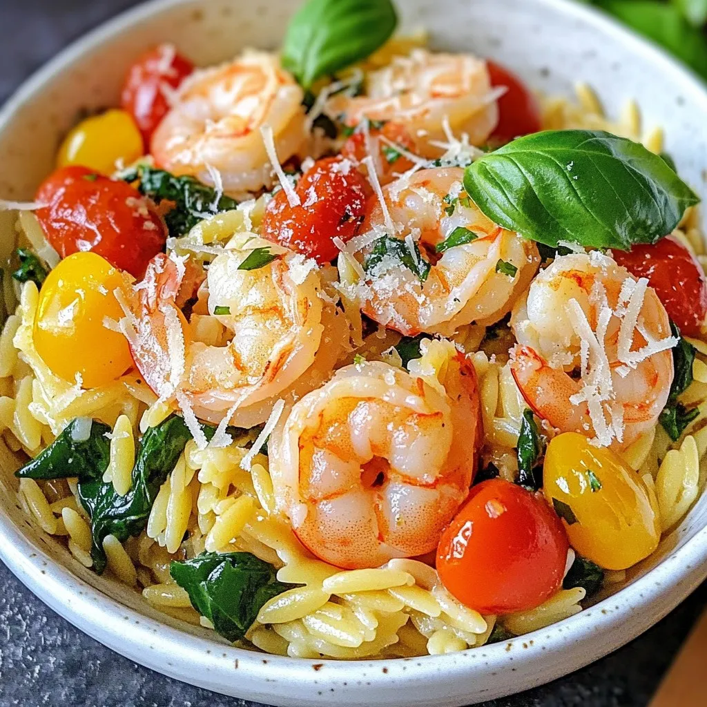 To make this dish, gather these items: - 1 cup orzo pasta - 1 lb shrimp, peeled and deveined - 2 tablespoons olive oil - 2 cloves garlic, minced - 1 cup cherry tomatoes, halved - 2 cups spinach leaves - 1/2 cup grated Parmesan cheese - 1/2 teaspoon red pepper flakes (optional) - Salt and pepper to taste - Fresh basil leaves for garnish You can swap orzo with other small pasta like couscous or quinoa. Instead of shrimp, use chicken or tofu for a different taste. If you don’t have cherry tomatoes, diced tomatoes work well too. For a dairy-free option, try nutritional yeast in place of Parmesan cheese. You can add more greens like kale or arugula if you prefer. When choosing shrimp, look for ones that smell fresh and light. They should have a firm texture and a shiny appearance. Avoid any shrimp that smells strong or has a dull color. For pasta, pick a brand that uses high-quality durum wheat. Check for a smooth texture and avoid any that feels sticky. Fresh ingredients make the dish taste better and shine on your plate. {{ingredient_image_1}} To make Parmesan Shrimp Orzo Skillet, start by heating olive oil in a large skillet over medium heat. Add minced garlic and cook for about 1 minute until it smells great. Next, toss in the shrimp. Season them with salt, pepper, and red pepper flakes if you like some heat. Cook the shrimp for 2-3 minutes until they start turning pink. After that, add halved cherry tomatoes to the skillet. Cook them for another 2 minutes until they soften. Now, stir in the orzo pasta and mix well. Pour in 2 cups of water or chicken broth for extra flavor. Bring everything to a gentle simmer. Lower the heat and cover the skillet. Cook for about 10-12 minutes until the orzo is soft and has taken in most of the liquid. Once done, mix in the spinach and cook just until it wilts, which takes about 1-2 minutes. Finally, sprinkle grated Parmesan cheese over the dish. Toss everything to combine until it looks creamy. Taste and add more salt or pepper if you want. Serve warm with fresh basil on top. The key to a great dish is timing. Cook the shrimp just until they turn pink, not longer. This keeps them tender. When adding the orzo, make sure the water or broth is hot. This helps the pasta cook evenly. Stir occasionally, so it doesn’t stick to the pan. Using fresh ingredients also makes a big difference. Fresh garlic, ripe tomatoes, and good-quality Parmesan cheese enhance the flavor. Lastly, don’t skip the spinach. It adds both color and nutrients to your meal. One common mistake is overcooking the shrimp. If you cook them too long, they can get rubbery. Another mistake is not stirring the orzo enough. This can lead to sticking and uneven cooking. Be careful when adding salt; the Parmesan cheese is salty. Taste before adding more salt. Lastly, don't rush. Allow the flavors to blend by letting it cook covered for the right time. To get the best shrimp, use fresh ones. Look for shrimp that smell like the sea. They should be firm and shiny. Cook the shrimp just until pink. Overcooked shrimp become tough. For the orzo, make sure to stir it well. This keeps it from sticking together. To boost flavor, add a squeeze of lemon juice. Fresh herbs like basil and parsley brighten the dish. You can also mix in some grated parmesan cheese. It adds creaminess and a rich taste. For a spicy kick, try adding more red pepper flakes. To save time, prep your ingredients first. Chop the garlic and tomatoes before you start cooking. You can also use pre-cooked shrimp. This cuts down cooking time by several minutes. If you use broth instead of water, it adds flavor quickly. Pro Tips Fresh Shrimp: Use fresh shrimp instead of frozen for the best flavor and texture. If using frozen, make sure to thaw them completely before cooking. Flavor Boost: For added depth of flavor, consider using chicken broth instead of water when cooking the orzo. Cheese Choices: Feel free to mix different cheeses, like mozzarella or feta, with the Parmesan for a unique twist. Garnish Wisely: Garnish with not just fresh basil but also a squeeze of lemon juice to brighten the dish and enhance the flavors. {{image_2}} To make this dish lighter, swap regular orzo for whole wheat orzo. This change boosts fiber and nutrients. You can also use less oil. Just one tablespoon can still give great flavor. Consider using low-fat cheese or nutritional yeast instead of Parmesan. Both options cut calories while keeping that cheesy taste. For a vegetarian version, skip the shrimp and add more veggies. Try zucchini, bell peppers, or mushrooms. These add flavor and texture. You can also use chickpeas for protein. They pair well with orzo and add heartiness. Just sauté them with garlic for a tasty boost. Use seasonal veggies to change flavors. In spring, add fresh peas or asparagus. In summer, use diced bell peppers or corn. Fall brings great options like butternut squash or kale. Winter veggies like Brussels sprouts can also shine in this dish. Just adjust cooking times for heartier ingredients. Store your Parmesan Shrimp Orzo Skillet in an airtight container. Let it cool before you seal it up. This helps keep the dish fresh. Use leftover meals within three days for the best flavor. You can freeze this dish for later. First, make sure it cools completely. Then, divide it into portions and place them in freezer-safe bags. Remove as much air as you can before sealing. This helps prevent freezer burn. It can last up to three months in the freezer. Reheat your orzo skillet gently. Use the microwave or a skillet on low heat. If using the microwave, add a splash of water to keep it moist. Stir often to heat evenly. If using a skillet, cover it with a lid to trap steam. This keeps the dish tasty and creamy. Yes, you can use frozen shrimp. Just thaw them first. Place them in cold water. This will help them defrost quickly. Make sure they are peeled and deveined before cooking. The taste will be just as good as fresh shrimp. This dish pairs well with a simple salad. A light green salad with lemon dressing works great. You can also serve garlic bread on the side. Another option is steamed vegetables. These sides balance the rich flavors of the orzo. This recipe is not gluten-free due to the orzo. However, you can use gluten-free orzo. Look for brands made from rice or corn. Just follow the same cooking steps. This way, you can enjoy a gluten-free version. This blog post covered everything you need for a Parmesan Shrimp Orzo Skillet. We went over ingredients, cooking steps, and tips for great taste. I shared ways to adapt the recipe for your needs, including healthier options. Proper storage can keep your meal fresh, too. In conclusion, this dish is simple and tasty. You can easily make it your own. Enjoy cooking and share this delightful meal with others!
