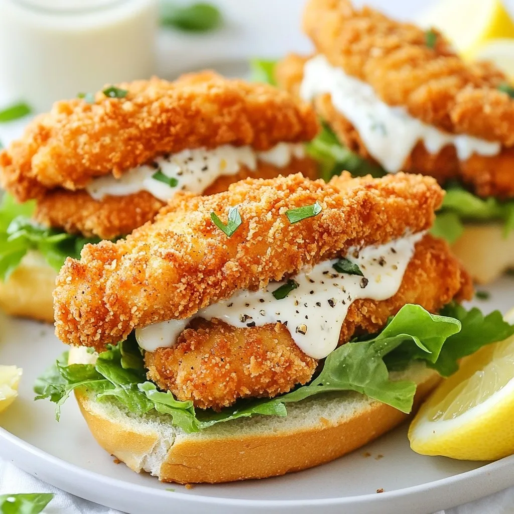 - Chicken and Marinade Components - 2 large chicken breasts - 1 cup buttermilk - Breading Mixture - 1 cup breadcrumbs (panko recommended for extra crispiness) - 1/2 cup grated Parmesan cheese - 1 teaspoon garlic powder - 1 teaspoon onion powder - Salt and pepper to taste - Sandwich Assembly Ingredients - 4 soft sandwich rolls - 1 cup romaine lettuce, chopped - 1/2 cup Caesar dressing (store-bought or homemade) - Freshly cracked black pepper for garnish - Lemon wedges for serving These ingredients come together to create a crispy and tasty sandwich. The chicken breasts soak in buttermilk, which makes them tender and juicy. The panko breadcrumbs give a nice crunch. The mix of Parmesan and spices adds a burst of flavor. For the sandwich, fresh romaine lettuce and Caesar dressing tie it all together. The rolls hold everything in place while adding a soft bite. Don't forget the lemon wedges. They add a zesty kick when you squeeze them over the sandwich. This delightful mix of flavors makes each bite a treat. Gather all these ingredients, and you're set to make this crispy chicken Caesar sandwich. Enjoy the cooking process! {{ingredient_image_1}} To marinate chicken in buttermilk, start by cutting the chicken breasts in half. This gives you thinner fillets that cook well. Place the fillets in a bowl and cover them with buttermilk. Make sure they soak well. Let them sit in the fridge for at least one hour. If you have time, letting them sit overnight makes them even tastier. To prepare the breading, grab a shallow dish. In it, mix together the breadcrumbs, grated Parmesan, garlic powder, onion powder, salt, and pepper. Stir the mix well so the flavors blend together nicely. This step is key to getting that great flavor on the chicken. For cooking, heat a large skillet over medium-high heat. Add enough oil to coat the bottom of the pan. When the oil is hot, place the breaded chicken fillets in the pan. Make sure not to crowd them. Cook the chicken for about 4-5 minutes on each side. You want them golden brown and cooked through. Check the internal temperature; it should reach 165°F (75°C). To make your chicken super crispy, use panko breadcrumbs. They are lighter and airier than regular breadcrumbs. This helps create a perfect crunch. Make sure to press the chicken firmly into the panko mix. This ensures it sticks well. Fry the chicken in hot oil. This gives it a golden color and keeps it juicy inside. Cook for about 4-5 minutes on each side until done. Always check that the chicken reaches 165°F for safety. Toasting your sandwich rolls adds a nice touch. It makes them warm and crispy. This texture pairs well with the juicy chicken. You can toast them in a pan or use an oven. Just a few minutes is enough. A good toast will help hold all the fillings without getting soggy. Feel free to add your own twist with seasonings. Try adding smoked paprika for a smoky flavor. You can also use Italian herbs like oregano or basil. This gives your chicken an extra layer of taste. If you love heat, a pinch of cayenne can spice things up. Play with different spices to find your favorite mix! Pro Tips Marinate for Maximum Flavor: The longer you marinate the chicken in buttermilk, the more tender and flavorful it will become. Aim for at least 1 hour, but overnight is best! Use Panko Breadcrumbs: For an extra crispy coating, opt for panko breadcrumbs instead of regular breadcrumbs. They create a delightful crunch! Don’t Overcrowd the Pan: When frying the chicken, make sure not to overcrowd the skillet. This allows the chicken to cook evenly and achieve a nice golden brown color. Fresh Ingredients Matter: Using fresh romaine lettuce and high-quality Caesar dressing will elevate the overall taste of your sandwich. Always choose the best ingredients! {{image_2}} You can switch up the flavor of your Crispy Chicken Caesar Sandwiches by using different dressings. Try ranch dressing for a creamy twist. You can also use blue cheese dressing for a bold flavor. A yogurt-based dressing adds a lighter touch. For a zesty kick, consider a spicy sriracha mayo. Each option gives a new taste to your sandwiches. The type of bread can change your sandwich experience. Soft sandwich rolls are great, but you can also try ciabatta or focaccia for a chewier bite. A whole wheat roll adds extra fiber and a nutty flavor. For a fun twist, use pretzel buns for a salty crunch. Each bread choice offers unique textures and tastes. If you want a lighter meal, there are easy swaps. Use grilled chicken instead of fried for fewer calories. You can switch buttermilk for Greek yogurt to cut fat. Try whole grain rolls instead of white ones for added nutrients. Load up on fresh veggies like tomatoes or cucumbers for crunch. These changes keep the taste great while making your meal healthier. To keep your Crispy Chicken Caesar Sandwiches fresh, place them in an airtight container. Make sure to separate the chicken and toppings if possible. This helps maintain the crunchiness of the chicken. Store them in the fridge for up to three days. Enjoy them within this time for the best taste and texture. When you're ready to enjoy leftovers, reheating properly is key. Preheat your oven to 350°F (175°C). Place the sandwiches on a baking sheet. Heat them for about 10-15 minutes until the chicken is warm. If you want extra crispiness, use the broiler for the last 2-3 minutes. Avoid using the microwave, as it can make the bread soggy. You can freeze these sandwiches, but it’s best to freeze the chicken separately. Wrap the cooked chicken in plastic wrap and then in foil. Place it in a freezer-safe bag. The bread can also be frozen, but it’s better to toast it fresh. When you're ready to eat, thaw the chicken in the fridge overnight before reheating. Yes, you can prepare some parts ahead of time. Marinate the chicken early. Let it soak in buttermilk overnight for the best flavor. You can also bread the chicken and store it in the fridge for a few hours. Just remember to cook it fresh for that crispy texture. Many tasty sides pair well with these sandwiches. Here are a few popular choices: - French fries: Classic and crunchy. - Sweet potato fries: A sweet twist that’s delicious. - Coleslaw: Adds a fresh crunch. - Caesar salad: Complements the flavors nicely. The chicken needs about 4-5 minutes on each side. This timing works well if your fillets are about 1 inch thick. The chicken is done when it is golden brown and reaches 165°F (75°C) inside. Adjust the time if your fillets are thicker or thinner. You learned how to create a delicious Crispy Chicken Caesar Sandwich. We discussed the right ingredients, marinating techniques, and cooking methods. I shared tips for extra crispiness, toasting rolls, and customizing flavors. You also discovered storage tips and variations for different diets. Now, you can make this sandwich your own. Enjoy experimenting with the flavors and serving it alongside your favorite sides. Let your kitchen be the place where good food brings joy.