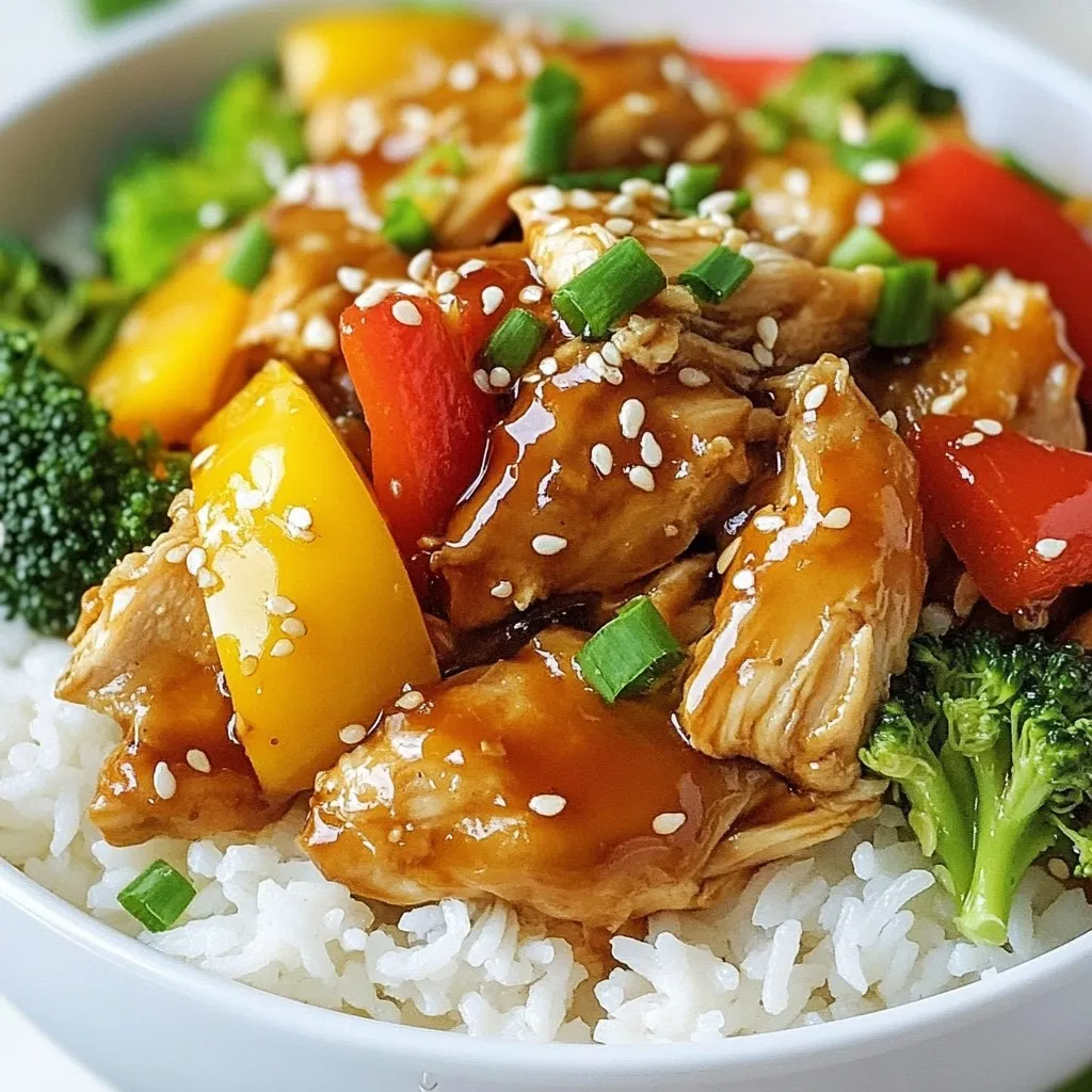 For a great Crockpot Teriyaki Chicken, you need the following items: - 4 boneless, skinless chicken thighs - 1 cup low-sodium soy sauce - 1/2 cup honey - 1/4 cup rice vinegar - 2 cloves garlic, minced - 1 teaspoon fresh ginger, grated - 1 tablespoon sesame oil - 1 cup bell peppers, sliced (mix of red and yellow) - 1 cup broccoli florets - 2 tablespoons cornstarch - 2 tablespoons water - Sesame seeds, for garnish - Sliced green onions, for garnish These ingredients make a sweet and savory sauce that coats the chicken well. The bell peppers and broccoli add color and crunch. To make this dish, you will need: - A crockpot - A mixing bowl - A whisk or spoon - Two forks for shredding chicken - A small bowl for the cornstarch slurry - A measuring cup and spoons Using the right tools makes cooking easier and fun. The crockpot does all the hard work, allowing you to enjoy your time. This meal serves four and provides a balanced mix of protein and veggies. Each serving has: - Calories: Approximately 320 - Protein: 25 grams - Carbohydrates: 30 grams - Fat: 10 grams This dish is not only tasty but also healthy. The chicken gives you protein, while the veggies add vitamins and fiber. Enjoy this hearty meal guilt-free! {{ingredient_image_1}} To start, grab a bowl. In it, mix together the soy sauce, honey, rice vinegar, minced garlic, grated ginger, and sesame oil. Stir until everything blends well. This sauce gives the chicken its sweet and savory taste. It’s easy to make and only takes a few minutes. Next, take your crockpot. Place the chicken thighs inside. Pour the teriyaki sauce over the chicken, making sure it gets fully coated. Then, add the sliced bell peppers and broccoli florets on top. Cover the crockpot and set it to low for 6-7 hours or high for 3-4 hours. The chicken will cook until it’s tender and juicy. Once the chicken is done, remove it from the crockpot. Use two forks to shred the chicken into bite-sized pieces. In a small bowl, mix the cornstarch and water to make a slurry. Pour this into the sauce left in the crockpot. Stir well to thicken the sauce. Return the shredded chicken to the pot and mix it all together. Let it sit for 15-20 minutes to soak up all the flavors. To make your chicken super tender, choose boneless, skinless thighs. They stay moist as they cook. Cooking on low for 6-7 hours gives the best results. If you're short on time, cooking on high for 3-4 hours works too. The key is to check the chicken's doneness. It should reach an internal temperature of 165°F. Shredding the chicken after cooking helps it soak up the sauce. This makes each bite flavorful and juicy. If you want to tweak the taste, adjust the honey and soy sauce. More honey will make it sweeter. If it’s too sweet, add extra soy sauce. Use low-sodium soy sauce to control saltiness. You can also add some rice vinegar. It adds a nice tang and balances the flavors. Tasting the sauce before serving is a smart move. This way, you can adjust to your liking. What if my chicken is dry? If the chicken turns out dry, it may have cooked too long. Always check the time and temperature. Can I make it spicy? Yes! Add a bit of red pepper flakes or sriracha to the sauce. This will give a nice kick. What if I run out of soy sauce? You can use tamari or coconut aminos as a substitute. Both add a nice flavor too. How do I thicken the sauce? To thicken the sauce, mix cornstarch with water. Stir this into the sauce after cooking. Let it sit for a few minutes to thicken. Pro Tips Use Fresh Ingredients: Fresh ginger and garlic can elevate the flavor profile of your teriyaki chicken. Whenever possible, opt for fresh over dried. Customize Your Vegetables: Feel free to add or substitute other vegetables like snap peas or carrots based on your preference or what you have on hand. Adjust the Sweetness: If you prefer a less sweet dish, reduce the amount of honey or use a sugar substitute to control the sweetness of the sauce. Leftover Magic: This teriyaki chicken makes for great leftovers! Use it in salads, wraps, or even as a topping for pizzas for a quick meal. {{image_2}} You can easily switch up the protein in this dish. Here are some ideas: - Use chicken breasts for a leaner option. - Try pork tenderloin for a unique twist. - Ground turkey works well too; adjust cooking time as needed. - For beef lovers, flank steak can add a rich flavor. You can make this recipe plant-based with simple swaps. Consider these options: - Use firm tofu instead of chicken. Press it first to remove excess water. - Tempeh is another great option that absorbs flavors well. - Seitan offers a meaty texture for a satisfying meal. - For a lighter choice, use cauliflower or mushrooms. To elevate your teriyaki chicken, try these flavor boosters: - Add pineapple chunks for a sweet touch. - Sprinkle in red pepper flakes for heat. - Use fresh herbs like cilantro or basil for freshness. - Swap the soy sauce for coconut aminos for a different umami flavor. - A splash of orange juice can brighten the dish. These variations keep the meal exciting and cater to different diets. Enjoy experimenting! After enjoying your meal, store any extras in an airtight container. Let the chicken cool down first. Then, place it in the fridge. It can stay fresh for up to four days. Make sure to cover the sauce well. This helps keep the flavors strong. If you want to save some for later, freezing is a great option. Just put the chicken and sauce in a freezer-safe bag. Remove as much air as you can. Label the bag with the date. You can freeze it for up to three months. When you're ready to eat, thaw it in the fridge overnight. To reheat, you can use the microwave or the stovetop. If using the microwave, place the chicken in a bowl and cover it. Heat in short bursts, stirring in between. If using the stovetop, put the chicken in a pan over low heat. Add a splash of water to keep it moist. Heat until warmed through, stirring often. Enjoy your meal again! You can store crockpot teriyaki chicken in the fridge for up to four days. Make sure to keep it in an airtight container. This helps keep it fresh and tasty. If you want to store it longer, you can freeze it. In the freezer, it stays good for about three months. Just remember to thaw it in the fridge before you heat it up. Yes, you can make this dish ahead of time. Cook it in the crockpot as usual. After it cools, place it in the fridge. You can also prep the sauce and chicken the night before. Just pour the sauce over the chicken in the morning. This makes the cooking process fast and easy when you're ready to eat. Teriyaki chicken pairs well with several sides. Here are some tasty options: - Steamed rice or cauliflower rice - Stir-fried vegetables - A fresh salad with a light dressing - Noodles tossed in sesame oil These sides balance the sweet and savory flavors of the chicken. Enjoy your meal! Crockpot teriyaki chicken is easy, tasty, and full of flavor. You learned about ingredients, tools, and nutrition. I shared step-by-step cooking tips to make tender chicken and rich sauce. We explored variations for different tastes and helpful storage methods. I hope these tips help you cook delicious meals with ease. Enjoy your cooking journey!