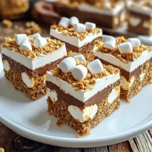 To create S'mores No Bake Bars, you'll need some simple ingredients. Gather them all before you start. Here&rsquo;s the list: - 2 cups graham cracker crumbs - 1 cup mini marshmallows - 1 cup chocolate chips (milk or dark) - 1/2 cup unsweetened cocoa powder - 1/2 cup creamy peanut butter - 1/4 cup honey or maple syrup - 1 teaspoon vanilla extract - 1/4 teaspoon salt - 1/2 cup extra mini marshmallows (for topping) - Optional: 1/4 cup crushed graham crackers (for topping) These ingredients blend to create a sweet treat with a chewy texture. The graham cracker crumbs bring the classic flavor of S&rsquo;mores. Mini marshmallows add softness and sweetness. Chocolate chips give that rich, creamy flavor we all love. Cocoa powder enhances the chocolate taste, while peanut butter adds creaminess. Honey or maple syrup provides natural sweetness. Vanilla extract rounds out the flavors. Make sure you have everything before you start. This way, your kitchen adventure will be smooth and fun! {{ingredient_image_1}} Start by lining an 8x8 inch square baking pan. Use parchment paper and leave some overhang. This makes it easy to lift the bars out later. In a large bowl, mix together the graham cracker crumbs, cocoa powder, and salt. Stir until everything is well combined. This mix gives the bars their signature flavor. In a microwave-safe bowl, combine the peanut butter, honey or maple syrup, and vanilla extract. Microwave it for 20-30 seconds. Stir until it&rsquo;s smooth and creamy. This mixture binds everything together. Pour the melted wet mixture into the bowl with dry ingredients. Mix well until it forms a thick dough. Then, fold in the mini marshmallows and chocolate chips. This adds sweetness and texture to the bars. Transfer the mixture to your prepared pan. Use a spatula or your hands to press it down firmly. Make sure it is even across the bottom. This step is key for a good, sturdy bar. Sprinkle the extra mini marshmallows and crushed graham crackers on top. Gently press them in so they stick. This adds a nice finish and extra flavor. Cover the pan with plastic wrap or foil. Place it in the fridge for at least 2 hours. This helps the bars firm up and makes them easier to cut. Once chilled, lift the bars out using the parchment overhang. Cut them into squares or rectangles. Serve them on a platter for everyone to enjoy! To keep your S'mores No Bake Bars fresh, store them in an airtight container. Place parchment paper between layers to prevent sticking. These bars last up to a week in the fridge. You can also freeze them for up to three months. Just wrap each bar tightly in plastic wrap and place them in a freezer bag. For a fun look, arrange the bars on a colorful plate. You can drizzle melted chocolate on top for extra flair. Garnish with whole marshmallows or even a sprinkle of crushed graham crackers. This makes your dessert not just tasty, but also pretty! If your bars are too crumbly, they might need more binding. Try adding a bit more peanut butter or honey. If they are too sticky, you can chill them longer. If you find them too sweet, use darker chocolate next time. Adjusting the ingredients can help you get the perfect balance! Pro Tips Use Fresh Ingredients: Always opt for fresh mini marshmallows and high-quality chocolate chips for the best flavor and texture. Customize Your Toppings: Feel free to experiment with toppings like crushed nuts or a swirl of caramel for added flavor and crunch. Let Them Chill: Be patient! Allowing the bars to chill for at least two hours ensures they set properly and are easier to cut. Storage Tips: Store leftover bars in an airtight container in the refrigerator for up to one week to maintain freshness. {{image_2}} You can change some ingredients in these S'mores No Bake Bars. For a gluten-free option, use gluten-free graham crackers. Instead of peanut butter, try almond butter for a different taste. If you want a nut-free version, use sun butter. Honey can be swapped with agave syrup if you prefer. To give your bars a twist, add flavorings. Try mixing in a teaspoon of espresso powder for a mocha flavor. You can also add a pinch of cinnamon for warmth. For a fruity touch, add dried fruit like cranberries or cherries. Use flavored chocolate chips to mix it up, too. These bars can fit many diets. If you want them vegan, use dark chocolate chips that are dairy-free and maple syrup instead of honey. To lower sugar, use sugar-free chocolate chips. For a protein boost, add protein powder into the mix. Adjust the amount of cocoa powder to keep the taste balanced. To keep your S'mores No Bake Bars fresh, store them in an airtight container. Use parchment paper between layers to prevent sticking. This simple step keeps the bars intact and ready to enjoy. Place the container in a cool, dry place away from sunlight. These bars last about one week at room temperature. If you keep them in the fridge, they can stay good for up to two weeks. Just check for any signs of spoilage before enjoying them. That way, you always have a tasty treat at hand. You can freeze S'mores No Bake Bars for longer storage. Cut them into squares and wrap each piece tightly in plastic wrap. Then, place the wrapped bars in a freezer bag. They can last up to three months in the freezer. When ready to eat, let them thaw in the fridge overnight. Enjoy your homemade treat anytime! S'mores No Bake Bars can last up to one week. Store them in an airtight container. Keep them in the fridge to stay fresh. The bars will taste great even after a few days. Just make sure they are sealed well to avoid drying out. Yes, you can use different types of chocolate. Milk chocolate, dark chocolate, or even white chocolate work well. Each type will give a unique taste. Feel free to mix and match for fun flavors too! To make S'mores No Bake Bars gluten-free, select gluten-free graham crackers. Many brands offer these options now. Check the labels to ensure they are truly gluten-free. This way, everyone can enjoy the bars! If you need a peanut butter substitute, try almond butter or cashew butter. Sunflower seed butter is also a good choice for nut allergies. Each option will change the flavor a bit but will still taste yummy! Absolutely! You can add toppings like crushed nuts, coconut flakes, or sprinkles. Drizzling melted chocolate on top can also add a nice touch. Get creative and make the bars your own! You now have all you need to make delicious S'mores No Bake Bars. We covered the key ingredients and steps to get the best results. I shared helpful tips for storage and presentation. You can also explore many fun variations to match your taste. Enjoy crafting these tasty bars and sharing them with friends and family. Get creative and make each batch your own!