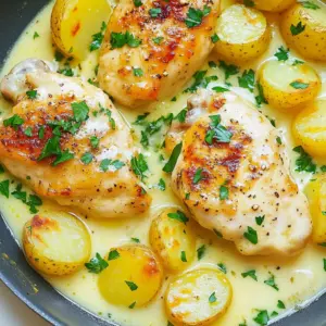To make Creamy Garlic Chicken & Potatoes, gather these items: - 4 boneless, skinless chicken breasts - 1 lb baby potatoes, halved - 1 cup heavy cream - 1 cup chicken broth - 4 cloves garlic, minced - 1 tablespoon olive oil - 1 teaspoon dried thyme - 1 teaspoon dried oregano - Salt and pepper to taste - Fresh parsley, chopped (for garnish) You can add more taste with these extras: - Lemon juice for brightness - Red pepper flakes for heat - Parmesan cheese for richness - Fresh herbs like rosemary or basil To cook this dish, use these tools: - Large pot for boiling potatoes - Large skillet for frying chicken and making sauce - Measuring cups and spoons for accuracy - A sharp knife for cutting ingredients - A wooden spoon for stirring - A serving platter for presentation {{ingredient_image_1}} Start by boiling water in a large pot. Add salt to the water. Once the water boils, add the halved baby potatoes. Cook them for 10-12 minutes until they are fork-tender. Drain the potatoes and set them aside. This step gets the potatoes soft and ready for the creamy dish. Next, heat olive oil in a large skillet over medium heat. While the oil heats, season the chicken breasts with salt, pepper, thyme, and oregano. Place the chicken in the skillet. Cook each side for about 6-7 minutes. You want them golden brown and fully cooked. Once done, remove the chicken and set it aside. In the same skillet, add the minced garlic. Saut&eacute; the garlic for about one minute. Be careful not to let it burn. Then, pour in the chicken broth. Bring this mixture to a simmer. Scrape any browned bits from the skillet into the sauce. These bits add great flavor to your dish. Now, stir in the heavy cream. Let the sauce simmer on low heat for about five minutes. This lets the sauce thicken a little. Return the cooked chicken and potatoes to the skillet. Toss everything together in the creamy sauce. Let it cook together for another 2-3 minutes. This helps all the flavors combine nicely. Taste the dish and adjust the seasoning if needed. To cook chicken well, start with even pieces. This helps them cook at the same rate. Season both sides with salt and pepper. Use a hot skillet with olive oil to add flavor. Cook for about 6-7 minutes on each side. You want a nice golden crust. Always check the chicken's internal temperature. It should reach 165&deg;F to be safe. For the creamiest sauce, use heavy cream. It adds richness and smoothness. After cooking the garlic, pour in chicken broth. This creates a nice base. Let it simmer to blend the flavors. Then, add the heavy cream slowly. Stir well and let it thicken for about 5 minutes. This step is key for a silky finish. Presentation makes your meal more appealing. Use a large serving platter to arrange the chicken and potatoes. Drizzle the creamy sauce over the top. This adds a nice shine and color. Sprinkle fresh parsley for a pop of green. It not only looks good but adds a fresh taste too. A beautiful plate makes every meal special. Pro Tips Use Fresh Herbs: Fresh thyme and oregano can enhance the flavor of your dish significantly compared to dried herbs. Perfectly Cooked Chicken: Use a meat thermometer to ensure your chicken breasts reach an internal temperature of 165&deg;F (75&deg;C) for safe consumption. Thickening the Sauce: If you prefer a thicker sauce, let it simmer a little longer or add a cornstarch slurry to achieve your desired consistency. Customizing Potatoes: Feel free to substitute baby potatoes with other varieties like Yukon gold or red potatoes for different textures and flavors. {{image_2}} You can make a tasty vegetarian version of creamy garlic chicken. Replace chicken with firm tofu or tempeh. Both options soak up flavors well. Use vegetable broth instead of chicken broth. For the sauce, you can still use heavy cream or choose a plant-based cream. This dish remains creamy and satisfying. You can switch out some ingredients for what you have. Instead of baby potatoes, you can use regular potatoes or even cauliflower florets. For garlic, try garlic powder in a pinch. If you want a lighter sauce, swap heavy cream for half-and-half or plain yogurt. Fresh herbs like basil or dill can also replace thyme and oregano. Serve creamy garlic chicken and potatoes with a side salad for a fresh taste. Roasted veggies pair nicely too. Add some crusty bread to soak up the sauce. For a special touch, sprinkle extra parsley on top before serving. This makes your meal look great and adds flavor. To store leftovers, let the dish cool first. Place the creamy garlic chicken and potatoes in an airtight container. This keeps them fresh. You can keep them in the fridge for up to three days. Make sure to seal the container well to avoid any smells. When you're ready to enjoy leftovers, you can reheat them easily. Place the chicken and potatoes in a skillet over medium heat. Add a splash of chicken broth or cream to keep it moist. Heat for about 5-7 minutes, stirring gently. You can also use a microwave. Heat in 30-second bursts until warm. Cover the dish to prevent drying out. If you want to freeze the dish, do it before reheating. Place the cooled chicken and potatoes in a freezer-safe container. Seal it tightly and label it with the date. It can last up to three months in the freezer. When you&rsquo;re ready to eat, thaw overnight in the fridge. Reheat as described above for best results. Yes, you can use other potatoes. Yukon Golds or red potatoes work well. They add great flavor and texture. Cut them into even pieces for quick cooking. If you want a different taste, try sweet potatoes. They will change the dish but still taste good. To make it dairy-free, swap heavy cream with coconut milk. It gives a nice creaminess. You can also use almond milk and add a little cornstarch to thicken it. This keeps the dish rich and tasty without dairy. You can pair this dish with steamed veggies. Broccoli or green beans add color and crunch. A side salad with fresh greens is also nice. If you want bread, garlic bread goes well, too. It soaks up the creamy sauce perfectly. Cooking chicken takes about 12-14 minutes total. Each side needs 6-7 minutes on medium heat. Check with a meat thermometer. The internal temperature should reach 165&deg;F. If you keep the heat steady, it cooks evenly and stays juicy. This blog post covered the essential ingredients, steps, and tips for making Creamy Garlic Chicken and Potatoes. You learned about optional ingredients to boost flavor and tools to make cooking easier. We shared variations for different diets and how to store leftovers. You'll love the simple steps for great chicken and sauce. Now, you can create a delicious meal that impresses everyone. Enjoy experimenting, and make it your own!