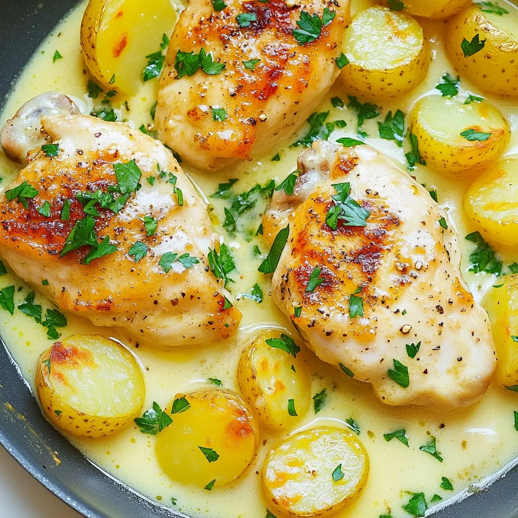 To make Creamy Garlic Chicken & Potatoes, gather these items: - 4 boneless, skinless chicken breasts - 1 lb baby potatoes, halved - 1 cup heavy cream - 1 cup chicken broth - 4 cloves garlic, minced - 1 tablespoon olive oil - 1 teaspoon dried thyme - 1 teaspoon dried oregano - Salt and pepper to taste - Fresh parsley, chopped (for garnish) You can add more taste with these extras: - Lemon juice for brightness - Red pepper flakes for heat - Parmesan cheese for richness - Fresh herbs like rosemary or basil To cook this dish, use these tools: - Large pot for boiling potatoes - Large skillet for frying chicken and making sauce - Measuring cups and spoons for accuracy - A sharp knife for cutting ingredients - A wooden spoon for stirring - A serving platter for presentation {{ingredient_image_1}} Start by boiling water in a large pot. Add salt to the water. Once the water boils, add the halved baby potatoes. Cook them for 10-12 minutes until they are fork-tender. Drain the potatoes and set them aside. This step gets the potatoes soft and ready for the creamy dish. Next, heat olive oil in a large skillet over medium heat. While the oil heats, season the chicken breasts with salt, pepper, thyme, and oregano. Place the chicken in the skillet. Cook each side for about 6-7 minutes. You want them golden brown and fully cooked. Once done, remove the chicken and set it aside. In the same skillet, add the minced garlic. Sauté the garlic for about one minute. Be careful not to let it burn. Then, pour in the chicken broth. Bring this mixture to a simmer. Scrape any browned bits from the skillet into the sauce. These bits add great flavor to your dish. Now, stir in the heavy cream. Let the sauce simmer on low heat for about five minutes. This lets the sauce thicken a little. Return the cooked chicken and potatoes to the skillet. Toss everything together in the creamy sauce. Let it cook together for another 2-3 minutes. This helps all the flavors combine nicely. Taste the dish and adjust the seasoning if needed. To cook chicken well, start with even pieces. This helps them cook at the same rate. Season both sides with salt and pepper. Use a hot skillet with olive oil to add flavor. Cook for about 6-7 minutes on each side. You want a nice golden crust. Always check the chicken's internal temperature. It should reach 165°F to be safe. For the creamiest sauce, use heavy cream. It adds richness and smoothness. After cooking the garlic, pour in chicken broth. This creates a nice base. Let it simmer to blend the flavors. Then, add the heavy cream slowly. Stir well and let it thicken for about 5 minutes. This step is key for a silky finish. Presentation makes your meal more appealing. Use a large serving platter to arrange the chicken and potatoes. Drizzle the creamy sauce over the top. This adds a nice shine and color. Sprinkle fresh parsley for a pop of green. It not only looks good but adds a fresh taste too. A beautiful plate makes every meal special. Pro Tips Use Fresh Herbs: Fresh thyme and oregano can enhance the flavor of your dish significantly compared to dried herbs. Perfectly Cooked Chicken: Use a meat thermometer to ensure your chicken breasts reach an internal temperature of 165°F (75°C) for safe consumption. Thickening the Sauce: If you prefer a thicker sauce, let it simmer a little longer or add a cornstarch slurry to achieve your desired consistency. Customizing Potatoes: Feel free to substitute baby potatoes with other varieties like Yukon gold or red potatoes for different textures and flavors. {{image_2}} You can make a tasty vegetarian version of creamy garlic chicken. Replace chicken with firm tofu or tempeh. Both options soak up flavors well. Use vegetable broth instead of chicken broth. For the sauce, you can still use heavy cream or choose a plant-based cream. This dish remains creamy and satisfying. You can switch out some ingredients for what you have. Instead of baby potatoes, you can use regular potatoes or even cauliflower florets. For garlic, try garlic powder in a pinch. If you want a lighter sauce, swap heavy cream for half-and-half or plain yogurt. Fresh herbs like basil or dill can also replace thyme and oregano. Serve creamy garlic chicken and potatoes with a side salad for a fresh taste. Roasted veggies pair nicely too. Add some crusty bread to soak up the sauce. For a special touch, sprinkle extra parsley on top before serving. This makes your meal look great and adds flavor. To store leftovers, let the dish cool first. Place the creamy garlic chicken and potatoes in an airtight container. This keeps them fresh. You can keep them in the fridge for up to three days. Make sure to seal the container well to avoid any smells. When you're ready to enjoy leftovers, you can reheat them easily. Place the chicken and potatoes in a skillet over medium heat. Add a splash of chicken broth or cream to keep it moist. Heat for about 5-7 minutes, stirring gently. You can also use a microwave. Heat in 30-second bursts until warm. Cover the dish to prevent drying out. If you want to freeze the dish, do it before reheating. Place the cooled chicken and potatoes in a freezer-safe container. Seal it tightly and label it with the date. It can last up to three months in the freezer. When you’re ready to eat, thaw overnight in the fridge. Reheat as described above for best results. Yes, you can use other potatoes. Yukon Golds or red potatoes work well. They add great flavor and texture. Cut them into even pieces for quick cooking. If you want a different taste, try sweet potatoes. They will change the dish but still taste good. To make it dairy-free, swap heavy cream with coconut milk. It gives a nice creaminess. You can also use almond milk and add a little cornstarch to thicken it. This keeps the dish rich and tasty without dairy. You can pair this dish with steamed veggies. Broccoli or green beans add color and crunch. A side salad with fresh greens is also nice. If you want bread, garlic bread goes well, too. It soaks up the creamy sauce perfectly. Cooking chicken takes about 12-14 minutes total. Each side needs 6-7 minutes on medium heat. Check with a meat thermometer. The internal temperature should reach 165°F. If you keep the heat steady, it cooks evenly and stays juicy. This blog post covered the essential ingredients, steps, and tips for making Creamy Garlic Chicken and Potatoes. You learned about optional ingredients to boost flavor and tools to make cooking easier. We shared variations for different diets and how to store leftovers. You'll love the simple steps for great chicken and sauce. Now, you can create a delicious meal that impresses everyone. Enjoy experimenting, and make it your own!