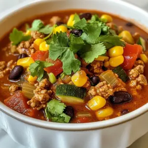 For a hearty bowl of veggie-loaded turkey chili, gather these fresh and vibrant ingredients: - 1 lb ground turkey - 1 medium onion, chopped - 2 cloves garlic, minced - 1 bell pepper, diced - 1 zucchini, diced - 1 cup corn (fresh or frozen) - 1 can (15 oz) black beans, rinsed and drained - 1 can (15 oz) diced tomatoes (with juice) - Spices and seasonings: - 2 tablespoons chili powder - 1 teaspoon cumin - 1 teaspoon smoked paprika - Salt and pepper to taste These ingredients bring both flavor and nutrition to your chili. Ground turkey adds protein, while the veggies offer fiber and vitamins. To make this chili, you'll need a few key kitchen tools: - Large pot or Dutch oven - Wooden spoon or spatula - Measuring cups and spoons Using a large pot helps the chili cook evenly. A wooden spoon is great for stirring without scratching your pot. Finish your chili with these fresh, tasty garnishes: - Fresh cilantro - Fresh parsley Adding herbs not only enhances the look but also boosts flavor. A sprinkle of cilantro or parsley brings the whole dish together. {{ingredient_image_1}} Start by heating the olive oil in a large pot over medium heat. Once the oil is hot, add the chopped onion and minced garlic. Saut&eacute; them until the onion turns translucent, which takes about 3 to 4 minutes. This step builds a great flavor base for the chili. Next, stir in the ground turkey. Cook it until it is browned and no longer pink, breaking it into smaller pieces as it cooks. This should take around 5 to 7 minutes. The turkey adds protein and keeps the dish hearty. Now, it&rsquo;s time to load up on veggies! Add the diced bell pepper, zucchini, and corn to the pot. Give it a good stir to mix everything together. Cook for an additional 5 minutes until the vegetables start to soften. This adds texture and nutrition to your chili. After that, mix in the rinsed black beans and the diced tomatoes with their juice. These ingredients add more flavor and bulk. Stir everything well to combine. Pour in the vegetable or chicken broth next. This helps create a rich, flavorful broth. Now, add the chili powder, cumin, smoked paprika, salt, and pepper. This is where the magic happens! The spices will give your chili its signature taste. Bring the mixture to a simmer. Once it bubbles, reduce the heat to low. Let it cook uncovered for about 20 to 30 minutes. Stir occasionally to prevent sticking. If the chili gets too thick, feel free to add more broth to reach your desired consistency. Taste it before serving to adjust the seasoning if needed. Enjoy all the hearty flavors in your veggie-loaded turkey chili! To boost the taste of your veggie-loaded turkey chili, focus on layering spices. Start with chili powder, which gives a nice kick. Then, add cumin for warmth and smoked paprika for depth. You can also try adding a pinch of cayenne or red pepper flakes for extra heat. Taste your chili as it cooks. Adjust the salt and pepper to suit your liking. Remember, it&rsquo;s easier to add more spice than to take it away! If your chili is too thick, don&rsquo;t worry. You can thin it out with extra broth. Just pour in a little at a time until you reach the desired consistency. If you prefer a thicker chili, allow it to simmer longer. The flavors will deepen, and the texture will become richer. You want a nice, hearty meal, not a soup! Serving chili is part of the fun! Use deep bowls to hold the warm chili. Top each serving with fresh cilantro or parsley for a pop of color. You can also add a dollop of sour cream or a sprinkle of cheese if you like. Serve with crusty bread or tortilla chips for dipping. This way, your veggie-loaded turkey chili looks as good as it tastes! Pro Tips Ingredient Freshness: Always use fresh ingredients for the best flavor and texture in your chili. Adjusting Heat: If you prefer spicier chili, consider adding diced jalape&ntilde;os or a pinch of cayenne pepper. Make Ahead: This chili tastes even better the next day, so feel free to make it ahead of time and store it in the fridge. Freezing Tips: This chili freezes well! Store in airtight containers for up to 3 months for a quick meal later. {{image_2}} You can easily swap ground turkey for other meats. Lean ground beef or chicken works well. If you want a lighter dish, turkey is great. For a vegetarian or vegan option, use lentils or chickpeas instead. They add protein and texture. You can also try meat substitutes like tofu or tempeh. These options keep the dish hearty and filling. Adding more veggies makes the chili even tastier. Carrots or spinach are great choices. They add nutrition and color. You can experiment with seasonal vegetables too. In the fall, try adding sweet potatoes or butternut squash. In summer, zucchini or bell peppers shine. This allows you to use fresh, local produce. You can change the spice level to fit your taste. For mild chili, reduce the chili powder. You can add a bit of sugar to balance flavors. If you want heat, add jalape&ntilde;os or cayenne pepper. You can also use hot sauce to spice things up. Adjust it as you cook to find the right balance. To store leftovers, place the chili in an airtight container. This helps keep it fresh. You can store it in the fridge for up to four days. Make sure to let it cool down before sealing. This will prevent moisture build-up. For freezing, use a freezer-safe container. Leave some space at the top for expansion. The chili can last in the freezer for up to three months. Thaw it in the fridge overnight before reheating. To reheat, use the stovetop or microwave. If using the stovetop, heat over low until warm. Stir often to avoid hot spots. In the microwave, heat in short bursts and stir in between. For meal prep, divide the chili into single-serving containers. This makes it easy to grab and go. You can also add toppings like cheese or avocado before serving. Quick reheating methods include using the microwave or stovetop. Both options work well to keep the chili tasty. To add heat, try these simple tips: - Add diced jalape&ntilde;os or serrano peppers. - Mix in some hot sauce while cooking. - Use spicy chili powder instead of mild. - Add red pepper flakes for an extra kick. These choices can help you find the right spice level. Taste as you go, so you can adjust the heat to your liking. You want to enjoy the heat, not be overwhelmed by it. Yes, you can use canned vegetables in your chili. Here are the pros and cons: Pros: - Canned veggies save time and effort. - They are often already cooked and ready to use. - Canned items last a long time in your pantry. Cons: - Canned vegetables can lack fresh taste. - They may have added salt or preservatives. - The texture may be softer than fresh. If you choose canned vegetables, rinse them well. This can help remove excess salt and improve flavor. Fresh veggies do bring more crunch and flavor, but canned can be a quick option. Pair your chili with these tasty options: - Cornbread: This classic side is soft and sweet. - Rice: A scoop of rice can soak up the chili. - Tortilla chips: Crunchy chips add fun texture. - Fresh salad: A crisp salad can balance the dish. These sides can enhance your meal experience. Feel free to mix and match based on what you like. Enjoy exploring different combinations! Veggie-loaded turkey chili is a great meal choice. You learned about key ingredients, helpful kitchen tools, and step-by-step cooking tips. We discussed how to enhance flavors and adjust for different spice levels. Remember, you can swap ingredients and create your own unique version. Store leftovers safely or freeze them for later use. I hope you enjoy cooking and sharing this chili! It&rsquo;s not just a meal; it&rsquo;s a warm hug in a bowl.