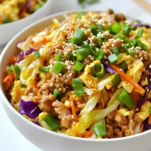 - 1 pound ground chicken (or turkey) - 4 cups coleslaw mix (shredded cabbage and carrots) - 3 green onions, chopped - 2 cloves garlic, minced - 1 inch fresh ginger, grated - 3 tablespoons soy sauce - 1 tablespoon sesame oil - 1 tablespoon rice vinegar - Salt and pepper to taste - 2 eggs, lightly beaten - Sesame seeds for garnish (optional) - Additional herbs or spices The main ingredients are simple. Ground chicken or turkey gives great protein. Coleslaw mix adds crunch and fiber. Green onions bring a fresh taste. For the seasonings, garlic and ginger stand out. They add warmth and depth to the dish. Soy sauce and rice vinegar balance the flavors perfectly. Sesame oil gives a nutty aroma. Salt and pepper finish the taste. You can add eggs for extra protein and creaminess. Sesame seeds can make the bowl look fancy. Feel free to add herbs or spices you like to make it yours. {{ingredient_image_1}} To start, gather all your ingredients. This makes cooking smoother and more fun. Chop the green onions and set them aside. Mince the garlic and grate the ginger. You can use a box grater for the ginger. Measure out your soy sauce and rice vinegar. This step helps keep everything organized. Now, grab a large skillet and heat the sesame oil over medium heat. When the oil is warm, add the minced garlic and grated ginger. Saut&eacute; this for about one minute until it smells great. Then, add the ground chicken or turkey. Use a spatula to break it apart. Cook it for about 5 to 7 minutes until it&rsquo;s browned and no longer pink. Next, stir in the coleslaw mix. Cook it for about 3 to 4 minutes. You want the cabbage to be slightly wilted but still crunchy. Pour in the soy sauce and rice vinegar. Mix everything well to coat the meat and veggies evenly. You can add salt and pepper to taste. Make a well in the center of the skillet. Pour in the beaten eggs. Let them cook for about one minute. Then, stir them into the mix to scramble. Cook everything for another 2 minutes until the eggs are fully cooked. Remove from heat and stir in the chopped green onions. Serve this hot in bowls. If you like, sprinkle sesame seeds on top for a nice touch. Enjoy your quick and tasty meal! To make sure the meat is fully cooked, use a meat thermometer. Ground chicken should reach 165&deg;F. While cooking, break the meat apart well with a spatula. This helps it cook evenly. When saut&eacute;ing vegetables, start with the garlic and ginger. Use medium heat to avoid burning. Add the coleslaw mix after the meat is browned. Stir gently to mix with the meat. Cook until the cabbage is slightly wilted but still crisp. For mixing ingredients, add the sauces after the veggies. This helps coat everything well. Make a well in the center of the skillet before adding the eggs. This keeps them from sticking. For presentation, serve in bowls while hot. Garnish with sesame seeds and extra green onions. This adds color and flair to your dish. To enhance flavors, add a dash of red pepper flakes or chili sauce. This gives your dish a nice kick. You can also try hoisin sauce for a sweet twist. For customizing the recipe, swap out the ground chicken for shrimp or tofu. You can also add extra veggies like bell peppers or snap peas. Each change brings new flavor and texture. Pro Tips Choose Lean Meat: Using lean ground chicken or turkey helps keep the dish healthy while still providing enough protein. Add More Veggies: Feel free to include additional vegetables like bell peppers or snap peas for extra crunch and nutrition. Customize the Sauce: Adjust the soy sauce and vinegar to your taste; try adding hoisin sauce for a sweeter flavor. Perfect Egg Scramble: Allow the beaten eggs to sit for a minute before stirring for a fluffier texture in the final dish. {{image_2}} You can switch up the protein in this dish for fun. If you want a seafood twist, use shrimp. Shrimp cooks quickly and adds a nice flavor. For a plant-based option, try tofu. Press the tofu first to remove the moisture. This helps it absorb the sauce better. Both options make this meal tasty and healthy. Mix in different veggies to keep it fresh. Bell peppers add a sweet crunch, and snap peas bring a nice snap. You can even use seasonal veggies. In spring, add asparagus or peas. In fall, consider using squash or carrots. Each veggie brings its own flavor, making it unique every time. Sauces can change the whole taste of your meal. Try teriyaki sauce for a sweeter kick. Sweet and sour sauce also works well for a tangy twist. If you're watching your sodium, look for low-sodium soy sauce. There are also gluten-free options available. With sauces, you can explore many flavors! To store leftovers, place the egg roll in a bowl in an airtight container. This keeps the flavors fresh. You can also cover it tightly with plastic wrap. The shelf life in the fridge is about three to four days. After that, it may lose its taste and texture. If you want to freeze the dish for later use, let it cool completely first. Then, transfer it to a freezer-safe container. This will help prevent freezer burn. You can freeze it for up to three months. For reheating, thaw it in the fridge overnight. Then, heat it in a skillet or microwave until warm. Stir to ensure even heating. Making this dish ahead of time is a great idea. You can prepare it on the weekend and enjoy it during the week. Portioning for easy meals later is simple. Divide the dish into single-serving containers. This makes it easy to grab and go when you're busy. An Egg Roll in a Bowl is a deconstructed version of the classic egg roll. It features all the great flavors of an egg roll without the wrapper. This dish combines ground meat, cabbage, and tasty seasonings in one bowl. The origins come from Asian cuisine, where egg rolls are popular as appetizers. This dish is quick and easy, making it great for busy weeknights. Making this dish is quick! It takes about 10 minutes to prep and 15 minutes to cook. In total, you can have dinner ready in just 25 minutes. This speed makes it a perfect choice for a fast meal after a long day. Yes, you can easily substitute ingredients! Here are some options: - Ground meat: Use ground turkey, beef, or even tofu for a vegetarian option. - Coleslaw mix: You can add other veggies like bell peppers or snap peas. - Soy sauce: If you need a gluten-free option, try tamari or coconut aminos. These swaps help you cater to allergies or personal tastes while keeping the dish delicious. This blog post shared a simple and tasty recipe for Egg Roll in a Bowl. We covered the main ingredients like chicken, coleslaw mix, and seasonings. I explained the step-by-step cooking process and offered tips to enhance flavor. You learned about variations and how to store leftovers for later use. I hope you feel inspired to try this dish. It&rsquo;s easy to make and customize. Enjoy your cooking adventure!
