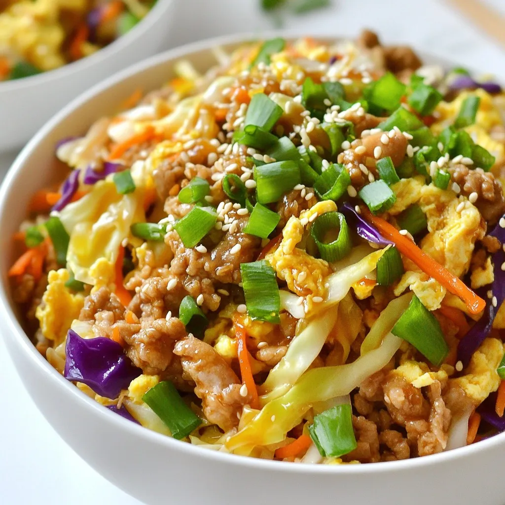 - 1 pound ground chicken (or turkey) - 4 cups coleslaw mix (shredded cabbage and carrots) - 3 green onions, chopped - 2 cloves garlic, minced - 1 inch fresh ginger, grated - 3 tablespoons soy sauce - 1 tablespoon sesame oil - 1 tablespoon rice vinegar - Salt and pepper to taste - 2 eggs, lightly beaten - Sesame seeds for garnish (optional) - Additional herbs or spices The main ingredients are simple. Ground chicken or turkey gives great protein. Coleslaw mix adds crunch and fiber. Green onions bring a fresh taste. For the seasonings, garlic and ginger stand out. They add warmth and depth to the dish. Soy sauce and rice vinegar balance the flavors perfectly. Sesame oil gives a nutty aroma. Salt and pepper finish the taste. You can add eggs for extra protein and creaminess. Sesame seeds can make the bowl look fancy. Feel free to add herbs or spices you like to make it yours. {{ingredient_image_1}} To start, gather all your ingredients. This makes cooking smoother and more fun. Chop the green onions and set them aside. Mince the garlic and grate the ginger. You can use a box grater for the ginger. Measure out your soy sauce and rice vinegar. This step helps keep everything organized. Now, grab a large skillet and heat the sesame oil over medium heat. When the oil is warm, add the minced garlic and grated ginger. Sauté this for about one minute until it smells great. Then, add the ground chicken or turkey. Use a spatula to break it apart. Cook it for about 5 to 7 minutes until it’s browned and no longer pink. Next, stir in the coleslaw mix. Cook it for about 3 to 4 minutes. You want the cabbage to be slightly wilted but still crunchy. Pour in the soy sauce and rice vinegar. Mix everything well to coat the meat and veggies evenly. You can add salt and pepper to taste. Make a well in the center of the skillet. Pour in the beaten eggs. Let them cook for about one minute. Then, stir them into the mix to scramble. Cook everything for another 2 minutes until the eggs are fully cooked. Remove from heat and stir in the chopped green onions. Serve this hot in bowls. If you like, sprinkle sesame seeds on top for a nice touch. Enjoy your quick and tasty meal! To make sure the meat is fully cooked, use a meat thermometer. Ground chicken should reach 165°F. While cooking, break the meat apart well with a spatula. This helps it cook evenly. When sautéing vegetables, start with the garlic and ginger. Use medium heat to avoid burning. Add the coleslaw mix after the meat is browned. Stir gently to mix with the meat. Cook until the cabbage is slightly wilted but still crisp. For mixing ingredients, add the sauces after the veggies. This helps coat everything well. Make a well in the center of the skillet before adding the eggs. This keeps them from sticking. For presentation, serve in bowls while hot. Garnish with sesame seeds and extra green onions. This adds color and flair to your dish. To enhance flavors, add a dash of red pepper flakes or chili sauce. This gives your dish a nice kick. You can also try hoisin sauce for a sweet twist. For customizing the recipe, swap out the ground chicken for shrimp or tofu. You can also add extra veggies like bell peppers or snap peas. Each change brings new flavor and texture. Pro Tips Choose Lean Meat: Using lean ground chicken or turkey helps keep the dish healthy while still providing enough protein. Add More Veggies: Feel free to include additional vegetables like bell peppers or snap peas for extra crunch and nutrition. Customize the Sauce: Adjust the soy sauce and vinegar to your taste; try adding hoisin sauce for a sweeter flavor. Perfect Egg Scramble: Allow the beaten eggs to sit for a minute before stirring for a fluffier texture in the final dish. {{image_2}} You can switch up the protein in this dish for fun. If you want a seafood twist, use shrimp. Shrimp cooks quickly and adds a nice flavor. For a plant-based option, try tofu. Press the tofu first to remove the moisture. This helps it absorb the sauce better. Both options make this meal tasty and healthy. Mix in different veggies to keep it fresh. Bell peppers add a sweet crunch, and snap peas bring a nice snap. You can even use seasonal veggies. In spring, add asparagus or peas. In fall, consider using squash or carrots. Each veggie brings its own flavor, making it unique every time. Sauces can change the whole taste of your meal. Try teriyaki sauce for a sweeter kick. Sweet and sour sauce also works well for a tangy twist. If you're watching your sodium, look for low-sodium soy sauce. There are also gluten-free options available. With sauces, you can explore many flavors! To store leftovers, place the egg roll in a bowl in an airtight container. This keeps the flavors fresh. You can also cover it tightly with plastic wrap. The shelf life in the fridge is about three to four days. After that, it may lose its taste and texture. If you want to freeze the dish for later use, let it cool completely first. Then, transfer it to a freezer-safe container. This will help prevent freezer burn. You can freeze it for up to three months. For reheating, thaw it in the fridge overnight. Then, heat it in a skillet or microwave until warm. Stir to ensure even heating. Making this dish ahead of time is a great idea. You can prepare it on the weekend and enjoy it during the week. Portioning for easy meals later is simple. Divide the dish into single-serving containers. This makes it easy to grab and go when you're busy. An Egg Roll in a Bowl is a deconstructed version of the classic egg roll. It features all the great flavors of an egg roll without the wrapper. This dish combines ground meat, cabbage, and tasty seasonings in one bowl. The origins come from Asian cuisine, where egg rolls are popular as appetizers. This dish is quick and easy, making it great for busy weeknights. Making this dish is quick! It takes about 10 minutes to prep and 15 minutes to cook. In total, you can have dinner ready in just 25 minutes. This speed makes it a perfect choice for a fast meal after a long day. Yes, you can easily substitute ingredients! Here are some options: - Ground meat: Use ground turkey, beef, or even tofu for a vegetarian option. - Coleslaw mix: You can add other veggies like bell peppers or snap peas. - Soy sauce: If you need a gluten-free option, try tamari or coconut aminos. These swaps help you cater to allergies or personal tastes while keeping the dish delicious. This blog post shared a simple and tasty recipe for Egg Roll in a Bowl. We covered the main ingredients like chicken, coleslaw mix, and seasonings. I explained the step-by-step cooking process and offered tips to enhance flavor. You learned about variations and how to store leftovers for later use. I hope you feel inspired to try this dish. It’s easy to make and customize. Enjoy your cooking adventure!