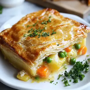 To make a classic chicken pot pie, gather the following ingredients: - 2 cups cooked chicken, shredded - 1 cup carrots, diced - 1 cup green peas, frozen - 1 cup potatoes, diced and boiled - 1/2 cup onion, finely chopped - 1/3 cup all-purpose flour - 2 cups chicken broth - 1 cup whole milk - 2 tablespoons butter - 1 teaspoon dried thyme - 1 teaspoon garlic powder - Salt and pepper to taste - 1 pre-made pie crust (or homemade if preferred) - 1 egg (for egg wash) Each ingredient plays a vital role. The chicken provides protein and flavor. Carrots and peas add sweetness and color. Potatoes make the filling hearty. Onions bring depth. Flour thickens the sauce, while butter gives richness. Thyme and garlic add aromatic notes. The pie crust wraps it all in a flaky embrace. Lastly, the egg wash ensures a golden finish. Feel free to adjust these ingredients based on what you have. Cooking is about creativity and personal taste. {{ingredient_image_1}} - Preheat oven temperature: Set your oven to 425&deg;F (220&deg;C). This helps the crust bake to a nice golden brown. - Saut&eacute;ing the vegetables: In a large skillet, melt 2 tablespoons of butter over medium heat. Add 1/2 cup of finely chopped onion. Cook for 2-3 minutes until soft. Then, stir in 1 cup of diced carrots. Cook for another 3-4 minutes until they are tender. - Thickening the filling: Sprinkle 1/3 cup of all-purpose flour over the veggies. Stir well and cook for 1-2 minutes. Slowly whisk in 2 cups of chicken broth and 1 cup of whole milk. Bring this mix to a simmer. Cook until it thickens, about 5 minutes. - Fitting the pie crust: Roll out your pre-made pie crust. Fit it into a pie plate, making sure to cover the edges well. - Pouring in the filling: Scoop the thickened chicken filling into the crust. Spread it out evenly for a good bite in every slice. - Sealing the pie crust: Cover the filling with another layer of pie crust. Crimp the edges with a fork to seal. Cut a few slits on top to let steam escape during baking. - Baking time and temperature guidelines: Place the pie in your preheated oven. Bake for 25-30 minutes, or until the crust is golden and flaky. - Cool and slice before serving: Once done, take it out and let it cool for a few minutes. Then, slice and serve hot. Enjoy each comforting bite! To make a flaky crust, use cold butter. Cut it into small cubes before mixing. This keeps the butter from melting. You can also chill the pie crust before baking. This helps it stay crisp. Another trick is to roll the dough out on a floured surface. This prevents sticking and helps with even thickness. To avoid a soggy bottom, bake the crust for a few minutes first. This is called par-baking. It sets the crust before adding the filling. Use a fork to poke holes in the bottom. This allows steam to escape and keeps it dry. If you want to switch up the chicken, try turkey. Rotisserie chicken is also a great option. You can even use cooked tofu for a veggie twist. If you need dairy-free choices, use almond milk or coconut milk instead of whole milk. A dairy-free butter substitute works well too. For side dishes, a simple salad pairs perfectly with pot pie. A fresh green salad or roasted vegetables add color and crunch. When serving, sprinkle fresh parsley on top for a nice look. You can also serve it with a side of crusty bread. This helps soak up the delicious filling. Pro Tips Use Leftover Chicken: For an even quicker meal, use leftover rotisserie chicken or any cooked chicken you have on hand. Seasoning Variations: Feel free to add your favorite herbs such as rosemary or parsley to customize the flavor profile. Make it Creamy: For a richer filling, add a splash of heavy cream or sour cream to the mixture before pouring it into the crust. Crust Alternatives: If you're short on time, consider using puff pastry or phyllo dough for a different texture and flavor. {{image_2}} You can easily change the flavor of your chicken pot pie. Adding herbs makes a big difference. Try fresh thyme, rosemary, or parsley. Each herb adds a unique taste. You can also use spices like paprika or cumin for warmth. Incorporating different vegetables can enhance your dish. Instead of just peas and carrots, try corn, green beans, or bell peppers. Each vegetable will bring new colors and tastes. This way, your pot pie stays fresh and exciting. If you need a gluten-free option, many ready-made crusts are available. You can also make your own using almond or coconut flour. This keeps the pie tasty and safe for gluten-free diets. Another fun option is to use mashed potatoes as a topping. Spread creamy mashed potatoes over the filling instead of crust. This gives a unique twist and a comforting touch to the dish. You don&rsquo;t have to stick with chicken. You can substitute turkey for a holiday feel. For a heartier meal, beef works well. Just adjust the cooking time for different meats. If you want a vegetarian or vegan meal, use mushrooms or lentils. These options provide a rich texture. Adding beans and extra veggies keeps it filling. This way, everyone can enjoy a delicious pot pie, no matter their diet. To keep your chicken pot pie fresh, refrigerate it right away. - Cool the pie to room temperature before storing. - Use airtight containers to seal in moisture. - Place the pie in the fridge for up to 3 days. You can freeze chicken pot pie for later enjoyment. - Wrap the pie tightly in plastic wrap, then foil. - Label it with the date so you remember when you froze it. - To thaw, place it in the fridge overnight before reheating. - Reheat in the oven at 350&deg;F (175&deg;C) for about 30-40 minutes. Proper storage helps you enjoy the pie longer. - In the fridge, it lasts about 3 days. - If frozen, it stays good for up to 2 months. - Look for spoilage signs like off smells or mold. - If the crust looks dry, it&rsquo;s time to toss it. What can I serve with chicken pot pie? You can serve chicken pot pie with simple sides. A fresh salad works well. Try a green salad with vinaigrette for a nice crunch. Steamed veggies are great too. Think broccoli or green beans. These sides add color and texture to your meal. Can I make this dish ahead of time? Yes, chicken pot pie is great for meal prep. You can prepare the filling a day early. Store it in the fridge until you are ready to bake. Just cover it well to keep it fresh. Bake it just before serving for the best taste. Can I use raw chicken in this recipe? Using raw chicken is possible, but it needs more time. Cook the chicken in the skillet first. Make sure it reaches 165&deg;F (75&deg;C). Then, you can follow the rest of the recipe. This method keeps the dish safe and tasty. How can I make a smaller portion? To make a smaller pot pie, you need to adjust the ingredients. Cut the amounts in half for a smaller pie. Use a smaller pie dish too. You can also make individual pot pies in ramekins. This way, you can serve smaller portions easily. How can I ensure the filling is creamy? To get a creamy filling, whisk the broth and milk well. Stir them in slowly while cooking. This helps to avoid lumps. Let the mixture simmer until it thickens. A good simmer makes the filling rich and smooth. What&rsquo;s the best way to reheat chicken pot pie? The best way to reheat chicken pot pie is in the oven. Preheat to 350&deg;F (175&deg;C). Place the pie on a baking sheet. Bake for about 15-20 minutes. This method warms it through and keeps the crust crispy. You now know how to make a tasty chicken pot pie. We covered ingredients, steps, tips, and variations. This dish is easy and fun to customize. Mix up the flavors or swap proteins to suit your taste. Remember to store leftovers properly for maximum freshness. With these methods, you can enjoy this classic dish anytime. I hope you try making it yourself!