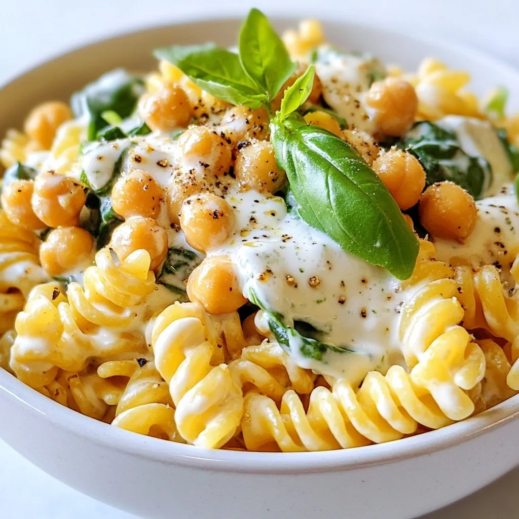 To make your Protein-Packed Creamy Pasta Bowl, gather these simple ingredients: - 8 oz whole wheat pasta (fusilli or penne) - 1 cup cooked chickpeas (or black beans) - 1 cup spinach, chopped - 1/2 cup Greek yogurt - 1/4 cup grated Parmesan cheese - 1/4 cup vegetable broth - 2 cloves garlic, minced - 1 tablespoon olive oil - 1 teaspoon dried oregano - Salt and pepper, to taste - Fresh basil, for garnish This dish is rich in protein and fiber. The whole wheat pasta provides complex carbs. Chickpeas offer plant-based protein and fiber. Greek yogurt adds creaminess and protein. Spinach is packed with vitamins and iron. Parmesan cheese gives flavor and calcium. This meal is balanced and filling. You can swap some ingredients for variety. Use black beans instead of chickpeas for a different taste. If you're dairy-free, try using cashew cream instead of Greek yogurt. Nutritional yeast can replace Parmesan cheese for a cheesy flavor. You can also mix in other veggies like bell peppers or zucchini. {{ingredient_image_1}} First, grab a large pot and fill it with water. Add a good amount of salt to the water. This helps season the pasta. Bring the water to a boil. Once boiling, add 8 ounces of whole wheat pasta. You can use either fusilli or penne. Cook the pasta until it is al dente, about 8-10 minutes. Be sure to check the package for exact times. When done, drain the pasta and set it aside. Remember to save half a cup of the pasta water for later. Next, take a large skillet and heat one tablespoon of olive oil over medium heat. Once the oil is hot, add two cloves of minced garlic. Sauté the garlic for about 1-2 minutes. You want it to smell nice but not brown. After that, add one cup of cooked chickpeas or black beans to the skillet. Then, toss in one cup of chopped spinach. Cook these for about 3-4 minutes until the spinach wilts down nicely. Now, it’s time to make your sauce creamy. Lower the heat and add half a cup of Greek yogurt, a quarter cup of vegetable broth, and a quarter cup of grated Parmesan cheese. Stir everything together well. If the sauce feels too thick, use your reserved pasta water to thin it out. Add a little at a time until it’s just right. Now, it’s time to bring everything together. Add your cooked pasta into the skillet. Gently mix it with the creamy sauce until the pasta is fully coated. Season your dish with one teaspoon of dried oregano, and add salt and pepper to taste. Keep tossing until everything is well combined. Finally, divide the creamy pasta among bowls. Top it off with fresh basil for a burst of flavor and color. Enjoy your healthy, protein-packed meal! To get that perfect creamy texture, you need Greek yogurt. It adds a rich taste. When you mix it with vegetable broth, the sauce gets smooth. If it feels too thick, add some pasta water. Start with a little, then add more if needed. This gives you control over the sauce's creaminess. Always stir gently to keep it silky. Boost the flavor with fresh herbs like basil. It adds a bright taste. You can also try adding lemon juice. Just a squeeze makes the dish pop. If you like heat, sprinkle in some red pepper flakes. This adds a nice kick. Using good-quality Parmesan cheese also makes a big difference. It adds depth and richness. Serve the pasta hot in bowls. Top each bowl with fresh basil. This adds color and flavor. You can pair it with a side salad for more greens. If you want extra protein, add grilled chicken or shrimp. This makes the dish heartier. Enjoy it right away for the best taste! Pro Tips Choose the Right Pasta: Whole wheat pasta not only adds a nutty flavor but also increases the fiber content of your dish, making it more filling and nutritious. Experiment with Greens: Feel free to swap spinach with other greens like kale or Swiss chard for different flavors and nutrients. Adjust Creaminess: If you prefer a creamier sauce, add more Greek yogurt or Parmesan cheese. For a lighter version, use less and incorporate more vegetable broth. Garnish for Freshness: Adding fresh basil not only enhances the dish's presentation but also elevates the flavor profile, giving it a vibrant touch. {{image_2}} You can switch out chickpeas for different protein sources. Black beans work well for a tasty twist. You can also use cooked chicken or turkey for a meatier dish. Tofu is another great option if you want a plant-based choice. Each protein brings a unique flavor and texture to your creamy pasta bowl. Feel free to swap the spinach for any leafy green you like. Kale adds a hearty bite and packs a nutrient punch. If you want a sweeter touch, try using roasted bell peppers or zucchini. Broccoli florets also work great and add a nice crunch. Mix it up based on what you have at home or what’s in season. If you need a gluten-free option, replace whole wheat pasta with gluten-free pasta. Brown rice pasta or chickpea pasta can offer a wonderful taste. Quinoa pasta is another good choice; it’s high in protein too. Just make sure to check the cooking time, as it may vary from regular pasta. Enjoy the same creamy goodness without gluten! Store your Protein-Packed Creamy Pasta Bowl in an airtight container. Make sure it cools to room temperature first. This helps keep the flavors fresh. Place it in the fridge. It stays good for up to three days. If you want to keep it longer, consider freezing it. To reheat, you can use the microwave or the stovetop. For the microwave, place the pasta in a bowl. Add a splash of water to keep it moist. Heat in 30-second bursts, stirring in between. For the stovetop, add the pasta to a pan. Heat over low heat, stirring often. Add more broth or yogurt if it gets too thick. If you want to freeze your pasta, make sure it’s completely cool. Portion it into freezer-safe bags. Remove as much air as you can. Label the bags with the date. This dish can freeze well for up to two months. When ready to eat, thaw it overnight in the fridge. Then, reheat using the instructions above. Yes, you can! This recipe works with any pasta you like. You can use gluten-free pasta, spaghetti, or even zoodles for a lighter meal. Just make sure to adjust the cooking time based on the type of pasta you choose. Absolutely! This creamy pasta bowl is perfect for meal prep. You can make a big batch and store it in the fridge. It tastes great for up to four days. Just divide it into containers for easy lunches or dinners. To add heat, try adding red pepper flakes or diced jalapeños. You can also use spicy chickpeas or black beans. For a different kick, add a dash of hot sauce to the creamy sauce. Adjust to your taste, and enjoy the extra flavor! This article covered key ingredients and step-by-step instructions for a creamy pasta dish. You learned how to combine flavors and achieve a perfect texture. We discussed handy tips for serving and variations for personalizing your meal. Plus, you have storage info for leftovers. Now, you can confidently make this dish, adapting it to your taste. Enjoy cooking and sharing delicious meals with friends and family!