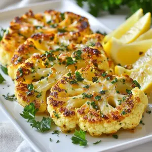 - 1 large head of cauliflower - 4 tablespoons olive oil - 4 garlic cloves, minced - 2 teaspoons dried oregano - 2 teaspoons dried thyme - 1 teaspoon smoked paprika - Salt and pepper to taste - Fresh parsley for garnish - Lemon wedges for serving The key to making delicious garlic herb roasted cauliflower steaks lies in using fresh and high-quality ingredients. A large head of cauliflower acts as the star of the dish. Look for one that is firm and free of blemishes. Olive oil adds richness and helps the flavors meld together. The garlic cloves, minced finely, give this dish its bold flavor. Dried oregano and thyme bring in herbal notes that complement the cauliflower. Smoked paprika adds a hint of smokiness, enhancing the overall taste. Don&rsquo;t forget to season with salt and pepper to balance the flavors. Finally, fresh parsley adds a bright touch, while lemon wedges provide a zesty finish to each bite. These elements create a simple yet flavorful dish that impresses everyone at the table. {{ingredient_image_1}} - Preheat your oven to 425&deg;F (220&deg;C). This high heat helps the cauliflower get crispy. - Line your baking sheet with parchment paper. This prevents sticking and makes cleanup easy. - Remove the leaves from the cauliflower head. Trim the stem so it can stand flat. - Slice the cauliflower into thick 'steaks', about 1-inch wide. Aim for 2 to 3 large steaks. - In a small bowl, combine 4 tablespoons of olive oil, 4 minced garlic cloves, 2 teaspoons of dried oregano, and 2 teaspoons of dried thyme. - Add 1 teaspoon of smoked paprika, and season with salt and pepper. Mix until all ingredients are combined. - Use a brush to apply the garlic herb mixture generously on both sides of the cauliflower steaks. Make sure every part gets a good coating. - Place the cauliflower steaks on the prepared baking sheet. You can add any extra florets around them. - Roast in the preheated oven for 25-30 minutes. Flip the steaks halfway through for even cooking. Look for a golden brown color and tenderness. - Look for a large head with tight florets. - The color should be bright white without brown spots. - Store in a cool, dry place. Wrap it in a damp cloth. - Use it within a week for the best taste. - Cut the steaks evenly, about one inch thick. This helps them cook well. - Flip the steaks halfway to ensure even browning. - Adjust the spices to match your taste. Add more garlic for a stronger flavor. - Pair with a fresh salad or roasted potatoes. - Try serving with a drizzle of tahini or a yogurt sauce. - Fresh herbs like parsley brighten up the dish. - Lemon wedges are perfect for a zesty finish. Pro Tips Choose a Fresh Cauliflower: Look for a cauliflower that is firm, with tightly packed florets and vibrant green leaves. Fresh cauliflower will have a better texture and flavor. Even Thickness is Key: When slicing the cauliflower into steaks, aim for uniform thickness. This ensures even cooking and prevents some pieces from being overcooked while others are undercooked. Experiment with Seasoning: Feel free to customize the herb and spice blend to your taste. Adding a pinch of red pepper flakes can give a spicy kick, or try different herbs like rosemary or basil. Serve with a Dip: Enhance the dish by serving the roasted cauliflower steaks with a tangy yogurt sauce or a homemade tahini dressing for added flavor and creaminess. {{image_2}} You can make garlic herb roasted cauliflower steaks even tastier. Try adding a few spices or herbs. Here are some ideas: - Cumin: Adds warmth and a slight earthiness. - Chili powder: Gives a nice kick for spice lovers. - Rosemary: A fragrant herb for a fresh taste. Cheese toppings can also enhance the flavor. Consider these options: - Parmesan: Adds a salty, nutty taste. - Feta: Provides a creamy, tangy bite. - Vegan cheese: Great for a plant-based option. This dish is naturally vegan and can be gluten-free. For certified vegan options, just use plant-based cheese. Always check labels to ensure no animal products. If you need gluten-free swaps, replace smoked paprika with a gluten-free version. Most spices are gluten-free, but always verify. You can switch up how you cook cauliflower steaks. Grilling is a fun alternative. - Grilling instructions: Preheat your grill. Brush the steaks with the garlic herb mixture. Grill for 5-7 minutes on each side. This gives a nice char. Using an air fryer is another quick option. - Air fryer method: Preheat the air fryer to 375&deg;F (190&deg;C). Place the steaks in a single layer. Cook for 10-12 minutes, flipping halfway through. This method makes them crispy and tender. After cooking, let the cauliflower steaks cool. Place them in an airtight container. This keeps them fresh. Store in the fridge for up to 3 days. If they smell off or look slimy, it's time to toss them. You can reheat your cauliflower steaks in two ways: microwave or oven. - Microwave: This is quick. Place the steaks on a plate and cover with a damp paper towel. Heat for 1-2 minutes. Watch them closely. - Oven: For best results, preheat your oven to 350&deg;F (175&deg;C). Place the steaks on a baking sheet and heat for about 10 minutes. This keeps them crispy. To maintain texture, don&rsquo;t overheat. Cauliflower can become mushy if heated too long. If you want to save some for later, freezing works well. First, let them cool completely. Wrap each steak in plastic wrap. Then place them in a freezer bag. This helps prevent freezer burn. To thaw, move the steaks to the fridge overnight. You can cook them straight from frozen, but they may need a few extra minutes in the oven. To check if your cauliflower steaks are done, look for a few signs. They should be golden brown and tender. You can poke them with a fork. If it goes in easily, they are ready. The edges should be crispy, but the center should feel soft. These signs show they have roasted well. Yes, you can get ready in advance. You can slice the cauliflower and store it in the fridge. Just keep it in an airtight container. You can also mix the garlic herb blend ahead. When you are ready to cook, brush the mixture on and roast. This saves time on busy days. If you want a garlic-free dish, you have options. You can use shallots for flavor. Onions also work well. For a different taste, try using lemon zest. It gives a fresh kick. Each choice changes the flavor, so pick what you like best. In this post, we covered how to make tasty garlic herb roasted cauliflower steaks. You learned about the key ingredients, like fresh cauliflower and herbs. I provided step-by-step instructions to prepare and roast them perfectly. Remember, you can tweak the recipe to fit your taste or try new cooking methods. Whether roasting, grilling, or air-frying, enjoy this dish with your favorite sides. With proper storage, you'll keep leftovers fresh. I hope these tips help you create a delicious meal!