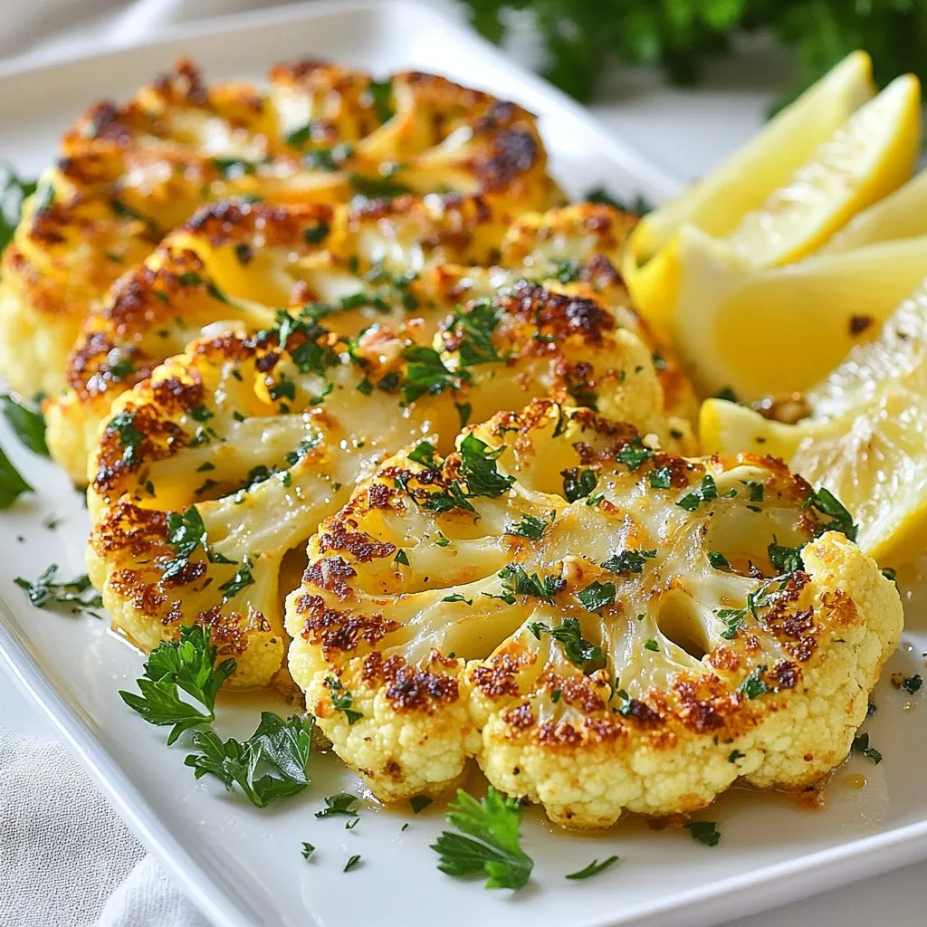 - 1 large head of cauliflower - 4 tablespoons olive oil - 4 garlic cloves, minced - 2 teaspoons dried oregano - 2 teaspoons dried thyme - 1 teaspoon smoked paprika - Salt and pepper to taste - Fresh parsley for garnish - Lemon wedges for serving The key to making delicious garlic herb roasted cauliflower steaks lies in using fresh and high-quality ingredients. A large head of cauliflower acts as the star of the dish. Look for one that is firm and free of blemishes. Olive oil adds richness and helps the flavors meld together. The garlic cloves, minced finely, give this dish its bold flavor. Dried oregano and thyme bring in herbal notes that complement the cauliflower. Smoked paprika adds a hint of smokiness, enhancing the overall taste. Don’t forget to season with salt and pepper to balance the flavors. Finally, fresh parsley adds a bright touch, while lemon wedges provide a zesty finish to each bite. These elements create a simple yet flavorful dish that impresses everyone at the table. {{ingredient_image_1}} - Preheat your oven to 425°F (220°C). This high heat helps the cauliflower get crispy. - Line your baking sheet with parchment paper. This prevents sticking and makes cleanup easy. - Remove the leaves from the cauliflower head. Trim the stem so it can stand flat. - Slice the cauliflower into thick 'steaks', about 1-inch wide. Aim for 2 to 3 large steaks. - In a small bowl, combine 4 tablespoons of olive oil, 4 minced garlic cloves, 2 teaspoons of dried oregano, and 2 teaspoons of dried thyme. - Add 1 teaspoon of smoked paprika, and season with salt and pepper. Mix until all ingredients are combined. - Use a brush to apply the garlic herb mixture generously on both sides of the cauliflower steaks. Make sure every part gets a good coating. - Place the cauliflower steaks on the prepared baking sheet. You can add any extra florets around them. - Roast in the preheated oven for 25-30 minutes. Flip the steaks halfway through for even cooking. Look for a golden brown color and tenderness. - Look for a large head with tight florets. - The color should be bright white without brown spots. - Store in a cool, dry place. Wrap it in a damp cloth. - Use it within a week for the best taste. - Cut the steaks evenly, about one inch thick. This helps them cook well. - Flip the steaks halfway to ensure even browning. - Adjust the spices to match your taste. Add more garlic for a stronger flavor. - Pair with a fresh salad or roasted potatoes. - Try serving with a drizzle of tahini or a yogurt sauce. - Fresh herbs like parsley brighten up the dish. - Lemon wedges are perfect for a zesty finish. Pro Tips Choose a Fresh Cauliflower: Look for a cauliflower that is firm, with tightly packed florets and vibrant green leaves. Fresh cauliflower will have a better texture and flavor. Even Thickness is Key: When slicing the cauliflower into steaks, aim for uniform thickness. This ensures even cooking and prevents some pieces from being overcooked while others are undercooked. Experiment with Seasoning: Feel free to customize the herb and spice blend to your taste. Adding a pinch of red pepper flakes can give a spicy kick, or try different herbs like rosemary or basil. Serve with a Dip: Enhance the dish by serving the roasted cauliflower steaks with a tangy yogurt sauce or a homemade tahini dressing for added flavor and creaminess. {{image_2}} You can make garlic herb roasted cauliflower steaks even tastier. Try adding a few spices or herbs. Here are some ideas: - Cumin: Adds warmth and a slight earthiness. - Chili powder: Gives a nice kick for spice lovers. - Rosemary: A fragrant herb for a fresh taste. Cheese toppings can also enhance the flavor. Consider these options: - Parmesan: Adds a salty, nutty taste. - Feta: Provides a creamy, tangy bite. - Vegan cheese: Great for a plant-based option. This dish is naturally vegan and can be gluten-free. For certified vegan options, just use plant-based cheese. Always check labels to ensure no animal products. If you need gluten-free swaps, replace smoked paprika with a gluten-free version. Most spices are gluten-free, but always verify. You can switch up how you cook cauliflower steaks. Grilling is a fun alternative. - Grilling instructions: Preheat your grill. Brush the steaks with the garlic herb mixture. Grill for 5-7 minutes on each side. This gives a nice char. Using an air fryer is another quick option. - Air fryer method: Preheat the air fryer to 375°F (190°C). Place the steaks in a single layer. Cook for 10-12 minutes, flipping halfway through. This method makes them crispy and tender. After cooking, let the cauliflower steaks cool. Place them in an airtight container. This keeps them fresh. Store in the fridge for up to 3 days. If they smell off or look slimy, it's time to toss them. You can reheat your cauliflower steaks in two ways: microwave or oven. - Microwave: This is quick. Place the steaks on a plate and cover with a damp paper towel. Heat for 1-2 minutes. Watch them closely. - Oven: For best results, preheat your oven to 350°F (175°C). Place the steaks on a baking sheet and heat for about 10 minutes. This keeps them crispy. To maintain texture, don’t overheat. Cauliflower can become mushy if heated too long. If you want to save some for later, freezing works well. First, let them cool completely. Wrap each steak in plastic wrap. Then place them in a freezer bag. This helps prevent freezer burn. To thaw, move the steaks to the fridge overnight. You can cook them straight from frozen, but they may need a few extra minutes in the oven. To check if your cauliflower steaks are done, look for a few signs. They should be golden brown and tender. You can poke them with a fork. If it goes in easily, they are ready. The edges should be crispy, but the center should feel soft. These signs show they have roasted well. Yes, you can get ready in advance. You can slice the cauliflower and store it in the fridge. Just keep it in an airtight container. You can also mix the garlic herb blend ahead. When you are ready to cook, brush the mixture on and roast. This saves time on busy days. If you want a garlic-free dish, you have options. You can use shallots for flavor. Onions also work well. For a different taste, try using lemon zest. It gives a fresh kick. Each choice changes the flavor, so pick what you like best. In this post, we covered how to make tasty garlic herb roasted cauliflower steaks. You learned about the key ingredients, like fresh cauliflower and herbs. I provided step-by-step instructions to prepare and roast them perfectly. Remember, you can tweak the recipe to fit your taste or try new cooking methods. Whether roasting, grilling, or air-frying, enjoy this dish with your favorite sides. With proper storage, you'll keep leftovers fresh. I hope these tips help you create a delicious meal!