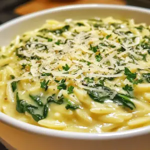 - 1 cup orzo pasta - 2 tablespoons olive oil - 3 cloves garlic, minced - 4 cups fresh spinach - 1 cup heavy cream - 1/2 cup grated Parmesan cheese - Salt and pepper to taste - 1/4 teaspoon nutmeg (optional) - Fresh parsley, chopped (for garnish) Gathering fresh ingredients makes a big difference. The orzo pasta gives this dish a delightful texture. I love using high-quality olive oil; it adds richness. Minced garlic brings a strong flavor that is hard to beat. Fresh spinach not only looks good but is also packed with nutrients. Heavy cream creates the creamy base, making each bite smooth. Parmesan cheese adds a salty note, blending perfectly with the cream. Seasoning with salt and pepper is crucial to enhance all flavors. Nutmeg is optional but adds a warm spice. Finally, fresh parsley gives a bright touch when you serve the dish. With these ingredients, you can create a rich and flavorful meal that everyone will love. Whether you are cooking for a special occasion or just a regular dinner, this creamy garlic spinach orzo will impress. {{ingredient_image_1}} 1. Bring salted water to a boil. Use a big pot for even heat. 2. Cook orzo until al dente. This usually takes about 8-10 minutes. 3. Drain and set aside. Make sure to shake off extra water. 1. Saut&eacute; garlic in olive oil. Heat the oil in a large skillet over medium heat. Add minced garlic and cook for one minute. 2. Add and wilt fresh spinach. Toss in the spinach and stir for 2-3 minutes until it is soft and bright green. 3. Stir in heavy cream and simmer. Pour in the heavy cream. Lower the heat and let it simmer for 3-4 minutes. The sauce will thicken up nicely. 1. Add Parmesan cheese. Sprinkle in the grated cheese and stir until it melts. 2. Mix cooked orzo with the sauce. Add the orzo to the skillet. Stir well to coat the pasta with the creamy sauce. 3. Season with nutmeg, salt, and pepper. Taste and adjust the seasonings to your liking. The nutmeg adds a warm touch. Now, you have a rich and flavorful dish ready to enjoy! Choosing the right orzo Use high-quality orzo pasta for the best taste. Look for brands that have a firm texture. This choice helps the orzo hold the sauce well. Avoiding burnt garlic Saut&eacute; garlic over medium heat. Cook it just until it is fragrant, about one minute. If it turns brown, it will taste bitter. Keep an eye on it to avoid burning. Ensuring creamy texture Slowly add heavy cream to the skillet. Stir gently as it simmers to create a smooth sauce. If it is too thick, add a splash of pasta water. This keeps the sauce creamy and helps it stick to the orzo. Presentation tips for visual appeal Serve creamy garlic spinach orzo in a shallow bowl. Garnish with extra Parmesan and fresh parsley. A drizzle of olive oil adds shine and flavor. Pairing ideas This dish pairs well with a fresh salad or grilled chicken. Try it with roasted vegetables for a colorful plate. Adjusting portion sizes for different servings This recipe serves four. For smaller servings, divide the dish in half. For larger groups, simply double the recipe. You can easily adjust based on your needs. Pro Tips Use Fresh Ingredients: Fresh spinach and quality Parmesan cheese will elevate the flavor of your dish significantly. Always opt for fresh over frozen when possible. Perfectly Cooked Orzo: To avoid mushy orzo, make sure to cook it until al dente. This will ensure it holds its shape and texture in the creamy sauce. Adjust the Cream: For a lighter version, substitute half of the heavy cream with chicken or vegetable broth. This still maintains a nice creaminess while reducing calories. Garnishing: Fresh herbs like parsley not only add color but also enhance the flavor. Consider adding a squeeze of lemon juice for brightness before serving. {{image_2}} You can switch things up in this dish easily. Try using different greens like kale or arugula instead of spinach. These greens add a unique taste and nutritional boost. If you need a dairy-free option, use almond milk or coconut cream instead of heavy cream. You can also swap the Parmesan cheese with a vegan cheese or nutritional yeast for a cheesy flavor. If you want to add protein, consider chicken or shrimp. Cook the protein separately and mix it in before serving. This makes the dish heartier and more filling. You can even add some cooked beans for a plant-based protein. To enhance the flavor, consider adding fresh herbs or spices. Basil, thyme, or red pepper flakes can add a nice kick. Sun-dried tomatoes also bring a sweet and tangy flavor. Chop them up and stir them in for extra depth. Another great tip is to use broth instead of water when cooking your orzo. This infuses the pasta with more flavor. Simply add the broth to your boiling water for a richer taste in every bite. These simple variations can elevate your creamy garlic spinach orzo to a whole new level. To store leftovers of creamy garlic spinach orzo, let it cool first. Place the orzo in an airtight container. This helps keep it fresh. You can keep it in the fridge for up to three days. If you want to save it longer, consider freezing it. For freezing, use freezer-safe containers. Make sure to leave some space for expansion. You can also use freezer bags. Just remove as much air as possible before sealing. When reheating, you have two choices: microwaving or using the stovetop. Microwaving is quick. Place the orzo in a bowl and cover it. Heat in short bursts, stirring in between. This helps it heat evenly. Using the stovetop is great for keeping the creamy texture. Add a splash of cream or water to the orzo. Heat on low, stirring gently. This will help it stay smooth and rich. Always check for seasoning before serving again. How long does creamy garlic spinach orzo last in the fridge? Creamy garlic spinach orzo lasts about 3 to 4 days in the fridge. Store it in an airtight container. This keeps it fresh and tasty. Make sure it cools down before sealing to avoid condensation. Can I make this recipe vegan? Yes, you can make this dish vegan! Use plant-based cream and cheese instead of heavy cream and Parmesan. There are many great options at the store. This way, you still get a rich flavor. What can I serve with creamy garlic spinach orzo? Creamy garlic spinach orzo pairs well with grilled chicken or shrimp for protein. You can also serve a fresh salad on the side for crunch. It makes a lovely meal that is balanced and delicious. This blog post covered how to make creamy garlic spinach orzo. We talked about the key ingredients, step-by-step cooking, and tips for perfecting this dish. I shared ideas for variations, storage methods, and answered your common questions. Remember, you can swap ingredients and adjust flavors to suit your taste. Enjoy making this simple and creamy dish for yourself or friends. It&rsquo;s an easy meal that offers great flavor!
