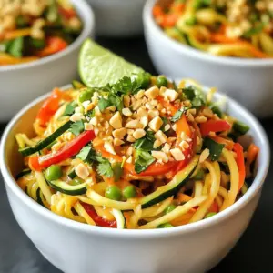 - 4 medium zucchini (zoodles) - 1 red bell pepper, thinly sliced - 1 cup snap peas - 1 cup shredded carrots - 1 cup bean sprouts - 1/4 cup green onions, chopped - 1/4 cup unsalted peanuts, chopped (for garnish) - 1/4 cup creamy peanut butter - 2 tablespoons soy sauce (or tamari for gluten-free) - 1 tablespoon maple syrup - 1 tablespoon lime juice - 1 teaspoon grated ginger - 1 clove garlic, minced - 1 teaspoon sriracha (optional for spice) - Water as needed to thin out the sauce - Spiralizer - Large skillet or wok - Whisk and mixing bowls For this Thai Peanut Zoodle Stir Fry, I love using fresh and crisp veggies. The zoodles made from zucchini serve as a great low-carb base. They soak up the rich peanut sauce perfectly. The red bell pepper adds some sweetness, while snap peas provide a nice crunch. Shredded carrots and bean sprouts top off the mix, making it colorful and vibrant. For the peanut sauce, I combine creamy peanut butter with soy sauce for a salty kick. Maple syrup gives it a touch of sweetness. Lime juice brightens the flavors, and ginger and garlic add warmth. If you like spice, a little sriracha can make it pop! You can adjust the sauce's thickness by adding water. You'll also need a spiralizer to make those zoodles. A large skillet or wok is perfect for stir-frying all the veggies. Don't forget a whisk for mixing the sauce! These tools make cooking easy and fun. {{ingredient_image_1}} - Spiralize zucchini into zoodles. - Set zoodles aside. To start, grab your spiralizer. Cut the ends off the zucchini. Spiralize them into thin noodles. These zoodles will be the base of our dish. Set them aside on a plate or bowl. - Whisk together peanut butter, soy sauce, maple syrup, lime juice, ginger, garlic, sriracha, and water. - Adjust sauce consistency as needed. Next, let&rsquo;s make the peanut sauce. In a bowl, combine the peanut butter, soy sauce, and maple syrup. Add lime juice, grated ginger, and minced garlic. If you like heat, add sriracha. Stir in water until the sauce is smooth. You can add more water if it seems thick. - Heat sesame oil in skillet or wok. - Add red bell pepper, snap peas, and carrots; cook for 3-4 minutes. Now, we move to the skillet. Heat sesame oil on medium-high. Once hot, add the sliced red bell pepper, snap peas, and shredded carrots. Stir-fry for 3 to 4 minutes. We want the veggies to be tender but still crisp. - Add zoodles and bean sprouts; stir-fry for 2-3 minutes. - Pour peanut sauce over the mixture; toss to combine. After the veggies are ready, toss in the zoodles and bean sprouts. Stir-fry for another 2 to 3 minutes. Then, pour the peanut sauce over everything. Toss it well to coat all the ingredients. - Season with salt and pepper to taste. - Garnish with green onions and peanuts before serving. Finally, taste your stir-fry. Add salt and pepper as needed. When ready to serve, sprinkle chopped green onions and peanuts on top. This adds a nice crunch and flavor. Enjoy your delicious Thai Peanut Zoodle Stir Fry! To get the right sauce consistency, start with creamy peanut butter. Add water slowly while whisking. This helps you control the thickness. If you prefer a thicker sauce, use less water. For extra flavor, taste the sauce as you mix. Adjust the soy sauce, lime juice, or maple syrup to fit your taste. A touch of sriracha adds heat, so use it if you like spice. To avoid soggy zoodles, don&rsquo;t cook them too long. Zoodles need just a few minutes in the pan. When you add them, stir gently, but keep cooking time short. Aim for 2-3 minutes, just until they warm up. This keeps them crisp and fresh, giving you the best texture. For a great presentation, use bowls. Serve the zoodle stir fry hot and fresh. Garnish each bowl with chopped peanuts and green onions. A lime wedge on the side adds a nice touch. This not only looks lovely but also adds a zing when squeezed over the dish. You can pair this stir fry with rice or a light salad for a complete meal. Pro Tips Choosing the Right Zucchini: Select medium-sized zucchinis that are firm and free of blemishes for the best texture in your zoodles. Peanut Sauce Consistency: Adjust the thickness of your peanut sauce by gradually adding water until you reach your desired consistency. Vegetable Crispness: To keep your veggies crisp, avoid overcooking them during the stir-fry process; they should retain some crunch. Flavor Boost: For an extra burst of flavor, consider adding a splash of sesame oil to the peanut sauce or a sprinkle of lime zest before serving. {{image_2}} You can change up the veggies in your stir-fry. Try using broccoli, cauliflower, or bell peppers. Seasonal veggies like asparagus or mushrooms work great too. They add flavor and crunch. Want to add protein? You can use chicken, shrimp, or tofu. If using chicken or shrimp, cook them first. This may take about 5-7 minutes. Add tofu later. Cook it until golden, about 3-4 minutes. If you need gluten-free options, swap the soy sauce for tamari. You can also choose gluten-free noodles instead of zoodles. For nut-free diets, try sunflower seed butter in place of peanut butter. This gives you a similar taste without nuts. To store leftovers, let the dish cool completely. Place it in an airtight container. This keeps the zoodles and veggies fresh. The recommended max storage time is about 3 days in the fridge. After that, the zoodles can become soggy and lose flavor. If you want to freeze zoodles and veggie stir-fry, it&rsquo;s best to freeze them separately. Zoodles can get mushy when thawed. Wrap the zoodles tightly in plastic wrap or use a freezer bag. For the stir-fry, use a freezer-safe container. When ready to eat, thaw in the fridge overnight. Reheat in a skillet over low heat to keep the texture nice. For meal prepping, I suggest making a big batch of this dish. You can store it in meal prep containers. Divide it into portions for easy grab-and-go meals. Label each container with the date to track freshness. Keep the zoodles and sauce separate if you plan to store them for longer. This helps maintain the taste and texture. Yes, you can use regular pasta. It will change the dish&rsquo;s texture and taste. Zoodles are low in carbs and gluten-free. They add a fresh crunch. Regular pasta is softer and more filling. If you want a lighter meal, stick with zoodles. If you prefer pasta, cook it al dente for a better bite. For peanut allergies, try almond butter or sunflower seed butter. Both give a similar creaminess. You can also use tahini, which is made from sesame seeds. If you want a nut-free sauce, sunflower seed butter is the best choice. Just remember to adjust the flavors to your liking. The spice level depends on the sriracha. Without sriracha, the dish is mild and tasty. Adding sriracha brings heat, making it more exciting. Start with a little sriracha, then add more if you like it spicy. You control the heat, so make it just right for you! Yes, you can prepare some parts ahead. Spiralize the zucchini and chop the veggies. Store them in the fridge until you&rsquo;re ready. Make the peanut sauce and keep it in a jar. When you&rsquo;re ready to cook, saut&eacute; the veggies and combine everything. This saves time and keeps the dish fresh! This blog post guided you through making a tasty vegetable stir-fry with zoodles and peanut sauce. You learned about key ingredients, cooking tools, and step-by-step instructions. I shared useful tips for perfecting flavors and avoiding mushy zoodles. You can modify this dish with different veggies or proteins, customizing it to fit your needs. Storing leftovers or meal prepping makes it easy to enjoy later. Now, it&rsquo;s your turn to try this simple, healthy dish that is packed with flavor. Enjoy your cooking journey!