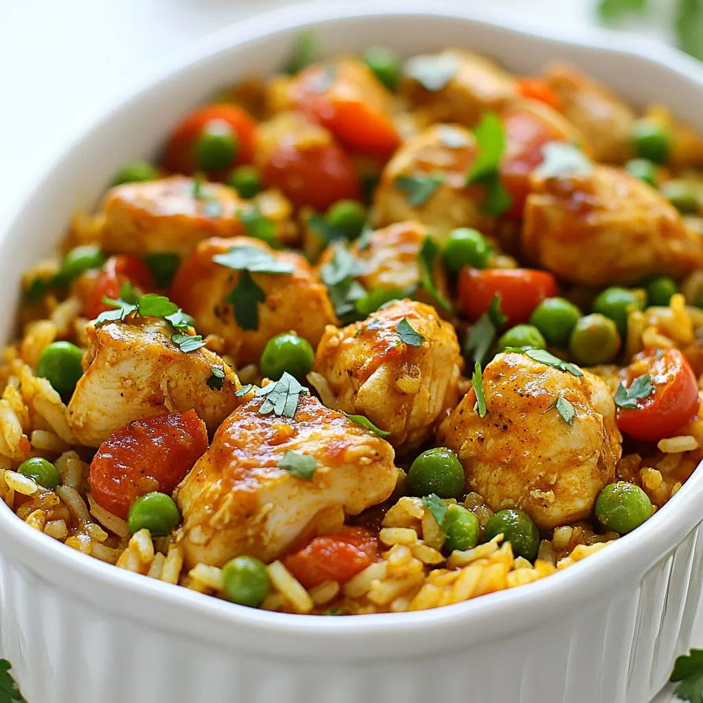 - 1 lb (450g) boneless, skinless chicken thighs, cut into bite-sized pieces - 1 tablespoon Cajun seasoning - 2 tablespoons olive oil - 1 medium onion, diced - 2 cloves garlic, minced - 1 bell pepper, chopped - 1 cup long-grain white rice - 2 cups chicken broth - 1 can (15 oz) diced tomatoes, drained - 1 cup frozen peas - 1 teaspoon smoked paprika - Salt and pepper to taste - Fresh parsley, chopped for garnish Use boneless, skinless chicken thighs for juiciness. You can swap them for chicken breasts if you prefer. For Cajun seasoning, homemade works well. You can mix paprika, cayenne, garlic powder, and dried herbs. Olive oil adds flavor, but any cooking oil works. For rice, long-grain white is best, but brown rice is a healthier option. If you want a kick, add more Cajun seasoning. Always choose fresh veggies. Bright colors mean more flavor. Pick firm bell peppers and onions that feel heavy. For garlic, choose plump cloves. When fresh herbs are available, use them over dried ones. They add a pop of flavor and color. Fresh parsley not only garnishes but enhances taste. {{ingredient_image_1}} Start by gathering all your ingredients. You’ll need chicken, rice, veggies, and spices. Cut the chicken into bite-sized pieces. In a bowl, sprinkle Cajun seasoning over the chicken. Add a pinch of salt and pepper. Toss to coat the chicken evenly. This step packs your dish with flavor. Heat olive oil in a large pot over medium-high heat. Once hot, add the seasoned chicken. Cook until brown on all sides, about 5-7 minutes. Remove the chicken and set it aside. In the same pot, add diced onion, minced garlic, and chopped bell pepper. Sauté for about 5 minutes until they soften. Then, stir in the rice and smoked paprika. Cook for another 1-2 minutes. This toasts the rice and adds depth. Now, pour in the chicken broth and drained diced tomatoes. Mix well. Bring this to a boil. Reduce the heat to low and return the brown chicken to the pot. Cover with a lid and let it simmer for about 18-20 minutes. The rice cooks and absorbs all the flavors. After 20 minutes, check if the rice is tender. If it is, stir in the frozen peas. Cover the pot again for another 5 minutes. This warms the peas through. Once done, remove the pot from heat. Fluff the rice with a fork. Garnish with fresh parsley before serving. Enjoy your one pot Cajun chicken and rice! To boost flavor, use fresh herbs. Parsley adds a nice touch. Consider adding thyme for a deeper taste. A squeeze of lemon juice brightens up the dish too. Serve with hot sauce for some extra heat. One big mistake is overcooking the rice. Keep an eye on it and follow timing. Another mistake is not seasoning the chicken enough. Make sure you coat it well with Cajun seasoning. Lastly, don’t skip the step of toasting the rice. This adds depth and richness. If you use brown rice, increase the cooking time. Brown rice takes longer to cook than white rice. Adjust the liquid amount too; you might need more broth. If using larger chicken pieces, cook them longer for safety. Always check that chicken is fully cooked before serving. Pro Tips Use Fresh Ingredients: Fresh vegetables and herbs can enhance the flavor of your dish, making it more vibrant and delicious. Adjust the Spice Level: If you prefer a milder dish, reduce the amount of Cajun seasoning or use a mild variant to suit your taste. Let it Rest: Allowing the dish to sit for a few minutes after cooking helps the flavors to meld and the rice to firm up slightly. Experiment with Proteins: Feel free to substitute chicken with shrimp or sausage for a different take on this classic recipe. {{image_2}} You can swap chicken for other proteins. Shrimp works great in this dish. Just add it later in the cooking process to avoid overcooking. You can also use sausage, like andouille, for a smoky taste. For a leaner option, turkey breast can be a good fit. Each protein brings a new layer of flavor to the dish. Want a meat-free version? Simply leave out the chicken. Replace it with hearty veggies like mushrooms, zucchini, or eggplant. You can also add chickpeas for protein. Use vegetable broth instead of chicken broth. This keeps all the rich flavors while making it plant-based and filling. Adjust the spices to make the dish your own. Try adding cayenne for heat or lemon zest for brightness. You can also mix in fresh herbs like thyme or oregano. For a smoky flavor, consider using smoked sausage or adding more smoked paprika. Each tweak changes the dish while keeping it delicious. To keep your One Pot Cajun Chicken and Rice fresh, place it in an airtight container. Make sure to cool the dish to room temperature first. This helps stop bacteria from growing. Store it in the fridge for up to three days. When you're ready to eat your leftovers, reheat them on the stove. Use a medium heat and add a splash of chicken broth to prevent sticking. Stir often until it's hot. You can also microwave it. Place it in a safe dish, cover it, and heat in 30-second bursts, stirring in between. You can freeze One Pot Cajun Chicken and Rice for later. Allow it to cool completely. Then, portion it into freezer-safe bags or containers. Remove as much air as you can to avoid freezer burn. It will stay good for about three months. To eat, thaw it overnight in the fridge before reheating. To make Cajun seasoning, mix together a few simple spices. You need: - 1 tablespoon paprika - 1 teaspoon onion powder - 1 teaspoon garlic powder - 1 teaspoon dried oregano - 1 teaspoon dried thyme - 1 teaspoon cayenne pepper - Salt and pepper to taste Combine these spices in a bowl. This mix gives your dish that classic Cajun kick. Yes, you can make Cajun chicken and rice in advance. Cook it fully, then cool it down. Store it in an airtight container. It keeps well in the fridge for up to three days. Reheat it on the stove or in the microwave. Cajun chicken and rice pairs well with several sides. Here are some tasty options: - Fresh green salad - Garlic bread - Steamed vegetables - Coleslaw These sides add freshness and flavor to your meal. Enjoy experimenting with different combinations! This blog post walks you through making a tasty Cajun chicken and rice dish. We covered essential ingredients, cooking steps, and ways to enhance the flavor. Remember to use fresh ingredients for the best taste. Variations let you switch proteins or try vegetarian options. Store leftovers properly and follow reheating tips for great results. With this guide, you can create a delicious meal and avoid common mistakes. Enjoy your cooking and make it your own!