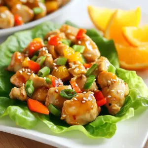 - 1 lb boneless skinless chicken thighs, diced - 1 cup freshly squeezed orange juice - 2 tablespoons vegetable oil - 2 tablespoons soy sauce - 1 tablespoon honey - 1 teaspoon grated ginger - 2 garlic cloves, minced - 1 bell pepper, diced (red or orange) - 1 cup shredded carrots - 1/4 cup green onions, chopped - Lettuce leaves (butter or iceberg) - Sesame seeds for garnish To create these tasty wraps, start with boneless skinless chicken thighs. They stay juicy and tender, making the dish rich in flavor. Freshly squeezed orange juice is key for brightness. It adds a sweet and tangy kick that balances the savory notes. Next, we need vegetable oil for cooking. It helps to brown the chicken and gives a nice crisp. For added depth, soy sauce brings umami. Honey enhances sweetness, making each bite delightful. Grated ginger and minced garlic provide warmth and aromatic layers. Don&rsquo;t forget the veggies! A diced bell pepper adds crunch and color. Shredded carrots bring sweetness and texture. Green onions lend a fresh pop. Finally, lettuce leaves wrap everything up. They provide a crisp contrast to the warm filling. Sesame seeds make a perfect garnish for extra crunch. Gather these ingredients, and you're ready to create a vibrant, tasty meal! {{ingredient_image_1}} Start by dicing the chicken thighs into small cubes. This ensures even cooking and great texture. Next, place the diced chicken in a mixing bowl. Sprinkle 1 tablespoon of cornstarch, along with salt and pepper, over the chicken. Mix well so every piece is coated. Heat 2 tablespoons of vegetable oil in a large skillet over medium-high heat. Once the oil is hot, add the coated chicken. Saut&eacute; the chicken for about 5-7 minutes. Cook until it turns golden brown and is no longer pink in the center. In a separate bowl, combine 1 cup of orange juice, 2 tablespoons of soy sauce, 1 tablespoon of honey, 1 teaspoon of grated ginger, and 2 minced garlic cloves. Whisk together until well mixed. This sauce adds a bright flavor to the dish. Once the chicken is cooked, pour the orange sauce over it in the skillet. Stir to coat the chicken evenly. Allow it to simmer for about 3-4 minutes until the sauce thickens slightly. Next, add in 1 diced bell pepper and 1 cup of shredded carrots. Stir for an additional 2-3 minutes. This helps the veggies stay crisp yet tender. Remove the skillet from heat. Gently fold in 1/4 cup of chopped green onions. To assemble your wraps, take a lettuce leaf and place a generous spoonful of the orange chicken mixture inside. If you like, you can garnish with sesame seeds and more green onions for extra flavor and crunch. To make your orange chicken shine, start by coating the chicken well. Use cornstarch evenly. This step helps to create a crispy texture when cooked. Make sure every piece is coated. You want a nice crunch in each bite. Next, consider the oil you use for cooking. I recommend vegetable oil for this dish. It has a high smoke point, which is great for frying. You can also try peanut oil for a nutty flavor. Just be careful if you have nut allergies. Presentation matters! Serve your lettuce wraps on a large platter. Add extra orange wedges on the side for color. A sprinkle of sesame seeds adds a lovely crunch. This small touch can make your dish pop. When it comes to sides, think light and fresh. A simple cucumber salad pairs well. You can also serve steamed rice or quinoa. These options balance the flavors of the wraps. If you want a lighter dish, consider lower-sugar sauce options. You can use less honey or a sugar substitute. This change keeps the flavor without the extra sugar. For protein, swap chicken for ground turkey or tofu. Both options work well and are tasty. You can even add more vegetables for extra nutrition. Try bell peppers, zucchini, or snap peas for a colorful mix. Pro Tips Marinate the Chicken: For even more flavor, marinate the diced chicken in the orange juice, soy sauce, and honey mixture for at least 30 minutes before cooking. Use Fresh Ingredients: Freshly squeezed orange juice and fresh garlic and ginger will enhance the flavor of the dish significantly compared to bottled versions. Cooking Temperature: Ensure your skillet or wok is hot before adding the chicken. This helps to achieve a nice sear and lock in moisture. Crunch Factor: Add some chopped water chestnuts or toasted nuts for an extra crunch in your wraps! {{image_2}} You can swap chicken for ground turkey or tofu. Ground turkey cooks fast, so aim for 5-6 minutes. Tofu needs a bit longer, about 7-10 minutes to turn golden. Cut protein into small pieces for even cooking. For a vegetarian twist, try chickpeas or mushrooms. Chickpeas add protein and a nice texture. Use canned chickpeas for quick prep. Mushrooms give a rich taste that blends well with the orange sauce. You can change the sweetness or spice level to fit your taste. Add more honey for a sweeter dish or extra chili flakes for heat. You can also add more veggies like zucchini or snap peas for crunch and color. Feel free to experiment! To keep your orange chicken fresh, use airtight containers. Glass or plastic containers work great. After the meal, let the chicken cool to room temperature. Then, store it in the fridge. The chicken will taste best if eaten within three days. To reheat, I suggest using a skillet. Heat it over medium heat. Add a splash of water to keep the chicken moist. Stir until warmed through. Avoid using the microwave, as it can make the chicken rubbery. For the lettuce wraps, serve the chicken mixture on fresh leaves. This keeps the wraps crispy and tasty. You can freeze the orange chicken mixture. Place it in a freezer-safe bag or container. Make sure to remove all the air. It can last for up to three months in the freezer. When ready to eat, thaw it in the fridge overnight. Reheat in a skillet for the best results. Enjoy your orange chicken wraps just like fresh! You can try other leafy greens if you want a change. Here are some great options: - Swiss chard - Collard greens - Romaine lettuce - Napa cabbage These greens add different flavors and textures. Pick what you enjoy most! To make this dish gluten-free, swap regular soy sauce for gluten-free soy sauce. You can find brands like Tamari or coconut aminos in stores. These options work well without gluten but keep the flavor intact. Yes, you can prep this dish ahead of time. Here are some tips: - Cook the chicken and sauce in advance. - Store them in airtight containers in the fridge. - Assemble the wraps just before serving to keep the lettuce crisp. This way, you save time and still enjoy fresh wraps! These wraps pair nicely with various sides. Consider these options: - Steamed rice or quinoa - Fried rice - Vegetable stir-fry - Asian slaw These sides add flavor and balance to your meal, making it even more enjoyable! In this post, I covered how to make delicious orange chicken lettuce wraps. We explored key ingredients like chicken, fresh orange juice, and flavorful seasonings. I provided step-by-step cooking instructions and helpful tips for perfect results. You can customize the dish with different proteins and vegetables while keeping it healthy. Remember, these wraps are not just tasty; they&rsquo;re also fun to make. Enjoy your time in the kitchen creating a meal that everyone will love.