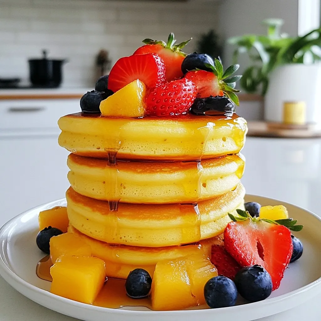 To make fluffy Japanese souffle pancakes, you need a few simple ingredients. Here’s what you will need: - 2 large eggs, separated - 2 tablespoons milk - 1 tablespoon all-purpose flour - 1 tablespoon cornstarch - 1 teaspoon baking powder - 1 teaspoon vanilla extract - 1 tablespoon sugar - A pinch of salt - Butter, for cooking - Maple syrup and fresh fruit, for serving Each of these ingredients plays a key role in creating that fluffy texture. The egg whites give volume and lightness, while the yolks add richness. The milk helps bind the mix, and the flour and cornstarch provide structure. Baking powder creates those lovely bubbles, making them rise. The vanilla adds a nice flavor, while sugar gives sweetness. A little salt balances everything out. Butter is essential for cooking, ensuring the pancakes don’t stick. For serving, I love using maple syrup and fresh fruit. They add a sweet touch that pairs perfectly with the pancakes’ fluffiness. {{ingredient_image_1}} - Whisking egg whites Start by separating the egg whites from the yolks. Place the egg whites in a large bowl. Add a pinch of salt. Use a whisk to beat the egg whites until you see soft peaks. This means the mixture holds its shape but still bends. Slowly add the sugar. Keep whisking until the egg whites look shiny and form stiff peaks. This is key for fluffy pancakes. - Mixing egg yolks and dry ingredients In another bowl, add the egg yolks. Pour in the milk and vanilla extract. Whisk this mixture until smooth. Then, add the all-purpose flour, cornstarch, and baking powder. Mix until there are no lumps. This batter will be thick and creamy. - Folding egg mixtures Now, take one-third of the whipped egg whites. Gently fold it into the yolk mixture with a spatula. Be careful! You want to keep the fluffiness. Repeat this two more times until all the egg whites are combined. The batter should look light and airy. - Heating the skillet and adding butter Heat a non-stick skillet over low heat. Add a small amount of butter to coat the pan. This helps prevent sticking and adds flavor. - Pouring and cooking the batter Use a ring mold or a large cookie cutter. Pour about 1/4 of the batter into the mold. Let it cook for 4-5 minutes. You will see bubbles form on top. This means it’s time to flip! - Flipping and finishing the pancakes Carefully flip the pancake while keeping the mold on. Cover the skillet with a lid. Cook for another 4-5 minutes. This helps it puff up. Once done, gently remove the mold. Place the pancakes on a plate. - Stacking pancakes You can stack the pancakes high on a plate. This makes them look fancy and inviting. - Adding toppings Drizzle warm maple syrup over the pancakes. Add fresh fruit like berries or bananas on top. This adds flavor and makes it colorful. Enjoy your fluffy Japanese souffle pancakes warm! To make your pancakes fluffy, focus on whisking your egg whites well. Start with room temperature eggs for better volume. Use a clean bowl and beaters to avoid any grease. Whisk until soft peaks form, then add sugar and whisk until stiff peaks form. This step adds air, creating that light texture. Keep your heat low while cooking the pancakes. This allows them to rise slowly without burning. If the heat is too high, the outside cooks too fast and the inside stays raw. Using a ring mold helps shape your pancakes evenly. It holds the batter in place as it cooks. If you don’t have a mold, a large cookie cutter works too. Just make sure it’s non-stick to avoid any sticking. Overmixing your pancake batter can ruin the fluffiness. Gently fold the egg whites into the yolk mixture until just combined. This keeps the air bubbles intact. Always use a non-stick skillet for cooking. A regular skillet can cause sticking and uneven cooking. This means you won’t get that perfect fluffy pancake. Grease your skillet lightly with butter to ensure easy flipping. Pro Tips Egg Whites Matter: Make sure your mixing bowl and whisk are completely clean and free of any grease to achieve the best volume when whipping the egg whites. Low and Slow Cooking: Cooking on low heat is key to puffing up the pancakes without burning them. Patience will yield a fluffy texture. Use a Ring Mold: A ring mold helps the pancakes maintain their shape and height while cooking, ensuring that they cook evenly. Serve Immediately: These pancakes are best enjoyed fresh off the skillet. Serve them warm with maple syrup and fresh fruit for the ultimate treat! {{image_2}} You can change the flavor of these pancakes. Try matcha souffle pancakes for a fresh twist. Just add 1-2 teaspoons of matcha powder to the egg yolk mix. It gives a lovely green color and earthy taste. Chocolate souffle pancakes are also a hit. Mix in 1 tablespoon of cocoa powder with the dry ingredients. This will make your pancakes rich and chocolatey. Fruit-infused variations are fun too. Add small pieces of your favorite fruit, like berries or bananas, to the batter. This adds natural sweetness and makes the pancakes even more delicious. If you want a savory option, think outside the box. You can add cheese or herbs to the batter. This adds a nice twist to the sweet flavor. For toppings, the sky is the limit. Maple syrup is classic, but consider honey or yogurt. Fresh fruit adds color and taste, while nuts give a crunchy texture. You can also sprinkle powdered sugar on top for a sweet finish. To keep your fluffy Japanese souffle pancakes fresh, follow these tips: - Refrigeration guidelines: Place cooled pancakes in an airtight container. They can stay in the fridge for 2 to 3 days. If you plan to eat them later, let them cool first. This helps avoid moisture buildup. - Freezing instructions: For longer storage, freeze pancakes. Stack them with parchment paper in between. Use a freezer-safe bag or container. They can last up to 2 months in the freezer. When ready, thaw them in the fridge overnight before reheating. To enjoy your pancakes again, reheating is key: - Best methods for reheating: Use a microwave for quick reheating. Place pancakes on a microwave-safe plate. Heat them for 10 to 15 seconds. For a fresher taste, you can also use a skillet. Heat on low for a few minutes, flipping gently. - Maintaining fluffy texture when reheating: If using a skillet, cover with a lid. This traps steam, helping to keep pancakes fluffy. Avoid high heat, as it can dry them out. Always check for warmth before serving. To make fluffy Japanese souffle pancakes, start by separating the eggs. Whisk the egg whites with a pinch of salt until soft peaks form. Gradually add sugar and whisk until stiff peaks form. In another bowl, mix the egg yolks, milk, vanilla, flour, cornstarch, and baking powder until smooth. Gently fold the egg whites into the yolk mixture. Heat a non-stick skillet on low, and grease it with butter. Pour the batter into a ring mold and cook until bubbles form. Flip carefully, cover, and cook until puffed. If you don’t have cornstarch, you can use all-purpose flour. The pancakes may be a bit less airy but still taste great. You can also try using arrowroot powder for a similar effect. Just remember that each substitute may change the texture slightly. Souffle pancakes last about two days in the fridge. Store them in an airtight container to keep them fresh. You can also freeze them for up to a month. Just make sure to separate them with parchment paper to avoid sticking. Yes, you can prepare the batter ahead of time. Store it in the fridge for up to a day. When ready, cook the pancakes fresh for the best texture. You can also cook them in advance and reheat them gently. A non-stick skillet is best for fluffy Japanese souffle pancakes. This type helps prevent sticking and allows for easy flipping. A skillet with a thick bottom works well, as it provides even heat. Consider using a ring mold to help shape the pancakes as they cook. You now know how to make fluffy Japanese souffle pancakes. We covered the key ingredients, preparation steps, and cooking techniques. You also learned tips for achieving that perfect texture and how to avoid common mistakes. Experimenting with variations can make your pancakes even more delicious. Remember to store leftover pancakes properly so they stay tasty. Try different toppings to find your favorite combination. Enjoy your cooking and have fun sharing these treats!