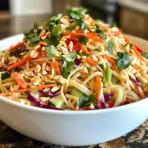- 8 oz rice noodles - 1 cup shredded carrots - 1 red bell pepper, thinly sliced - 1 cucumber, julienned - 1 cup red cabbage, shredded - &frac12; cup green onions, chopped - 1 cup cooked and shredded chicken (or tofu for a vegetarian option) - &frac14; cup chopped fresh cilantro - &frac12; cup roasted peanuts, roughly chopped For this salad, the rice noodles are the base. They soak up the dressing well. Fresh vegetables add color, crunch, and nutrition. You can use chicken or tofu for protein. Garnishes like cilantro and peanuts give extra flavor and texture. - 3 tablespoons peanut butter - 2 tablespoons soy sauce - 2 tablespoons lime juice - 1 tablespoon honey or agave syrup - 1 tablespoon sesame oil - 1 teaspoon grated fresh ginger - 1 garlic clove, minced - Water to thin (as necessary) The peanut dressing makes the salad special. Peanut butter adds creaminess. Soy sauce gives a salty kick. Lime juice brings brightness. You can adjust the thickness with water. Sweeteners like honey balance the flavors. Ginger and garlic add depth, making every bite tasty. {{ingredient_image_1}} Start by boiling a pot of water. Once it boils, add the rice noodles. Cook them for about 4 to 5 minutes. They should become soft but not mushy. After cooking, drain the noodles and rinse them under cold water. This stops the cooking and cools them down. Set the noodles aside while you prepare the rest of the salad. In a small bowl, mix together the peanut butter, soy sauce, lime juice, honey, sesame oil, ginger, and minced garlic. Whisk these ingredients until they blend well. If the dressing seems too thick, add water. Use one tablespoon at a time until it reaches the right consistency. You want it smooth but not runny. In a large bowl, combine the cooled noodles with the shredded carrots, sliced bell pepper, julienned cucumber, shredded cabbage, and chopped green onions. If you are adding protein, mix in the shredded chicken or tofu. This mix of colors and textures makes the salad fun. Now, pour the peanut dressing over your noodle and veggie mix. Use tongs or your hands to toss everything together. Make sure all the noodles and veggies get coated. For the final touch, gently fold in the chopped cilantro and roasted peanuts. These add a nice crunch and fresh flavor. Let the salad chill in the fridge for at least 30 minutes. This helps all the flavors blend together nicely before serving. To make the perfect peanut dressing, aim for a smooth and creamy texture. Start with three tablespoons of peanut butter. Add soy sauce, lime juice, honey, sesame oil, ginger, and garlic. Mix these ingredients well in a bowl. If your dressing is too thick, add water. Add a tablespoon at a time until it reaches the right thickness. You can switch up flavors by changing ingredients. Try almond butter instead of peanut butter for a new twist. You can also use rice vinegar instead of lime juice. These small changes can create a unique taste! When serving your Thai peanut noodle salad, use a large, colorful bowl. This makes the dish pop! Top it with extra cilantro and crushed peanuts for added texture. Lime wedges on the side are great too. They add a fresh, zesty touch. Arrange the salad so that all colors show. Layer your ingredients for a beautiful look. A well-presented salad makes your meal even more enjoyable! If you need to change the number of servings, it's easy! To scale up, just double the ingredients. For fewer servings, cut the amounts in half. This way, you can serve just the right amount. For individual servings, put salad in small bowls. This makes it easy for guests to enjoy. Plus, each person can have their own portion. Pro Tips Use Fresh Ingredients: Fresh vegetables not only enhance the flavor but also add vibrant colors to your salad. Always opt for organic and seasonal produce when possible. Customize Your Protein: Feel free to switch up the protein in this salad. Shrimp, tofu, or even chickpeas work wonderfully, making this dish versatile for any dietary preference. Adjusting Dressing Consistency: If your peanut dressing is too thick, add water gradually until you reach your desired consistency. This ensures a perfect coating on your noodles and veggies. Chill for Flavor: Allowing the salad to chill for at least 30 minutes before serving lets the flavors meld beautifully, resulting in a more delicious dish. {{image_2}} You can easily make this salad vegetarian or vegan. Instead of chicken, use tofu. Tofu adds great texture and absorbs flavors well. Press the tofu to remove extra water. Then, cut it into cubes and saut&eacute; until golden. For sweeteners, swap honey with agave syrup to keep it vegan. Both options work great and taste fantastic. Feel free to get creative with your veggies. Instead of red bell pepper, try yellow or orange for a sweeter taste. You can add snap peas or broccoli for a crunch. If you like heat, toss in some sliced jalape&ntilde;os. Explore different herbs too. Basil or mint can add a fresh twist. Mix and match to find your favorite flavors! This Thai peanut noodle salad pairs well with many dishes. Serve it as a side to grilled chicken or shrimp. You can also enjoy it with a light soup for a complete meal. Add a side of spring rolls for a fun, Asian-inspired feast. If you want a heartier meal, serve it with rice or quinoa. To keep your Thai Peanut Noodle Salad fresh, store it in the fridge. Use an airtight container. This helps keep the flavors strong and the veggies crisp. Make sure to cool the salad first before placing it in the fridge. It&rsquo;s best to eat leftovers within three days for the best taste. If you want to reheat the noodles, do it gently. You can use a microwave or a skillet. For the microwave, heat it in short bursts to avoid overcooking. If using a skillet, add a bit of water to keep the noodles moist. Toss gently to avoid breaking them. It&rsquo;s not always needed to reheat the salad, but if you do, keep the dressing separate until you're ready to eat. Your Thai Peanut Noodle Salad lasts about three days in the fridge. Look for a change in color or smell as signs it has gone bad. If it looks slimy or has an off smell, it&rsquo;s best to toss it. Enjoy it while it&rsquo;s fresh for the best flavor and crunch! Yes, you can make this salad ahead of time. It tastes great when chilled. Prep the salad up to one day in advance. Cook the noodles and mix in the veggies. Keep the dressing separate until serving. This keeps the salad crisp. Just toss everything together before you eat. You can add many proteins to this salad. Cooked shrimp is a tasty choice. Grilled chicken works well too. For a vegetarian option, try tofu. You can even use chickpeas for a protein boost. All options add flavor and texture. Yes, this salad can be gluten-free. Use gluten-free soy sauce or tamari instead of regular soy sauce. Make sure the rice noodles are gluten-free too. Many brands offer gluten-free options. This way, everyone can enjoy the salad. Thai peanut noodle salad is fresh, tasty, and easy to make. You blend rice noodles, vibrant veggies, and your choice of protein, then dress it with a rich peanut sauce. Remember, you can tweak ingredients to suit your taste and dietary needs. Finally, store your leftovers correctly for the best flavor. Enjoy creating this versatile dish, and don't hesitate to experiment with variations. With a little practice, you'll elevate your cooking skills and impress your loved ones with delightful meals.
